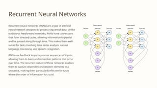 Recurrent Neural Networks
Recurrent neural networks (RNNs) are a type of artificial
neural network designed to process sequential data. Unlike
traditional feedforward networks, RNNs have connections
that form directed cycles, allowing information to persist
and be passed along through time. This makes them well-
suited for tasks involving time series analysis, natural
language processing, and speech recognition.
RNNs use feedback loops to process sequences of inputs,
allowing them to learn and remember patterns that occur
over time. The recurrent nature of these networks enables
them to capture dependencies between elements in a
sequence, making them particularly effective for tasks
where the order of information is crucial.
 