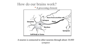 How do our brains work?
 A processing element
A neuron is connected to other neurons through about 10,000
synapses
 