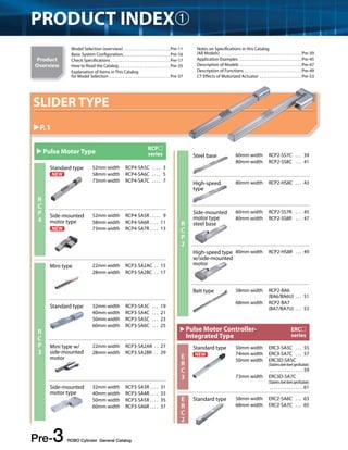 PRODUCT INDEX➀ 
Model Selection (overview) . Pre-11 
Basic System Configuration. . Pre-16 
Check Specifications. . Pre-17 
How to Read the Catalog. . Pre-35 
Explanation of Items in This Catalog 
for Model Selection . Pre-37 
Mini type 
Standard type 32mm width RCP3-SA3C . 19 
40mm width RCP3-SA4C . 21 
50mm width RCP3-SA5C . 23 
60mm width RCP3-SA6C . 25 
Pre-3﻿ ROBO Cylinder General Catalog 
Notes on Specifications in this Catalog 
(All Models) . Pre-39 
Application Examples . Pre-45 
Description of Models . Pre-47 
Description of Functions . Pre-49 
CT Effects of Motorized Actuator . Pre-53 
Product 
Overview 
SLIDER TYPE 
P.1 
Side-mounted 
motor type 
steel base 
High-speed type 
w/side-mounted 
motor 
60mm width RCP2-SS7R . 45 
80mm width RCP2-SS8R . 47 
80mm width RCP2-HS8R . 49 
 Pulse Motor Controller- 
Integrated Type 
ERC 
series 
RCP4 
RCP2 
RCP3 
ERC3 
ERC2 
 Pulse Motor Type RCP 
series 
Standard type 
Side-mounted 
motor type 
Mini type w/ Standard type 
side-mounted 
motor 
Side-mounted 
motor type 
Steel base 
High-speed 
type 
Belt type 
Standard type 
52mm width RCP4-SA5C . 3 
58mm width RCP4-SA6C . 5 
73mm width RCP4-SA7C . 7 
52mm width RCP4-SA5R . 9 
58mm width RCP4-SA6R . 11 
73mm width RCP4-SA7R . 13 
22mm width RCP3-SA2AC . 15 
28mm width RCP3-SA2BC . 17 
60mm width RCP2-SS7C . 39 
80mm width RCP2-SS8C . 41 
80mm width RCP2-HS8C . 43 
58mm width RCP2-BA6 
(BA6/BA6U) . 51 
68mm width RCP2-BA7 
(BA7/BA7U) . 53 
58mm width ERC2-SA6C . 63 
68mm width ERC2-SA7C . 65 
22mm width RCP3-SA2AR . 27 
28mm width RCP3-SA2BR . 29 
50mm width ERC3-SA5C . 55 
74mm width ERC3-SA7C . 57 
50mm width ERC3D-SA5C 
(Stainless steel sheet specification). . 
. 59 
73mm width ERC3D-SA7C 
(Stainless steel sheet specification). . 
32mm width RCP3-SA3R .... 31 ............61 
40mm width RCP3-SA4R . 33 
50mm width RCP3-SA5R . 35 
60mm width RCP3-SA6R . 37 
 