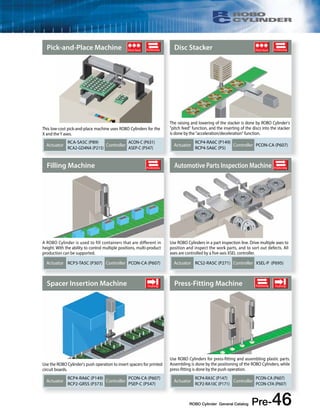 ROBO Cylinder General Catalog Pre-46 
Pick-and-Place Machine 
Actuator 
Pitch feed Positioning 
This low-cost pick-and-place machine uses ROBO Cylinders for the 
X and the Y axes. 
RCA-SA5C (P89) 
RCA2-GD4NA (P215) 
Controller 
ACON-C (P631) 
ASEP-C (P547) 
Disc Stacker 
Actuator 
Pitch feed Positioning 
The raising and lowering of the stacker is done by ROBO Cylinder's 
pitch feed function, and the inserting of the discs into the stacker 
is done by the acceleration/deceleration function. 
RCP4-RA6C (P149) 
RCP4-SA6C (P5) 
Controller PCON-CA (P607) 
Filling Machine 
Actuator 
Positioning 
A ROBO Cylinder is used to fill containers that are different in 
height. With the ability to control multiple positions, multi-product 
production can be supported. 
RCP3-TA5C (P307) Controller PCON-CA (P607) 
Automotive Parts Inspection Machine 
Actuator 
Positioning 
Use ROBO Cylinders in a part inspection line. Drive multiple axes to 
position and inspect the work parts, and to sort out defects. All 
axes are controlled by a five-axis XSEL controller. 
RCS2-RA5C (P271) Controller XSEL-P (P695) 
Spacer Insertion Machine 
Actuator 
Pushing 
Use the ROBO Cylinder's push operation to insert spacers for printed 
circuit boards. 
RCP4-RA6C (P149) 
RCP2-GRSS (P373) 
Controller 
PCON-CA (P607) 
PSEP-C (P547) 
Press-Fitting Machine 
Actuator 
Positioning Pushing 
Use ROBO Cylinders for press-fitting and assembling plastic parts. 
Assembling is done by the positioning of the ROBO Cylinders, while 
press-fitting is done by the push operation. 
RCP4-RA5C (P147) 
RCP2-RA10C (P171) 
Controller 
PCON-CA (P607) 
PCON-CFA (P607) 
 