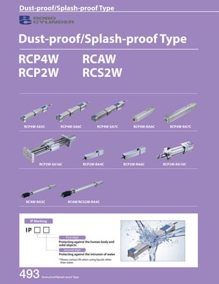 RDCuPst4-Wpr o ROoBOf /CSylinpdelrash-proof Type 493 Dust-proof/Splash-proof Type 
RCP4W 
RCP2W 
RCP4W-SA5C RCP4W-SA6C RCP4W-SA7C RCP4W-RA6C RCP4W-RA7C 
RCP2W-SA16C RCP2W-RA4C RCP2W-RA10C 
RCAW-RA3C RCAW/RCS2W-RA4C 
Protecting against the human body and 
solid objects 
Dust-proof/Splash-proof Type 
RCP2W-RA6C 
IP Marking 
First digit 
Second digit 
Protecting against the intrusion of water 
* Please contact IAI when using liquids other 
than water. 
IP   
RCAW 
RCS2W 
 