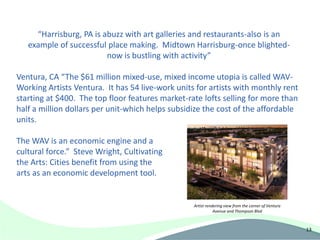 “Harrisburg, PA is abuzz with art galleries and restaurants-also is an
   example of successful place making. Midtown Harrisburg-once blighted-
                         now is bustling with activity”

Ventura, CA “The $61 million mixed-use, mixed income utopia is called WAV-
Working Artists Ventura. It has 54 live-work units for artists with monthly rent
starting at $400. The top floor features market-rate lofts selling for more than
half a million dollars per unit-which helps subsidize the cost of the affordable
units.

The WAV is an economic engine and a
cultural force.” Steve Wright, Cultivating
the Arts: Cities benefit from using the
arts as an economic development tool.


                                                  Artist rendering view from the corner of Ventura
                                                             Avenue and Thompson Blvd



                                                                                                     13
 
