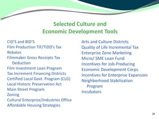 Selected Culture and
                    Economic Development Tools
CID’S and BID’S                         Arts and Culture Districts
Film Production TIF/TIDD’s Tax          Quality of Life Incremental Tax
Rebates                                 Enterprise Zone Marketing
Filmmaker Gross Receipts Tax            Micro/ SME Loan Fund
   Deduction                            Incentives for Job-Producing
Film Investment Loan Program            Economic Development Corps.
Tax Increment Financing Districts       Incentives for Enterprise Expansion
Certified Local Govt. Program (CLG)     Neighborhood Stabilization
Local Historic Preservation Act            Program
Main Street Program
                                        Incubators
Zoning
Cultural Enterprise/Industries Office
Affordable Housing Strategies
                                                                              28
 