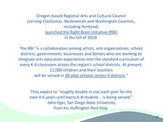 Oregon-based Regional Arts and Cultural Council
    (serving Clackamas, Multnomah and Washington Counties,
                        including Portland)
              launched the Right Brain Initiative (RBI)
                         in the fall of 2010.

 The RBI "is a collaboration among artists, arts organizations, school
 districts, governments, businesses and donors who are working to
integrate arts education experiences into the standard curriculum of
 every K-8 classroom across the region's school districts. At present,
                   11,000 children and their teachers
          will be served in 20 pilot schools across 4 districts."


      They expect to "roughly double in size each year for the
      next 4-6 years until every K-8 student... is being served.”
                John Eger, San Diego State University,
                   from his Huffington Post blog.
                                                                         32
 