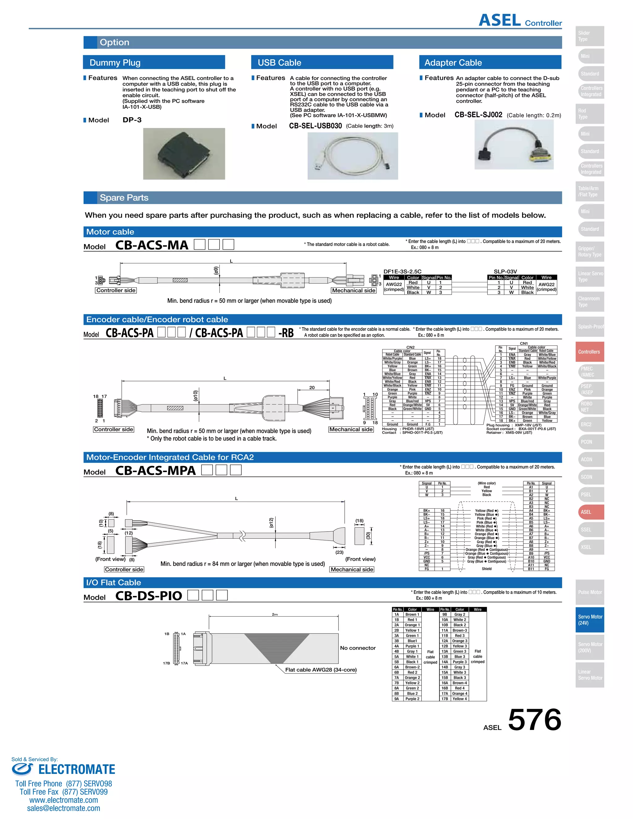 Option 
Spare Parts 
When you need spare parts after purchasing the product, such as when replacing a cable, refer to the list of models below. 
* The standard motor cable is a robot cable. 
Wire Color Signal Pin No. Pin No. 
Cable color Signal Standard Cable Robot Cable 
Robot Cable Standard Cable 1 ENA Gray White/Blue 
Signal Pin No. Pin No. Signal 
Pin No. Color Wire 
Flat 
cable 
crimped 
(Wire color) 
Red 
Yellow 
Black 
Yellow (Red ) 
Yellow (Blue ) 
Pink (Red ) 
Pink (Blue ) 
White (Red ) 
White (Blue ) 
Orange (Red ) 
Orange (Blue ) 
Gray (Red ) 
Gray (Blue ) 
Orange (Red  Contiguous) 
Orange (Blue  Contiguous) 
Gray (Red  Contiguous) 
Gray (Blue  Contiguous) 
Wire 
Flat 
cable 
crimped 
Pin No. Color 
1A Brown 1 9B Gray 2 
Min. bend radius r = 50 mm or larger (when movable type is used) 
Encoder cable/Encoder robot cable 
Motor-Encoder Integrated Cable for RCA2 
1B 1A 
17B 17A 
(Front view) 
Flat cable AWG28 (34-core) 
2㨙 
10 
No connector 
1B 
2A 
2B 
3A 
3B 
4A 
4B 
5A 
5B 
6A 
6B 
7A 
7B 
8A 
8B 
9A 
Red 1 
Orange 1 
Yellow 1 
Green 1 
Blue1 
Purple 1 
Gray 1 
White 1 
Black 1 
Brown-2 
Red 2 
Orange 2 
Yellow 2 
Green 2 
Blue 2 
Purple 2 
10A 
10B 
11A 
11B 
12A 
12B 
13A 
13B 
14A 
14B 
15A 
15B 
16A 
16B 
17A 
17B 
White 2 
Black 2 
Brown-3 
Red 3 
Orange 3 
Yellow 3 
Green 3 
Blue 3 
Purple 3 
Gray 3 
White 3 
Black 3 
Brown-4 
Red 4 
Orange 4 
Yellow 4 
Motor cable 
17 
(Front view) 
I/O Flat Cable 
(ø9) 
L 
(ø10) 
Model　CB-DS-PIO □□□ 
* Enter the cable length (L) into □□□ . Compatible to a maximum of 10 meters. 
　 Ex.: 080 = 8 m 
Dummy Plug 
When connecting the ASEL controller to a 
computer with a USB cable, this plug is 
inserted in the teaching port to shut off the 
enable circuit. 
(Supplied with the PC software 
IA-101-X-USB) 
A cable for connecting the controller 
to the USB port to a computer. 
A controller with no USB port (e.g. 
XSEL) can be connected to the USB 
port of a computer by connecting an 
RS232C cable to the USB cable via a 
USB adapter. 
(See PC software IA-101-X-USBMW) 
DP-3 
USB Cable Adapter Cable 
CB-SEL-USB030 (Cable length: 3m) 
An adapter cable to connect the D-sub 
25-pin connector from the teaching 
pendant or a PC to the teaching 
connector (half-pitch) of the ASEL 
controller. 
CB-SEL-SJ002 (Cable length: 0.2m) 
Features 
Model 
Features 
Model 
Features 
Model 
AWG22 
(crimped) White 
U 1 
Signal Color Wire 
Red 123 
Black 
VW 
23 
W V U 
Red 
White 
Black 
AWG22 
(crimped) 
DF1E-3S-2.5C SLP-03V 
13 
1 
3 
L 
Controller side Mechanical side 
White/Purple Blue LS+ 18 
Housing : PHDR-18VR (JST) 
Contact : SPHD-001T-P0.5 (JST) 
Plug housing : XMP-18V (JST) 
Socket contact : BXA-001T-P0.6 (JST) 
Retainer : XMS-09V (JST) 
CN2 
CN1 
Pin 
No. 
Cable color 
1 
9 18 
20 
18 
2 1 
Controller side Mechanical side 
White/Gray 
Yellow 
Blue 
White/Blue 
White/Yellow 
White/Red 
White/Black 
Orange 
Green 
Purple 
Gray 
Red 
Black 
Ground 
Orange 
Green 
Brown 
Gray 
Red 
Black 
Yellow 
Pink 
Purple 
White 
Blue/red 
Orange/White 
Green/White 
Ground 
LS− 
BK+ 
BK− 
ENA 
ENA 
ENB 
ENB 
ENZ 
ENZ 
VPS 
5V 
GND 
F.G 
17 
16 
15 
14 
13 
12 
11 
10 
987654321 
23456789 
10 
11 
12 
13 
14 
15 
16 
17 
18 
ENA 
ENB 
ENB 
−− 
LS+ 
− 
FG 
ENZ 
ENZ 
− 
VPS 
5V 
GND 
LS− 
BK− 
BK+ 
Red 
Black 
Yellow 
Blue 
Ground 
Pink 
Purple 
White 
Blue/red 
Orange/White 
Green/White 
Orange 
Brown 
Green 
White/Yellow 
White/Red 
White/Black 
White/Purple 
Ground 
Orange 
Green 
Purple 
Gray 
Red 
Black 
White/Gray 
Blue 
Yellow 
Pin 
No. 
Signal 
Model　CB-ACS-MA □□□ 
* Enter the cable length (L) into □□□ . Compatible to a maximum of 20 meters. 
　 Ex.: 080 = 8 m 
Model　CB-ACS-PA □□□ / CB-ACS-PA □□□ -RB 
* Enter the cable length (L) into □□□ . Compatible to a maximum of 20 meters. 
　 Ex.: 080 = 8 m 
* The standard cable for the encoder cable is a normal cable. 
　 A robot cable can be specified as an option. 
BK− 
LS+ 
LS− 
A+ 
A− 
B+ 
B− 
Z+ 
Z− 
/PS 
VCC 
GND 
NC 
FG 
L 
UVW 
Shield 
123 
A1 U 
BK+ 16 
(10) 
(ø12) 
(18) 
(8) 
(12) 
(23) 
(8) 
(5) 
(30) 
(18) 
Controller side 
Mechanical side 
15 
18 
17 
14 
13 
12 
11 
10 
98765 
1 
B1 
A2 
B2 
A3 
B3 
A4 
B4 
A5 
B5 
A6 
B6 
A7 
B7 
A8 
B8 
A9 
B9 
A10 
B10 
A11 
B11 
VW 
NC 
NC 
NC 
BK+ 
BK− 
LS+ 
LS− 
A+ 
A− 
B+ 
B− 
Z+ 
Z− 
/PS 
VCC 
GND 
NC 
FG 
Model　CB-ACS-MPA □□□ 
* Enter the cable length (L) into □□□ . Compatible to a maximum of 20 meters. 
　 Ex.: 080 = 8 m 
Min. bend radius r = 50 mm or larger (when movable type is used) 
* Only the robot cable is to be used in a cable track. 
Min. bend radius r = 84 mm or larger (when movable type is used) 
ASEL 576 
Slider 
Type 
Mini 
Standard 
Controllers 
Integrated 
Rod 
Type 
Mini 
Standard 
Controllers 
Integrated 
Table/Arm 
/Flat Type 
Mini 
Standard 
Gripper/ 
Rotary Type 
Linear Servo 
Type 
Cleanroom 
Type 
Splash-Proof 
Controllers 
PMEC 
/AMEC 
PSEP 
/ASEP 
ROBO 
NET 
ERC2 
PCON 
ACON 
SCON 
PSEL 
ASEL 
SSEL 
XSEL 
Pulse Motor 
Servo Motor 
(24V) 
Servo Motor 
(200V) 
Linear 
Servo Motor 
ASEL Controller 
Sold  Serviced By: 
ELECTROMATE 
Toll Free Phone (877) SERVO98 
Toll Free Fax (877) SERV099 
www.electromate.com 
sales@electromate.com 
