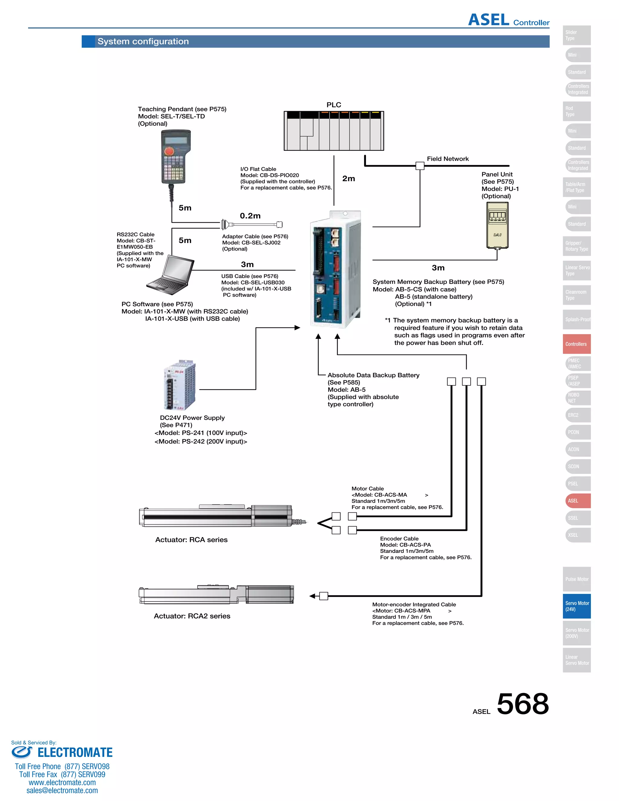 Teaching Pendant (see P575) 
Model: SEL-T/SEL-TD 
(Optional) 
I/O Flat Cable 
Model: CB-DS-PIO020 
(Supplied with the controller) 
For a replacement cable, see P576. 
Panel Unit 
(See P575) 
Model: PU-1 
(Optional) 
Field Network 
System Memory Backup Battery (see P575) 
*1 The system memory backup battery is a 
required feature if you wish to retain data 
such as flags used in programs even after 
the power has been shut off. 
Motor Cable 
Model: CB-ACS-MA 
Standard 1m/3m/5m 
For a replacement cable, see P576. 
Encoder Cable 
Model: CB-ACS-PA 
Standard 1m/3m/5m 
For a replacement cable, see P576. 
Adapter Cable (see P576) 
Model: CB-SEL-SJ002 
(Optional) 
USB Cable (see P576) 
Model: CB-SEL-USB030 
(included w/ IA-101-X-USB 
PC software) 
RS232C Cable 
Model: CB-ST-E1MW050- 
EB 
(Supplied with the 
IA-101-X-MW 
PC software) 
PC Software (see P575) 
Model: IA-101-X-MW (with RS232C cable) 
IA-101-X-USB (with USB cable) 
2m 
0.2m 
3m 3m 
5m 
5m 
DC24V Power Supply 
(See P471) 
Model: PS-241 (100V input) 
Model: PS-242 (200V input) 
PLC 
Actuator: RCA series 
Model: AB-5-CS (with case) 
AB-5 (standalone battery) 
(Optional) *1 
Absolute Data Backup Battery 
(See P585) 
Model: AB-5 
(Supplied with absolute 
type controller) 
Actuator: RCA2 series 
Motor-encoder Integrated Cable 
Motor: CB-ACS-MPA 
Standard 1m / 3m / 5m 
For a replacement cable, see P576. 
System configuration 
ASEL 568 
Slider 
Type 
Mini 
Standard 
Controllers 
Integrated 
Rod 
Type 
Mini 
Standard 
Controllers 
Integrated 
Table/Arm 
/Flat Type 
Mini 
Standard 
Gripper/ 
Rotary Type 
Linear Servo 
Type 
Cleanroom 
Type 
Splash-Proof 
Controllers 
PMEC 
/AMEC 
PSEP 
/ASEP 
ROBO 
NET 
ERC2 
PCON 
ACON 
SCON 
PSEL 
ASEL 
SSEL 
XSEL 
Pulse Motor 
Servo Motor 
(24V) 
Servo Motor 
(200V) 
Linear 
Servo Motor 
ASEL Controller 
Sold  Serviced By: 
ELECTROMATE 
Toll Free Phone (877) SERVO98 
Toll Free Fax (877) SERV099 
www.electromate.com 
sales@electromate.com 
 