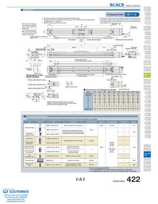 RCACR ROBO Cylinder 
*4 If the actuator is secured using only the mounting holes provided on the top surface of the 
base, the base may twist to cause abnormal sliding of the slider, or may produce abnormal 
noise. Therefore, when using the mounting holes on the top surface of the base, keep the 
stroke at 300mm or less. 
Incremental 75.5 
Absolute 78 
19±0.02 
4-ø4.5 through, ø8 counterbore, 
depth 4.5 (*4) 
13.5 Stroke 95 13.5 
50 
E: Brake cable exiting from end 
50 
50 (when stroke is 50) 
U×100P (All strokes except 50) 
m-M4 depth 7 2-ø4H7 depth 5 from bottom of base 
P (ø4 hole and oblong hole pitch) 
Oblong hole depth 5 Absolute　63 
from bottom of base 
4+0.012 
L 
Incremental 
Absolute 
3 Compatible Controllers 
The RCACR series actuators can operate with the controllers below. Select the controller according to your usage. 
For Special Orders P. A-9 
Details of A 
4 
Reference 
surface 
50 
52 
Dimensions of the 
Brake Section 
13.3 
L: Brake cable exiting from left 
5.1 
R: Brake cable exiting from right 
13.3 41.5 
1 
5.5 
46.5 
17 
52 
50 
13.5 
35 
17 
* Adding a brake increases the actuator's overall 
length (L) by 26.5mm (39.8mm with the cable coming 
out the end), and its weight by 0.3kg. 
A 
Ma moment offset 
reference position 
39 
Cable joint 
connector*1 
3 
2.7 
(24) 
Symmetric 
Standard (optional) 
0.8 
Applicable tube OD: ø8 (ID ø6) 
ME SE Home ME*2 
14.5 R 
26 
6 20 6 
Incremental 60.5 
L 
15 A 
50 
(240) 
30 M 
15.5 9 15.5 
30 
50 
40 
52 
4-M4 depth 9 2-ø4H7 effective depth 6 
26 
5 
0 
Details of oblong hole 
Secure at least 100 
14 
(3) 
Home ME*2 
26 
N (ø4 hole pitch) 
(Reamer hole 
tolerance ±0.02) 
Dimensions 
*1 The motor-encoder cable is connected here. See page A-39 for details on cables. 
*2 After homing, the slider moves to the ME; therefore, please watch for any interference with the surrounding objects. 
ME: Mechanical end SE: Stroke end 
*3 Reference position for calculating the moment Ma. 
* Note that in order to change the 
home orientation, arrangements 
must be made to send in the 
product to IAI. 
* In the reversed-home model 
(NM), the new home position is 
set 3mm inward from the ME 
opposite of the motor-side. 
Stroke 50 100 150 200 250 300 350 400 450 500 
A 
M 
N 
P 
R 
U 
m 
Weight (kg) 
247.5 
250 
172 
142 
50 
35 
42 
− 
4 
1.2 
297.5 
300 
222 
192 
100 
85 
42 
1 
4 
1.3 
347.5 
350 
272 
242 
100 
85 
92 
1 
4 
1.4 
397.5 
400 
322 
292 
200 
185 
42 
2 
6 
1.5 
447.5 
450 
372 
342 
200 
185 
92 
2 
6 
1.6 
497.5 
500 
422 
392 
300 
285 
42 
3 
8 
1.7 
547.5 
550 
472 
442 
300 
285 
92 
3 
8 
1.8 
597.5 
600 
522 
492 
400 
385 
42 
4 
10 
1.9 
647.5 
650 
572 
542 
400 
385 
92 
4 
10 
2.0 
697.5 
700 
622 
592 
500 
485 
42 
5 
12 
2.1 
■ Dimensions and Weight by Stroke 
Name External View Model Description Max. Positioning Points Input Voltage Power Supply Capacity Standard Price See Page 
* This is for the single-axis ASEL. 
* 1 is a placeholder for the encoder type (I: incremental / A: absolute). 
* 2 is a placeholder for the code *LA* if the power-saving option is specified. 
Solenoid Valve Type 
AMEC-C-20I2-NP-2-1 Easy-to-use controller, even for beginners 
3 points 
AC100V 2.4A rated – → P477 
ASEP-C-20I2-NP-2-0 Operable with same signal as solenoid valve. 
Supports both single and double solenoid types. 
No homing necessary with simple absolute type. 
DC24V 
(Standard) 
1.3A rated 
4.4A max. 
(Power-saving) 
1.3A rated 
2.5A max. 
– 
→ P487 
Splash-Proof 
Solenoid Valve Type 
ASEP-CW-20I2-NP-2-0 – 
Positioner Type ACON-C-20I2-NP-2-0 
Positioning is possible for up to 512 points 512 points 
– 
→ P535 
Safety-Compliant 
Positioner Type 
ACON-CG-20I2-NP-2-0 – 
Pulse Train Input Type 
(Differential Line Driver) 
ACON-PL-20I2-NP-2-0 
Pulse train input type with 
differential line driver support 
(−) 
– 
Pulse Train Input Type 
(Open Collector) 
ACON-PO-20I2-NP-2-0 
Pulse train input type with 
open collector support – 
Serial 
Communication Type 
ACON-SE-20I2-N-0-0 Dedicated to serial communication 64 points – 
Field Network Type RACON-202 Dedicated to field network 768 points – → P503 
Program Control 
Type 
ASEL-C-1-2012-NP-2-0 
Programmed operation is possible 
Operation is possible on up to 2 axes 
1500 points – → P567 
RCACR-SA5D 422 
Slider 
Type 
Mini 
Standard 
Controllers 
Integrated 
Rod 
Type 
Mini 
Standard 
Controllers 
Integrated 
Table/Arm 
/Flat Type 
Mini 
Standard 
Gripper/ 
Rotary Type 
Linear Servo 
Type 
Cleanroom 
Type 
Splash Proof 
Controllers 
PMEC 
/AMEC 
PSEP 
/ASEP 
ROBO 
NET 
ERC2 
PCON 
ACON 
SCON 
PSEL 
ASEL 
SSEL 
XSEL 
Pulse Motor 
Servo Motor 
(24V) 
Servo Motor 
(200V) 
Linear 
Servo Motor 
Sold  Serviced By: 
ELECTROMATE 
Toll Free Phone (877) SERVO98 
Toll Free Fax (877) SERV099 
www.electromate.com 
sales@electromate.com 
 