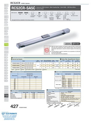 RCS2CR-SA5C Cleanroom ROBO Cylinder Slider Coupling Type 52mm Width 200V Servo Motor 
O I N 
■ Lead and Load Capacity ■ Stroke, Max. Speed/Suction Volume 
Model Stroke 
Type Cable Symbol Standard Price 
Standard Type 
Special Lengths 
Robot Cable 
P (1m) 
S (3m) 
M (5m) 
X06 (6m) ～ X10 (10m) 
X11 (11m) ～ X15 (15m) 
X16 (16m) ～ X20 (20m) 
R01 (1m) ～ R03 (3m) 
R04 (4m) ～ R05 (5m) 
R06 (6m) ～ R10 (10m) 
R11 (11m) ～ R15 (15m) 
R16 (16m) ～ R20 (20m) 
Max. Load Capacity Rated 
Item Description 
Ball screw ø10mm C10 grade 
±0.02mm 
0.1mm or less 
Material: Aluminum (white alumite treated) 
Ma: 18.6N∙m Mb: 26.6N∙m Mc: 47.5N∙m 
Ma: 4.9N∙m Mb: 6.8N∙m Mc: 11.7N∙m 
Ma direction: 150mm or less; Mb, Mc direction: 150mm or less 
Low dust generation grease (both ball screw and guide) 
Class 10 (0.1μm) 
0～40°C, 85% RH or less (non-condensing) 
L 
Overhang Load Length 
L 
Lead 
(mm) Horizontal (kg) Vertical (kg) 
Drive System 
Positioning Repeatability 
Lost Motion 
Base 
Allowable Static Moment 
Allowable Dynamic Moment (*) 
Overhang Length 
Grease Type 
Cleanliness 
Ambient Operating Temp./Humidity 
Directions of Allowable Load Moments 
Ma Mb Mc Ma Mc 
– 
– 
– 
– 
– 
– 
– 
– 
– 
– 
– 
* See page A-39 for cables for maintenance. 
SA4D : Aluminum 
base 
SS4D : Steel base 
Actuator Specifications 
Motor 
Output (W) 
Incremental Absolute 
Name Option Code See Page Standard Price 
B 
FT 
HS 
NM 
VR 
→ A-25 
→ A-29 
→ A-32 
→ A-33 
→ A-38 
Brake 
Foot bracket 
Home sensor 
Reversed-home 
Intake port mounted on opposite side 
– 
– 
– 
– 
– 
RCS2CR ROBO Cylinder 
1 Encoder  Stroke List 4 Cable List 
5 Option List 
Actuator Specifications 
– 
– 
– 
– 
– 
– 
– 
– 
– 
– 
– 
– 
– 
– 
– 
– 
– 
– 
– 
– 
I 
50 
100 
150 
200 
250 
300 
350 
400 
450 
500 
A 
Aluminum Base 
Legend: 1 Encoder 2 Stroke 3 Compatible controller 4 Cable length 5 Options 
Thrust (N) 
(mm) 
P 
T 
Notes on 
Selection 
(1) When the stroke increases, the maximum speed will drop to prevent the 
ball screw from reaching the critical rotational speed. Use the actuator 
specification table below to check the maximum speed at the stroke you 
desire. 
(2) The load capacity is based on operation at an acceleration of 0.3G (0.2G 
for the 3mm-lead model). 
This is the upper limit of the acceleration. 
20 : 20W servo 
motor 
I : Incremental 
A : Absolute 
T1:XSEL-J/K 
T2:SCON 
SSEL 
XSEL-P/Q 
N : None 
P : 1m 
S : 3m 
M : 5m 
X □□ : Custom 
R □□ : Robot cable 
50: 50mm See Options below 
〜 
500: 500mm 
(50mm pitch 
increments) 
12 : 12mm 
6 : 6mm 
3 : 3mm 
■ Configuration: RCS2CR SA5C 20 
Series Type Encoder Motor Lead Stroke Compatible Controllers Cable Length Option 
RCS2CR-SA5C- 1 -20-12- 2 - 3 - 4 - 5 
RCS2CR-SA5C- 1 -20-6- 2 - 3 - 4 - 5 
RCS2CR-SA5C- 1 -20-3- 2 - 3 - 4 - 5 
20 
12 
6 
3 
4 
8 
12 
1 
2 
4 
16.7 
33.3 
65.7 
50～500 
(50mm 
increments) 
Standard Price 
Stroke (mm) Encoder Type 
(Unit: mm/s) 
Stroke 
Lead 
50～450 
(50mm increments) 
500 
(mm) 
Suction 
Volume (Nl/min) 
800 760 50 
400 380 30 
200 190 15 
12 
6 
3 
* See page Pre-35 for an explanation of the naming convention. 
P. A-5 Technical 
References 
(*) Based on a 5,000km service life. 
427 RCS2CR-SA5C 
Slider 
Type 
Mini 
Standard 
Controllers 
Integrated 
Rod 
Type 
Mini 
Standard 
Controllers 
Integrated 
Table/Arm 
/Flat Type 
Mini 
Standard 
Gripper/ 
Rotary Type 
Linear Servo 
Type 
Cleanroom 
Type 
Splash-Proof 
Controllers 
PMEC 
/AMEC 
PSEP 
/ASEP 
ROBO 
NET 
ERC2 
PCON 
ACON 
SCON 
PSEL 
ASEL 
SSEL 
XSEL 
Pulse Motor 
Servo Motor 
(24V) 
Servo Motor 
(200V) 
Linear 
Servo Motor 
Sold  Serviced By: 
ELECTROMATE 
Toll Free Phone (877) SERVO98 
Toll Free Fax (877) SERV099 
www.electromate.com 
sales@electromate.com 
 