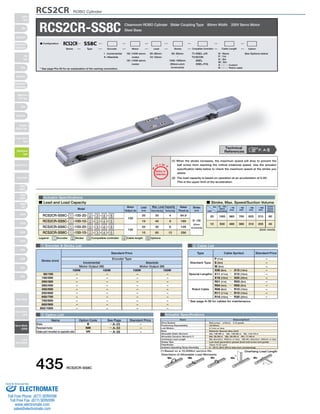 RCS2CR ROBO Cylinder 
RCS2CR-SS8C Cleanroom ROBO Cylinder Slider Coupling Type 80mm Width 200V Servo Motor 
O I N 
P 
T 
Notes on 
Selection 
T1:XSEL-J/K 
T2:SCON 
SSEL 
XSEL-P/Q 
(1) When the stroke increases, the maximum speed will drop to prevent the 
ball screw from reaching the critical rotational speed. Use the actuator 
specification table below to check the maximum speed at the stroke you 
desire. 
(2) The load capacity is based on operation at an acceleration of 0.3G. 
This is the upper limit of the acceleration. 
100 : 100W servo 
motor 
150 : 150W servo 
motor 
I : Incremental 
A : Absolute 
■ Lead and Load Capacity ■ Stroke, Max. Speed/Suction Volume 
Model Stroke 
Type Cable Symbol Standard Price 
P (1m) 
S (3m) 
M (5m) 
X06 (6m) ～ X10 (10m) 
X11 (11m) ～ X15 (15m) 
X16 (16m) ～ X20 (20m) 
R01 (1m) ～ R03 (3m) 
R04 (4m) ～ R05 (5m) 
R06 (6m) ～ R10 (10m) 
R11 (11m) ～ R15 (15m) 
R16 (16m) ～ R20 (20m) 
L 
Overhang Load Length 
L 
Standard Type 
Special Lengths 
Robot Cable 
Max. Load Capacity Rated 
6 
128 
Drive System 
Positioning Repeatability 
Lost Motion 
Base 
Allowable Static Moment 
Allowable Dynamic Moment (*) 
Overhang Load Length 
Grease Type 
Cleanliness 
Ambient Operating Temp./Humidity 
(*) Based on a 10,000km service life. 
Directions of Allowable Load Moments 
Ma Mb Mc Ma Mc 
– 
– 
– 
– 
– 
– 
– 
– 
– 
– 
– 
* See page A-39 for cables for maintenance. 
SA4D : Aluminum 
base 
SS4D : Steel base 
Steel Base 
Actuator Specifications 
20 
30 
Legend: 1 Encoder 2 Stroke 3 Compatible controller 4 Cable length 5 Options 
1 Encoder  Stroke List 4 Cable List 
5 Option List Actuator Specifications 
N : None 
P : 1m 
S : 3m 
M : 5m 
X □□ : Custom 
R □□ : Robot cable 
50: 50mm See Options below 
〜 
1000: 1000mm 
(50mm pitch 
increments) 
20 : 20mm 
10 : 10mm 
■ Configuration: RCS2CR SS8C 
Series Type Encoder Motor Lead Stroke Compatible Controllers Cable Length Option 
(Unit: mm/s) 
Motor 
Output (W) 
Lead 
(mm) Horizontal (kg) Vertical (kg) 
Thrust (N) 
(mm) 
RCS2CR-SS8C- 1 -100-20- 2 - 3 - 4 - 5 
RCS2CR-SS8C- 1 -100-10- 2 - 3 - 4 - 5 
RCS2CR-SS8C- 1 -150-20- 2 - 3 - 4 - 5 
RCS2CR-SS8C- 1 -150-10- 2 - 3 - 4 - 5 
100 
150 
20 
10 
10 
20 
40 
60 
4 
8 
12 
84.9 
169 
256 
50～1000 
(50mm 
increments) 
Stroke 
Lead 
50 ～ 600 
(50mm 
increments) 
～ 700 
(mm) 
～ 800 
(mm) 
～ 900 
(mm) 
～ 1000 
(mm) 
1000 960 765 625 515 
500 480 380 310 255 
20 
10 
Suction 
Volume 
(Nl/min) 
80 
40 
– 
– 
– 
– 
– 
– 
– 
– 
– 
– 
– 
– 
– 
– 
– 
– 
– 
– 
– 
– 
– 
– 
– 
– 
– 
– 
– 
– 
– 
– 
– 
– 
– 
– 
– 
– 
– 
– 
– 
– 
Incremental 
Motor Output (W) 
Absolute 
Motor Output (W) 
100W 150W 100W 150W 
50/100 
150/200 
250/300 
350/400 
450/500 
550/600 
650/700 
750/800 
850/900 
950/1000 
Standard Price 
Encoder Type 
Stroke (mm) 
Name Option Code See Page Standard Price 
B 
NM 
VR 
→ A-25 
→ A-33 
→ A-38 
Brake 
Reversed-home 
Intake port mounted on opposite side 
– 
– 
– 
* See page Pre-35 for an explanation of the naming convention. 
P. A-5 Technical 
References 
Item Description 
Ball screw ø16mm C10 grade 
±0.02mm 
0.1mm or less 
Material: Special alloy steel 
Ma: 198.9N∙m Mb: 198.9N∙m Mc: 416.7N∙m 
Ma: 36.3N∙m Mb: 36.3N∙m Mc: 77.4N∙m 
Ma direction: 450mm or less Mb∙Mc direction: 450mm or less 
Low dust generation grease (both ball screw and guide) 
Class 10 (0.1μm) 
0～40°C, 85% RH or less (non-condensing) 
435 RCS2CR-SS8C 
Slider 
Type 
Mini 
Standard 
Controllers 
Integrated 
Rod 
Type 
Mini 
Standard 
Controllers 
Integrated 
Table/Arm 
/Flat Type 
Mini 
Standard 
Gripper/ 
Rotary Type 
Linear Servo 
Type 
Cleanroom 
Type 
Splash-Proof 
Controllers 
PMEC 
/AMEC 
PSEP 
/ASEP 
ROBO 
NET 
ERC2 
PCON 
ACON 
SCON 
PSEL 
ASEL 
SSEL 
XSEL 
Pulse Motor 
Servo Motor 
(24V) 
Servo Motor 
(200V) 
Linear 
Servo Motor 
Sold  Serviced By: 
ELECTROMATE 
Toll Free Phone (877) SERVO98 
Toll Free Fax (877) SERV099 
www.electromate.com 
sales@electromate.com 
 