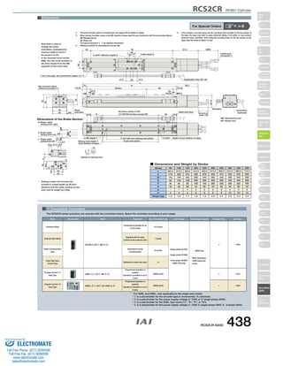 M 
30 
19±0.02 
2-ø4H7 effective depth 6 4-M4 depth 9 
26 
6 
6 20 
15.5 9 15.5 
26 
A 
E: Brake cable 
exiting from end 
46.5 
17 
50 
RCS2CR ROBO Cylinder 
*4. If the actuator is secured using only the mounting holes provided on the top surface of 
the base, the base may twist to cause abnormal sliding of the slider, or may produce 
abnormal noise. Therefore, when using the mounting holes on the top surface of the 
base, keep the stroke at 300mm or less. 
Base 
end-face 50 (when stroke is 50) 
Base end-face 
14.5 R U×100P(All strokes except 50) 
m-M4 depth 7 2-ø4H7　depth 5 from bottom of base 
P (ø4 hole and oblong hole pitch) 
+0.012 4 
3 Compatible Controllers 
The RCS2CR series actuators can operate with the controllers below. Select the controller according to your usage. 
For Special Orders P. A-9 
(47.7) 
Symmetric 
(optional) 
Standard 
L 
91.5 
76.5 
(2.7) (3) 
(24) 
39 
Applicable tube OD: ø8 
50 
40 
50 
52 
Stroke 
4-ø4.5 through, ø8 counterbore depth 4.5 *4 
30 
15 
(13.5) 95 
(13.5) 
(300) 
Cable joint 
connector*1 
ME: Mechanical end 
ME SE Home ME*2 
Dimensions of the Brake Section 
13.3 
L: Brake cable 
exiting from left 
5.1 
R: Brake cable 
exiting from right 
13.3 41.5 
1 
5.5 
52 
50 
13.5 
35 
17 
Secure at 
least 100 
Oblong hole depth 5 
from bottom of base 
26 
N (ø4 hole pitch) 
50 14.5 
0 
5 
Details of oblong hole 
Ma moment offset 
reference position*3 
SE: Stroke end 
(Reamer hole 
tolerance ±0.02) 
Dimensions 
*1. The motor-encoder cable is connected here. See page A-39 for details on cables. 
*2. When homing, the slider moves to the ME; therefore, please watch for any interference with the surrounding objects. 
ME: Mechanical end 
SE: Stroke end 
The values enclosed in ( ) are reference dimensions. 
*3. Reference position for calculating the moment Ma. 
* Note that in order to 
change the home 
orientation, arrangements 
must be made to send in 
the product to IAI. 
* In the reversed-home model 
(NM), the new home position is 
set 3mm inward from the ME 
opposite of the motor-side. 
* Adding a brake will increase the 
actuator's overall length by 26.5mm 
(39.8mm with the cable coming out the 
end), and its weight by 0.3kg. 
Stroke 50 100 150 200 250 300 350 400 450 500 
L 
A 
M 
N 
P 
R 
U 
m 
Weight (kg) 
263.5 
172 
142 
50 
35 
42 
− 
4 
1.5 
313.5 
222 
192 
100 
85 
42 
1 
4 
1.6 
363.5 
272 
242 
100 
85 
92 
1 
4 
1.7 
413.5 
322 
292 
200 
185 
42 
2 
6 
1.8 
463.5 
372 
342 
200 
185 
92 
2 
6 
1.9 
513.5 
422 
392 
300 
285 
42 
3 
8 
2.0 
563.5 
472 
442 
300 
285 
92 
3 
8 
2.1 
613.5 
522 
492 
400 
385 
42 
4 
10 
2.2 
663.5 
572 
542 
400 
385 
92 
4 
10 
2.3 
713.5 
622 
592 
500 
485 
42 
5 
12 
2.5 
■ Dimensions and Weight by Stroke 
Name External View Model Description Max. Positioning Points Input Voltage Power Supply Capacity Standard Price See Page 
Positioner Mode 
Pulse Train Input 
Control Type 
Program Control 1-6 
Axes Type 
SCON-C-201-NP-2-2 → P547 
SSEL-C-1-201-NP-2-2 
XSEL-3-1-201-N1-EEE-2-4 
Solenoid Valve Mode 
Positioning is possible for up 
to 512 points 
512 points 
Single-phase AC100V 
Single-phase AC200V 
Three-phase AC200V 
(XSEL-P/Q only) 
360VA max. 
* When operating a 
150W single-axis 
model 
Operable with the same 
controls as the solenoid valve 
7 points 
Dedicated to serial 
communication 
64 points 
Dedicated to pulse train input (−) 
Programmed operation is 
possible 
Operation is possible on up to 
2 axes 
Programmed operation is 
possible 
Operation is possible on up to 
6 axes 
20000 points 
20000 points 
→ P577 
→ P587 
– 
– 
– 
Serial Communication 
Type 
Program Control 1-2 
Axes Type 
* For SSEL and XSEL, only applicable to the single-axis model. 
* 1 is a placeholder for the encoder type (I: incremental / A: absolute). 
* 2 is a placeholder for the power supply voltage (1: 100V, or 2: single-phase 200V). 
* 3 is a placeholder for the XSEL type name (J, K, P, or Q). 
* 4 is a placeholder for the power supply voltage (1: 100V, 2: single-phase 200V, 3: 3-phase 200V). 
RCS2CR-SA5D 438 
Slider 
Type 
Mini 
Standard 
Controllers 
Integrated 
Rod 
Type 
Mini 
Standard 
Controllers 
Integrated 
Table/Arm 
/Flat Type 
Mini 
Standard 
Gripper/ 
Rotary Type 
Linear Servo 
Type 
Cleanroom 
Type 
Splash-Proof 
Controllers 
PMEC 
/AMEC 
PSEP 
/ASEP 
ROBO 
NET 
ERC2 
PCON 
ACON 
SCON 
PSEL 
ASEL 
SSEL 
XSEL 
Pulse Motor 
Servo Motor 
(24V) 
Servo Motor 
(200V) 
Linear 
Servo Motor 
Sold  Serviced By: 
ELECTROMATE 
Toll Free Phone (877) SERVO98 
Toll Free Fax (877) SERV099 
www.electromate.com 
sales@electromate.com 
 