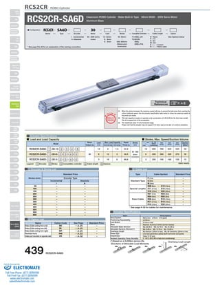 RCS2CR ROBO Cylinder 
RCS2CR-SA6D Cleanroom ROBO Cylinder Slider Built-In Type 58mm Width 200V Servo Motor 
O I N 
50: 50mm See Options below 
■ Lead and Load Capacity ■ Stroke, Max. Speed/Suction Volume 
Model Stroke 
Type Cable Symbol Standard Price 
Standard Type 
Special Lengths 
Robot Cable 
P (1m) 
S (3m) 
M (5m) 
X06 (6m) ～ X10 (10m) 
X11 (11m) ～ X15 (15m) 
X16 (16m) ～ X20 (20m) 
R01 (1m) ～ R03 (3m) 
R04 (4m) ～ R05 (5m) 
R06 (6m) ～ R10 (10m) 
R11 (11m) ～ R15 (15m) 
R16 (16m) ～ R20 (20m) 
Max. Load Capacity Rated 
Item Description 
Ball screw ø10mm C10 grade 
±0.02mm 
0.1mm or less 
Material: Aluminum (white alumite treated) 
Ma: 38.3N∙m Mb: 54.7N∙m Mc: 81.0N∙m 
Ma: 8.9N∙m Mb: 12.7N∙m Mc: 18.6N∙m 
Ma direction: 220mm or less; Mb, Mc directions: 220mm or less 
Low dust generation grease (both ball screw and guide) 
Class 10 (0.1μm) 
0～40°C, 85% RH or less (non-condensing) 
Lead 
(mm) Horizontal (kg) Vertical (kg) 
Drive System 
Positioning Repeatability 
Lost Motion 
Base 
Allowable Static Moment 
Allowable Dynamic Moment (*) 
Overhang Length 
Grease Type 
Cleanliness 
Ambient Operating Temp./Humidity 
L 
Overhang Load Length 
L 
Directions of Allowable Load Moments 
Ma Mb Mc Ma Mc 
– 
– 
– 
– 
– 
– 
– 
– 
– 
– 
– 
* See page A-39 for cables for maintenance. 
SA4D : Aluminum 
base 
SS4D : Steel base 
Actuator Specifications 
Motor 
Output (W) 
1 Encoder  Stroke List 4 Cable List 
5 Option List 
Actuator Specifications 
Aluminum Base 
Legend: 1 Encoder 2 Stroke 3 Compatible controller 4 Cable length 5 Options 
Thrust (N) 
(mm) 
P 
T 
Notes on 
Selection 
(1) When the stroke increases, the maximum speed will drop to prevent the ball screw from reaching the 
critical rotational speed. Use the actuator specification table below to check the maximum speed at 
the stroke you desire. 
(2) The load capacity is based on operation at an acceleration of 0.3G (0.2G for the 3mm-lead model). 
This is the upper limit of the acceleration. 
(3) The cleanliness class 10 is for horizontal usage. 
Please note that the actuator may not support C10 when used on its side or in vertical orientation. 
30 : 30W servo 
motor 
I : Incremental 
A : Absolute 
T1:XSEL-J/K 
T2:SCON 
SSEL 
XSEL-P/Q 
N : None 
P : 1m 
S : 3m 
M : 5m 
X □□ : Custom 
R □□ : Robot cable 
〜 
600: 600mm 
(50mm pitch 
increments) 
12 : 12mm 
6 : 6mm 
3 : 3mm 
■ Configuration: RCS2CR SA6D 30 
Series Type Encoder Motor Lead Stroke Compatible Controllers Cable Length Option 
RCS2CR-SA6D- 1 -30-12- 2 - 3 - 4 - 5 
RCS2CR-SA6D- 1 -30-6- 2 - 3 - 4 - 5 
RCS2CR-SA6D- 1 -30-3- 2 - 3 - 4 - 5 
30 
12 
6 
3 
6 
12 
18 
1.5 
3 
6 
24.2 
48.4 
96.8 
50～600 
(50mm 
increments) 
(Unit: mm/s) 
Incremental Absolute 
– 
– 
– 
– 
– 
– 
– 
– 
– 
– 
– 
– 
– 
– 
– 
– 
– 
– 
– 
– 
– 
– 
– 
– 
I 
50 
100 
150 
200 
250 
300 
350 
400 
450 
500 
550 
600 
A 
Standard Price 
Stroke (mm) Encoder Type 
Name Option Code See Page Standard Price 
BE 
BL 
BR 
NM 
VR 
→ A-25 
→ A-25 
→ A-25 
→ A-33 
→ A-38 
Brake (Cable exiting from end) 
Brake (Cable exiting from left) 
Brake (Cable exiting from right) 
Reversed-home 
Intake port mounted on opposite side 
– 
– 
– 
– 
– 
Stroke 
Lead 
50～450 
(50mm 
increments) 
500 
(mm) 
550 
(mm) 
600 
(mm) 
Suction 
Volume 
(Nl/min) 
800 760 640 540 50 
400 
200 
380 
190 
320 
160 
270 30 
135 15 
12 
6 
3 
* See page Pre-35 for an explanation of the naming convention. 
P. A-5 Technical 
References 
(*) Based on a 5,000km service life. 
439 RCS2CR-SA6D 
Slider 
Type 
Mini 
Standard 
Controllers 
Integrated 
Rod 
Type 
Mini 
Standard 
Controllers 
Integrated 
Table/Arm 
/Flat Type 
Mini 
Standard 
Gripper/ 
Rotary Type 
Linear Servo 
Type 
Cleanroom 
Type 
Splash-Proof 
Controllers 
PMEC 
/AMEC 
PSEP 
/ASEP 
ROBO 
NET 
ERC2 
PCON 
ACON 
SCON 
PSEL 
ASEL 
SSEL 
XSEL 
Pulse Motor 
Servo Motor 
(24V) 
Servo Motor 
(200V) 
Linear 
Servo Motor 
Sold  Serviced By: 
ELECTROMATE 
Toll Free Phone (877) SERVO98 
Toll Free Fax (877) SERV099 
www.electromate.com 
sales@electromate.com 
 