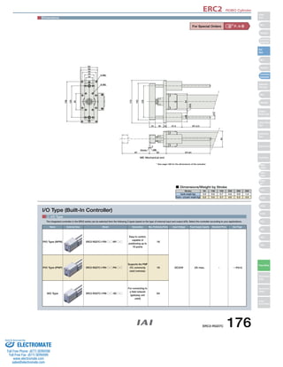 ERC2 ROBO Cylinder 
For Special Orders P. A-9 
4 
Home ME 
Name External View Model Description Max. Positioning Points Input Voltage Power Supply Capacity 
Standard Price 
16 
16 
DC24V 2A max. 
64 
4-M6 
I/O Type (Built-In Controller) 
ERC2-RGD7C-I-PM-□-□-PN-□-□ 
Supports the PNP 
I/O, commonly 
used overseas. 
PIO Type (PNP) 
ST 62 ST+61 
170 
145 
125 
1 2.5 
64 
64 
ø12 
ø36 
22 30 10 57.5 ST+3.5 
158 
125 
65 
63 
62 
52 
34 
25 
8-M6 
ME: Mechanical end 
Dimensions 
2 I/O Type 
The integrated controller in the ERC2 series can be selected from the following 3 types based on the type of external input and output (I/O). Select the controller according to your applications. 
PIO Type (NPN) 
Easy to control, 
capable of 
positioning up to 
16 points 
ERC2-RGD7C-I-PM-□-□-NP-□-□ 
- 
ERC2-RGD7C-I-PM-□-□-SE-□-□ 
For connecting to 
a field network 
(gateway unit 
used) 
SIO Type 
Stroke 50 100 150 200 250 300 
Guide weight (kg) 
Guide + actuator weight (kg) 
0.5 
3.2 
0.6 
3.5 
0.7 
3.7 
0.8 
4.0 
0.9 
4.2 
1.0 
4.5 
■ Dimensions/Weight by Stroke 
See Page 
→ P515 
* See page 168 for the dimensions of the actuator. 
ERC2-RGD7C 176 
Slider 
Type 
Mini 
Standard 
Controllers 
Integrated 
Rod 
Type 
Mini 
Standard 
Controllers 
Integrated 
Table/Arm 
/Flat Type 
Mini 
Standard 
Gripper/ 
Rotary Type 
Linear Servo 
Type 
Cleanroom 
Type 
Splash Proof 
Controllers 
PMEC 
/AMEC 
PSEP 
/ASEP 
ROBO 
NET 
ERC2 
PCON 
ACON 
SCON 
PSEL 
ASEL 
SSEL 
XSEL 
Pulse Motor 
Servo Motor 
(24V) 
Servo Motor 
(200V) 
Linear 
Servo Motor 
Sold & Serviced By: 
ELECTROMATE 
Toll Free Phone (877) SERVO98 
Toll Free Fax (877) SERV099 
www.electromate.com 
sales@electromate.com 
