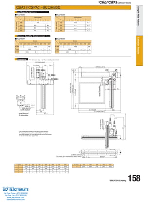 ISPA/ICSPA Catalog 158 
ICSA3/ICSPA3 Cartesian Robots 
Load Capacity (kg) 
Maximum Speed by Stroke (mm/sec) 
Dimensions 
ICSA3 [ICSPA3] -BCHB3 
BCHB3H BCHB3M 
BCHB3H BCHB3M 
X stroke 
L1 
Y stroke 
L2 
100 
(630) 
200 
(680) 
300 
(730) 
400 
(780) 
500 
(830) 
A 
BC 
200 
(550) 
104 
16 
300 
(600) 
204 
16 
400 
(650) 
104 
28 
500 
(700) 
204 
28 
600 
(750) 
104 
3 
10 
700 
(800) 
204 
3 
10 
800 
(850) 
104 
4 
12 
Y-axis stroke 
Z-axis stroke 
Z-axis stroke 
Y-axis stroke 
(Note3) 
(Note4) 
Stroke 
100 
200 
400 
300 
100 
100 200 300 400 500 
10.7 
9.7 
8.6 
7.6 
9.4 
8.4 
7.3 
6.3 
9.0 
9.0 
7.6 
8.6 
8.4 
6.3 
7.3 
100 200 300 400 500 
100 200 300 400 500 600 700 800 
795 
1000 
1000 
500 
- 
- 
- 
- 
- 
- 
- 
- 
200 
300 
400 
Stroke 
Y-axis 
X-axis 
Z-axis 
Y-axis 
X-axis 
Z-axis 
* The configuration position in the figure is home position. 
To change the home position, indicate NM in the option. 
Note that changing the home direction will require the actuator 
to be returned to IAI for adjustment. 
100 200 300 400 500 600 700 800 
795 
1000 
1000 
1000 
- 
- 
- 
- 
- 
- 
- 
- 
BX200 P 
4-M6 depth 20 
4-M8 depth 20 
2-ø8H10 reamer 
depth 10 
2-ø8H10 reamer 
C-9 through, ø16 counterbore, depth1 (back) 
12 (Creep sensor, 
home LS installed) 
12 (Creep sensor, 
home LS installed) 
12 (Creep sensor, 
home LS installed) 
L2 
L1 
411.5 
Z:STROKE+334.5 
71 Z:STROKE 120 143.5 
148 61 
X:STROKE+368.5 
X:STROKE 368.5 
185 48 
38 
230 
170 
Y:STROKE+408 
67 
1 2 
Y:STROKE+329 
104 Y:STROKE 105 
X:STROKE+307.5 
50 A 50 
70 
120 
135.5 
120 
15 90 15 
25 70 25 
35 35 
134 
Detail View of 
Z-Axis slider 
* The dimension below is for XY-axis Configuration direction 1. 
ELECTROMATE 
Toll Free Phone (877) SERVO98 
Toll Free Fax (877) SERV099 
www.electromate.com 
sales@electromate.com 
Sold  Serviced By: 
 