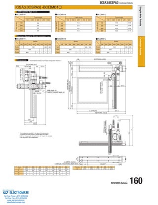 ISPA/ICSPA Catalog 160 
ICSA3/ICSPA3 Cartesian Robots 
Load Capacity (kg) 
Maximum Speed by Stroke (mm/sec) 
Dimensions 
ICSA3 [ICSPA3] -BCMB1 
BCMB1H BCMB1M BCMB1L 
BCMB1H BCMB1M BCMB1L 
X stroke 
L1 
Y stroke 
L2 
100 
(630) 
200 
(680) 
300 
(730) 
400 
(780) 
500 
(830) 
A 
BC 
200 
(550) 
104 
16 
300 
(600) 
204 
16 
400 
(650) 
104 
28 
500 
(700) 
204 
28 
600 
(750) 
104 
3 
10 
700 
(800) 
204 
3 
10 
800 
(850) 
104 
4 
12 
Y-axis stroke 
Z-axis stroke 
Z-axis stroke 
Z-axis stroke 
Y-axis stroke Y-axis stroke 
(Note3) 
(Note4) 
Stroke 
100 
200 
400 
300 
100 
100 200 300 400 500 
6.0 
6.0 
6.0 
6.0 
14.0 
14.0 
14.0 
3.0 
3.0 
3.0 
3.0 
100 200 300 400 500 100 200 300 400 500 
100 200 300 400 500 600 700 800 100 200 300 400 500 600 700 800 
480 380 
500 
500 
400 
500 
500 480 380 
- - 
- 
- 
- - 
- 
- 
- 
- 
- 
- 
- 
- 
- 
- 200 
200 
300 
400 
100 
200 
300 
13.5 
13.5 
12.9 
12.3 
300 11.7 
Stroke Stroke 
Y-axis 
X-axis 
Z-axis 
Y-axis 
X-axis 
Z-axis 
Y-axis 
X-axis 
Z-axis 
* The configuration position in the figure is home position. 
To change the home position, indicate NM in the option. 
Note that changing the home direction will require the actuator 
to be returned to IAI for adjustment. 
100 200 300 400 500 600 700 800 
480 380 
500 
500 
800 
- 
- 
- 
- 
- 
- 
- 
- 
* The dimension below is for XY-axis Configuration direction 1. 
BX200P 
4-M6 depth 20 
2-ø6H10 reamer, depth 10 
2-ø8H10 reamer 
C-9 through, ø16 counterbore, depth1 (back) 
12 (Creep sensor, 
home LS installed) 
12 (Creep sensor, 
home LS installed) 
12 (Creep sensor, 
home LS installed) 
+331.5 
X:STROKE 
X:STROKE 
331.5 
38 
162 
403.5 
Z:STROKE+270 
58.5 Z:STROKE 90 121.5 
192 
L2 
L1 
104 Y:STROKE 105 
X:STROKE+293.5 
48 
55 
230 
170 
Y:STROKE+408 
67 
1 2 
Y:STROKE+329 
50 A 50 
70 
120 
121.5 
100 
10 70 10 
3535 
90 
ELECTROMATE 
Toll Free Phone (877) SERVO98 
Toll Free Fax (877) SERV099 
www.electromate.com 
sales@electromate.com 
Sold  Serviced By: 
 