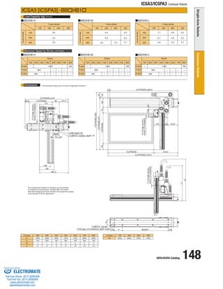 ISPA/ICSPA Catalog 148 
ICSA3/ICSPA3 Cartesian Robots 
Load Capacity (kg) 
Maximum Speed by Stroke (mm/sec) 
Dimensions 
ICSA3 [ICSPA3] -BBHB1 
BBHB1H BBHB1M BBHB1L 
BBHB1H BBHB1M BBHB1L 
X stroke 
L1 
Y stroke 
L2 
100 
(600) 
200 
(650) 
300 
(700) 
400 
(750) 
A 
BC 
200 
(550) 
104 
16 
300 
(600) 
204 
16 
400 
(650) 
104 
28 
500 
(700) 
204 
28 
600 
(750) 
104 
3 
10 
700 
(800) 
204 
3 
10 
800 
(850) 
104 
4 
12 
Y-axis stroke 
Z-axis stroke 
Z-axis stroke 
Z-axis stroke 
Y-axis stroke Y-axis stroke 
(Note3) 
(Note4) 
Stroke 
100 
200 
300 
100 
100 200 300 400 
5.9 
5.3 
6.0 
6.0 
5.6 5.4 4.7 
6.2 
5.2 
4.7 
6.9 
5.9 
5.4 
7.1 
6.1 
5.6 
3.0 
3.0 
3.0 
100 200 300 400 100 200 300 400 
100 200 300 400 500 600 700 800 100 200 300 400 500 600 700 800 
795 
800 
1000 
400 
800 
1000 795 
- - 
- 
- 
- 
- 
- - 
- 
- 
- 
- 
- 
- 
- 
- 
- 
- 
- - 200 
200 
300 
100 
200 
300 
Stroke Stroke 
Y-axis 
X-axis 
Z-axis 
Y-axis 
X-axis 
Z-axis 
Y-axis 
X-axis 
Z-axis 
* The configuration position in the figure is home position. 
To change the home position, indicate NM in the option. 
Note that changing the home direction will require the actuator 
to be returned to IAI for adjustment. 
100 200 300 400 500 600 700 800 
795 
800 
1000 
800 
- 
- 
- 
- 
- 
- 
- 
- 
- - 
* The dimension below is for XY-axis Configuration direction 1. 
381.5 
Z:STROKE+270 
58.5 Z:STROKE 90 121.5 
170 L2 
L1 
78 Y:STROKE 73 
23 X:STROKE+293.5 
X:STROKE+316.5 
X:STROKE 316.5 
142 40 134.5 
50 A BX200P 50 
70 
Y:STROKE+350 
67 
1 2 
Y:STROKE+271 
120 
148 
193 
100 
10 70 10 
35 35 
90 
23 
4-M6 depth 20 
2-ø6H10 reamer, depth 10 
2-ø8H10 reamer 
C-9 through, ø16 counterbore, depth1 (back) 
12 (Creep sensor, 
home LS installed) 
12 (Creep sensor, 
home LS installed) 
12 (Creep sensor, 
home LS installed) 
ELECTROMATE 
Toll Free Phone (877) SERVO98 
Toll Free Fax (877) SERV099 
www.electromate.com 
sales@electromate.com 
Sold  Serviced By: 
 