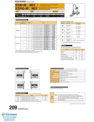 209 ISPA/ICSPA Catalog 
ICSA3/ICSPA3 Cartesian Robots 
Model specification 
items Series Type Encoder type X-axis stroke + options Y-axis stroke + options Z-axis stroke + options Applicable controller Cable length Cable management 
ICSA3 
(ICSPA3) – – A 50AQL 40AQL 30BLNM T1 5L 
ICSA3-BE MS1 
* Refer to page 51 for the details of model specification items. 
* [ ] is for the high-precision specification. 
* The above explains the Models/Specifications chart to the left. 
* [ ] is for the high-precision specification. 
Refer to page 65 for System Configuration. 
*In the above model name,  indicates encoder type A (absolute) or I (incremental). 
Please add the option codes at the end of each stroke of the axis. 
When adding multiple options, put together in alphabetic order. 
*1: Refer to the figure below for XY-axis configuration direction. 
*2: The load capacity and the maximum speed may vary depending on the type of Z-axis. 
Note: T1 in the above models will be T2 when operated with XSEL-P/Q type. 
Models/Specifications 
Explanation of Model Code 
ICSPA3-BE 
Configuration Direction 
Type X Y B + Z-Axis Slider Mount Type Stroke X-axis: 300~1000mm Y-axis: 200~700mm Z-axis: 100~400mm Load capacity 11kg ~ 0.9kg 
Cartesian Robot: X-Y-Z 3-Axes Configuration 
Z-Axis Slider Mount Type 
High-Precision Specification 
Cartesian Robot: X-Y-Z 3-Axes Configuration 
Z-Axis Slider Mount Type 
Options 
Common Specifications 
Applicable Controller Specifications 
ISA[ISPA]-LXM--200-10-(Stroke)-T1 
ISA[ISPA]-MYM--200-10-(Stroke)-T1 
ISA[ISPA]-SZM--60-8/4-(Stroke)-T1-B-NM 
* For other points to note, please refer to page 49. 
MS1 
(Example) BE1MS1M – – – – – – SC – SC 
Axis Configuration * [ ] is for the high-precision specification. 
Encoder Type 
Absolute 
Incremental 
XY-axis 
configuration 
direction (*1) 
1 
2 
3 
4 
1 
2 
3 
4 
Z-axis type 
(*2) 
M 
L 
M 
L 
M 
L 
M 
L 
M 
L 
M 
L 
M 
L 
M 
L 
Model Number 
Name Code 
AQ 
B 
C 
L 
NM 
RT 
P13 
P13 
P13 
P14 
P14 
P14 
Page 
Contents 
X-axis stroke 
(Note 1) 
30 : 300mm 
~ 
100 : 1000mm 
20 : 200mm 
~ 
70 : 700mm 
10 : 100mm 
~ 
40 : 400mm 
3L : 3m 
5L : 5m 
SC-SC : Self-standing cable 
AQ seal 
Brake 
Creep sensor 
Home limit switch 
Reversed-home specification 
Guide with ball-retaining mechanism 
Positioning repeatability 
Drive system 
(Range of operation) 
(Range of operation) (Opposite of 1) 
(Range of operation) 
(Y-axis installed (Opposite of 3) 
on opposite side) 
(Range of operation) 
XY-axis Configuration 
direction 1 XY-axis Configuration 
direction 2 
XY-axis Configuration 
direction 4 
XY-axis Configuration 
direction 3 
Axis Type 
X-axis 
Y-axis 
Z-axis 
Model Page 
Ball screw, rolled C10 [equivalent to rolled C5] 
±0.02mm [±0.01mm] 
0.05mm or less [0.02mm or less] 
Integrated with base 
Material: Aluminum with white alumite treatment 
200W / 10mm 
200W / 10mm 
60W / 8mm (M), 4mm (L) 
Backlash 
Guide 
Base 
X-axis motor output / lead 
Y-axis motor output / lead 
Z-axis motor output / lead 
Y-axis stroke 
(Note 1) 
Z-axis stroke 
(Note 1) 
Cable length 
(Note 2) 
Y-axis/ Z-axis 
cable 
management 
Specification 
ICSA3 [ICSPA3] -BE2MS1M-A----BNM-T1-- 
ICSA3 [ICSPA3] -BE2MS1L-A----BNM-T1-- 
ICSA3 [ICSPA3] -BE1MS1M-A----BNM-T1--  
 
 
 
 
ICSA3 [ICSPA3] -BE1MS1L-A----BNM-T1-- 
ICSA3 [ICSPA3] -BE4MS1M-A----BNM-T1-- 
ICSA3 [ICSPA3] -BE4MS1L-A----BNM-T1-- 
ICSA3 [ICSPA3] -BE3MS1M-A----BNM-T1-- 
ICSA3 [ICSPA3] -BE3MS1L-A----BNM-T1-- 
ICSA3 [ICSPA3] -BE2MS1M-I----BNM-T1-- 
ICSA3 [ICSPA3] -BE2MS1L-I----BNM-T1-- 
ICSA3 [ICSPA3] -BE1MS1M-I----BNM-T1-- 
ICSA3 [ICSPA3] -BE1MS1L-I----BNM-T1-- 
ICSA3 [ICSPA3] -BE4MS1M-I----BNM-T1-- 
ICSA3 [ICSPA3] -BE4MS1L-I----BNM-T1-- 
ICSA3 [ICSPA3] -BE3MS1M-I----BNM-T1-- 
ICSA3 [ICSPA3] -BE3MS1L-I----BNM-T1-- 
P25 
P22 
P17 
(Note 1) The stroke in the model is specified in cm (centimeters). 
(Note 2) The cable length measures from the X-axis connector box to the 
controller.The standard lengths are 3m and 5m, but other lengths can 
also be specified in meters.The maximum length is 20m. 
(Note 3) The rated acceleration is 0.3G. Increasing the acceleration will result in 
lower load capacity. 
(Note 4) Please note that a longer stroke will result in a lower maximum speed. 
ELECTROMATE 
Toll Free Phone (877) SERVO98 
Toll Free Fax (877) SERV099 
www.electromate.com 
sales@electromate.com 
Sold  Serviced By: 
 