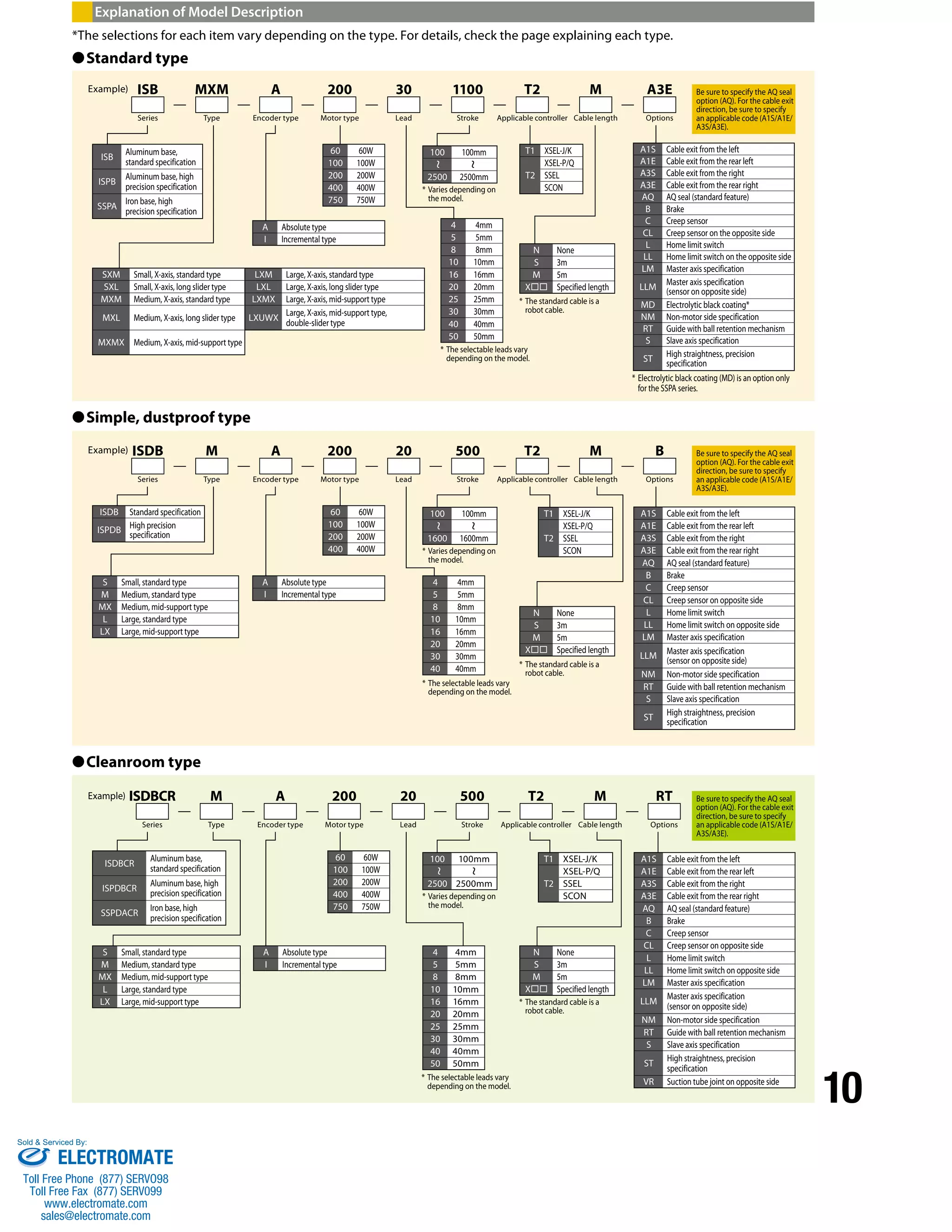 10 
Explanation of Model Description 
*The selections for each item vary depending on the type. For details, check the page explaining each type. 
●Standard type 
* The selectable leads vary 
depending on the model. 
Example) ISB 
MXM 
Series 
Type 
A 
Encoder type 
200 
Motor type 
M 
Cable length 
A3E 
Options 
30 
Lead 
1100 
Stroke 
T2 
Applicable controller 
Be sure to specify the AQ seal 
option (AQ). For the cable exit 
direction, be sure to specify 
an applicable code (A1S/A1E/ 
A3S/A3E). 
4 4mm 
5 5mm 
8 8mm 
10 10mm 
16 16mm 
20 20mm 
25 25mm 
30 30mm 
40 40mm 
50 50mm 
ISB Aluminum base, 
standard specification 
ISPB Aluminum base, high 
precision specification 
SSPA Iron base, high 
precision specification 
60 60W 
100 100W 
200 200W 
400 400W 
750 750W 
SXM Small, X-axis, standard type LXM Large, X-axis, standard type 
SXL Small, X-axis, long slider type LXL Large, X-axis, long slider type 
MXM Medium, X-axis, standard type LXMX Large, X-axis, mid-support type 
MXL Medium, X-axis, long slider type LXUWX Large, X-axis, mid-support type, 
double-slider type 
MXMX Medium, X-axis, mid-support type 
T1 XSEL-J/K 
T2 
XSEL-P/Q 
SSEL 
SCON 
N None 
S 3m 
M 5m 
X Specified length 
A Absolute type 
I Incremental type 
* Varies depending on 
the model. 
* The standard cable is a 
robot cable. 
100 100mm 
2500 2500mm 
●Simple, dustproof type 
Example) ISDB 
M 
Series 
Type 
A 
Encoder type 
200 
Motor type 
M 
Cable length 
B 
Options 
20 
Lead 
500 
Stroke 
T2 
Applicable controller 
* Varies depending on 
the model. 
* The selectable leads vary 
depending on the model. 
Be sure to specify the AQ seal 
option (AQ). For the cable exit 
direction, be sure to specify 
an applicable code (A1S/A1E/ 
A3S/A3E). 
N None 
S 3m 
M 5m 
X Specified length 
A1S Cable exit from the left 
A1E Cable exit from the rear left 
A3S Cable exit from the right 
A3E Cable exit from the rear right 
AQ AQ seal (standard feature) 
B Brake 
C Creep sensor 
CL Creep sensor on opposite side 
L Home limit switch 
LL Home limit switch on opposite side 
LM Master axis specification 
LLM Master axis specification 
(sensor on opposite side) 
NM Non-motor side specification 
RT Guide with ball retention mechanism 
S Slave axis specification 
ST High straightness, precision 
specification 
ISDB Standard specification 
ISPDB High precision 
specification 
T1 XSEL-J/K 
T2 
XSEL-P/Q 
SSEL 
SCON 
4 4mm 
5 5mm 
8 8mm 
10 10mm 
16 16mm 
20 20mm 
30 30mm 
40 40mm 
60 60W 
100 100W 
200 200W 
400 400W 
A Absolute type 
I Incremental type 
S Small, standard type 
M Medium, standard type 
MX Medium, mid-support type 
L Large, standard type 
LX Large, mid-support type 
* The standard cable is a 
robot cable. 
100 100mm 
1600 1600mm 
●Cleanroom type 
Example) ISDBCR 
M 
Series 
Type 
A 
Encoder type 
200 
Motor type 
M 
Cable length 
RT 
Options 
20 
Lead 
500 
Stroke 
T2 
Applicable controller 
* Varies depending on 
the model. 
* The selectable leads vary 
depending on the model. 
* The standard cable is a 
robot cable. 
Be sure to specify the AQ seal 
option (AQ). For the cable exit 
direction, be sure to specify 
an applicable code (A1S/A1E/ 
A3S/A3E). 
ISDBCR Aluminum base, 
standard specification 
ISPDBCR Aluminum base, high 
precision specification 
SSPDACR Iron base, high 
precision specification 
T1 XSEL-J/K 
T2 
XSEL-P/Q 
SSEL 
SCON 
4 4mm 
5 5mm 
8 8mm 
10 10mm 
16 16mm 
20 20mm 
25 25mm 
30 30mm 
40 40mm 
50 50mm 
A1S Cable exit from the left 
A1E Cable exit from the rear left 
A3S Cable exit from the right 
A3E Cable exit from the rear right 
AQ AQ seal (standard feature) 
B Brake 
C Creep sensor 
CL Creep sensor on opposite side 
L Home limit switch 
LL Home limit switch on opposite side 
LM Master axis specification 
LLM Master axis specification 
(sensor on opposite side) 
NM Non-motor side specification 
RT Guide with ball retention mechanism 
S Slave axis specification 
ST High straightness, precision 
specification 
VR Suction tube joint on opposite side 
N None 
S 3m 
M 5m 
X Specified length 
60 60W 
100 100W 
200 200W 
400 400W 
750 750W 
A Absolute type 
I Incremental type 
S Small, standard type 
M Medium, standard type 
MX Medium, mid-support type 
L Large, standard type 
LX Large, mid-support type 
100 100mm 
2500 2500mm 
A1S Cable exit from the left 
A1E Cable exit from the rear left 
A3S Cable exit from the right 
A3E Cable exit from the rear right 
AQ AQ seal (standard feature) 
B Brake 
C Creep sensor 
CL Creep sensor on the opposite side 
L Home limit switch 
LL Home limit switch on the opposite side 
LM Master axis specification 
LLM Master axis specification 
(sensor on opposite side) 
MD Electrolytic black coating* 
NM Non-motor side specification 
RT Guide with ball retention mechanism 
S Slave axis specification 
ST High straightness, precision 
specification 
* The selectable leads vary 
depending on the model. 
* Electrolytic black coating (MD) is an option only 
for the SSPA series. 
Sold & Serviced By: 
ELECTROMATE 
Toll Free Phone (877) SERVO98 
Toll Free Fax (877) SERV099 
www.electromate.com 
sales@electromate.com 
 