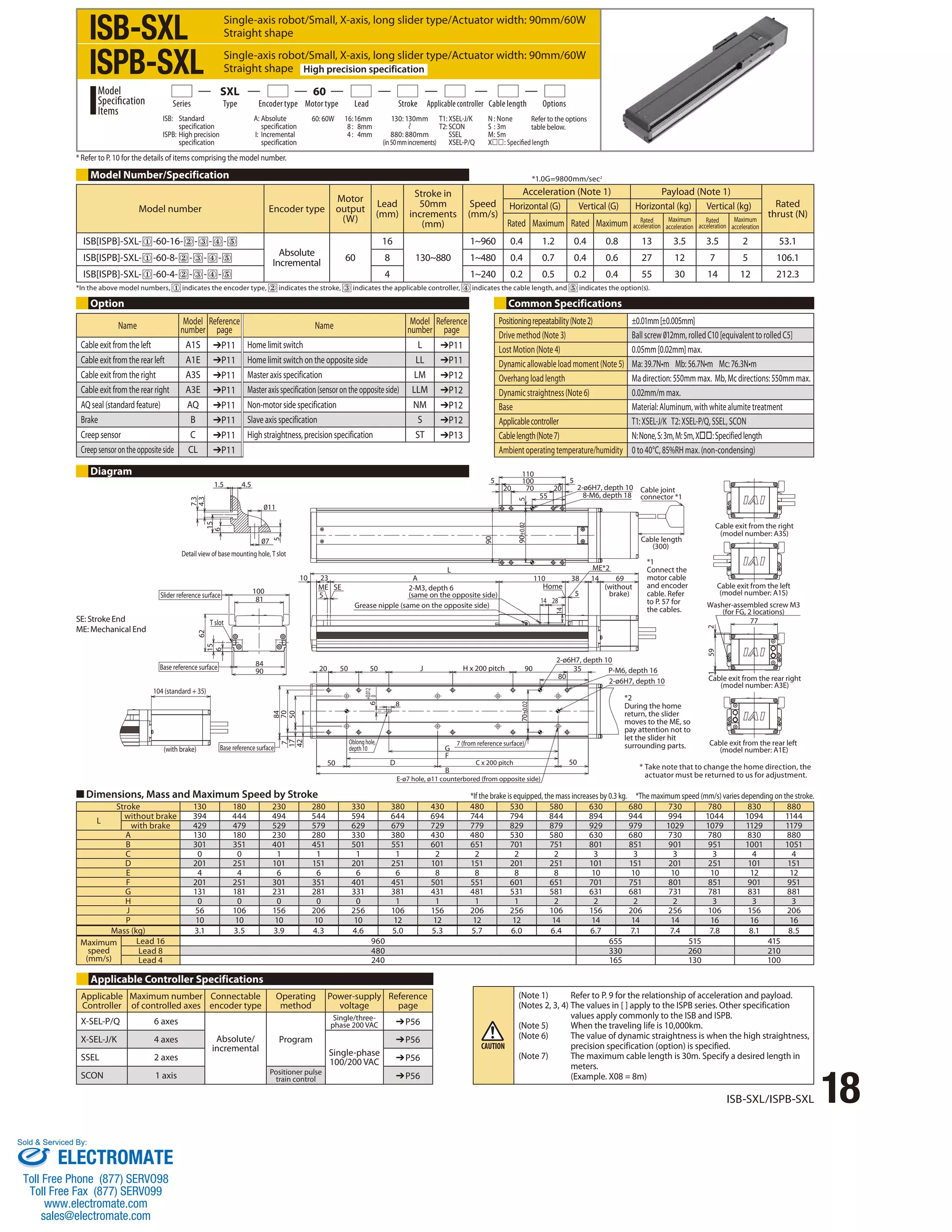 Series Type Encoder type Motor type Lead Stroke Applicable controller Cable length Options 
Acceleration (Note 1) Payload (Note 1) 
Cable exit from the right 
(model number: A3S) 
Cable exit from the left 
(model number: A1S) 
Washer-assembled screw M3 
(for FG, 2 locations) 
Cable exit from the rear right 
(model number: A3E) 
*1 
Connect the 
motor cable 
and encoder 
cable. Refer 
to P. 57 for 
the cables. 
*2 
During the home 
return, the slider 
moves to the ME, so 
pay attention not to 
let the slider hit 
surrounding parts. 
*If the brake is equipped, the mass increases by 0.3 kg. *The maximum speed (mm/s) varies depending on the stroke. 
18 ISB-SXL/ISPB-SXL 
Model number Encoder type 
7.3 
4.3 
1.5 4.5 
11 
5 
7 
15 
6 
Detail view of base mounting hole, T slot 
100 
81 
84 
90 
Slider reference surface 
T slot 
62 
15 
6 
Base reference surface 
104 (standard + 35) 
84 
70 
50 
(with brake) Base reference surface 
7 
17 
42 
Lead 
(mm) 
8 
Motor 
output 
(W) 
6 +0.012 
0 
ME SE 
20 50 
50 
50 
20 20 
ME*2 
14 69 
2-ø6H7, depth 10 
110 
100 
70 
Speed 
(mm/s) 
H x 200 pitch 90 P-M6, depth 16 
50 
Stroke in 
50mm 
increments 
(mm) 
J 
D 
Oblong hole, 
depth 10 
GF 
B 
70±0.02 
7 (from reference surface) 
C x 200 pitch 
E-ø7 hole, ø11 counterbored (from opposite side) 
2-ø6H7, depth 10 
80 
35 
10 23 
5 
L 
5 5 
55 
A 
2-M3, depth 6 
(same on the opposite side) 
Grease nipple (same on the opposite side) 
(without 
brake) 
110 38 
Home 
5 
14 28 
14 
90 
90±0.02 5 
2-ø6H7, depth 10 
8-M6, depth 18 
Cable joint 
connector *1 
Cable length 
(300) 
77 
1 59 2 
Cable exit from the rear left 
(model number: A1E) 
Model Number/Specification 
Option Common Specifications 
Diagram 
SE: Stroke End 
ME: Mechanical End 
■ Dimensions, Mass and Maximum Speed by Stroke 
Applicable Controller Specifications 
*1.0G=9800mm/sec2 
*In the above model numbers, indicates the encoder type, indicates the stroke, indicates the applicable controller, indicates the cable length, and indicates the option(s). 
Rated 
thrust (N) 
Horizontal (G) Vertical (G) Horizontal (kg) Vertical (kg) 
Rated Maximum Rated Maximum Rated 
acceleration 
Maximum 
acceleration 
Rated 
acceleration 
Maximum 
acceleration 
ISB[ISPB]-SXL- -60-16- - - - 
Absolute 
Incremental 60 
16 
130~880 
1~960 0.4 1.2 0.4 0.8 13 3.5 3.5 2 53.1 
ISB[ISPB]-SXL- -60-8- - - - 8 1~480 0.4 0.7 0.4 0.6 27 12 7 5 106.1 
ISB[ISPB]-SXL- -60-4- - - - 4 1~240 0.2 0.5 0.2 0.4 55 30 14 12 212.3 
Name Model 
number 
Reference 
page Name Model 
number 
Reference 
page 
Cable exit from the left A1S ➔P11 Home limit switch L ➔P11 
Cable exit from the rear left A1E ➔P11 Home limit switch on the opposite side LL ➔P11 
Cable exit from the right A3S ➔P11 Master axis specification LM ➔P12 
Cable exit from the rear right A3E ➔P11 Master axis specification (sensor on the opposite side) LLM ➔P12 
AQ seal (standard feature) AQ ➔P11 Non-motor side specification NM ➔P12 
Brake B ➔P11 Slave axis specification S ➔P12 
Creep sensor C ➔P11 High straightness, precision specification ST ➔P13 
Creep sensor on the opposite side CL ➔P11 
Positioning repeatability (Note 2) ±0.01mm [±0.005mm] 
Drive method (Note 3) Ball screw 012mm, rolled C10 [equivalent to rolled C5] 
Lost Motion (Note 4) 0.05mm [0.02mm] max. 
Dynamic allowable load moment (Note 5) Ma: 39.7N•m Mb: 56.7N•m Mc: 76.3N•m 
Overhang load length Ma direction: 550mm max. Mb, Mc directions: 550mm max. 
Dynamic straightness (Note 6) 0.02mm/m max. 
Base Material: Aluminum, with white alumite treatment 
Applicable controller T1: XSEL-J/K T2: XSEL-P/Q, SSEL, SCON 
Cable length (Note 7) N: None, S: 3m, M: 5m, X: Specified length 
Ambient operating temperature/humidity 0 to 40°C, 85%RH max. (non-condensing) 
Stroke 130 180 230 280 330 380 430 480 530 580 630 680 730 780 830 880 
L without brake 394 444 494 544 594 644 694 744 794 844 894 944 994 1044 1094 1144 
with brake 429 479 529 579 629 679 729 779 829 879 929 979 1029 1079 1129 1179 
A 130 180 230 280 330 380 430 480 530 580 630 680 730 780 830 880 
B 301 351 401 451 501 551 601 651 701 751 801 851 901 951 1001 1051 
C 0 0 1 1 1 1 2 2 2 2 3 3 3 3 4 4 
D 201 251 101 151 201 251 101 151 201 251 101 151 201 251 101 151 
E 4 4 6 6 6 6 8 8 8 8 10 10 10 10 12 12 
F 201 251 301 351 401 451 501 551 601 651 701 751 801 851 901 951 
G 131 181 231 281 331 381 431 481 531 581 631 681 731 781 831 881 
H 0 0 0 0 0 1 1 1 1 2 2 2 2 3 3 3 
J 56 106 156 206 256 106 156 206 256 106 156 206 256 106 156 206 
P 10 10 10 10 10 12 12 12 12 14 14 14 14 16 16 16 
Mass (kg) 3.1 3.5 3.9 4.3 4.6 5.0 5.3 5.7 6.0 6.4 6.7 7.1 7.4 7.8 8.1 8.5 
Maximum 
speed 
(mm/s) 
Lead 16 960 655 515 415 
Lead 8 480 330 260 210 
Lead 4 240 165 130 100 
(Note 1) Refer to P. 9 for the relationship of acceleration and payload. 
(Notes 2, 3, 4) The values in [ ] apply to the ISPB series. Other specification 
values apply commonly to the ISB and ISPB. 
(Note 5) When the traveling life is 10,000km. 
(Note 6) The value of dynamic straightness is when the high straightness, 
precision specification (option) is specified. 
(Note 7) The maximum cable length is 30m. Specify a desired length in 
meters. 
(Example. X08 = 8m) 
Applicable 
Controller 
Maximum number 
of controlled axes 
Connectable 
encoder type 
Operating 
method 
Power-supply 
voltage 
Reference 
page 
X-SEL-P/Q 6 axes 
Absolute/ 
incremental 
Program 
Single/three-phase 
200 VAC ➔P56 
X-SEL-J/K 4 axes 
Single-phase 
100/200 VAC 
➔P56 
SSEL 2 axes ➔P56 
SCON 1 axis Positioner pulse 
train control ➔P56 
ISB-SXL 
ISPB-SXL 
Single-axis robot/Small, X-axis, long slider type/Actuator width: 90mm/60W 
Straight shape 
Single-axis robot/Small, X-axis, long slider type/Actuator width: 90mm/60W 
Straight shape High precision specification 
130: 130mm 
880: 880mm 
(in 50 mm increments) 
ISB: Standard 
specification 
ISPB: High precision 
specification 
A: Absolute 
specification 
I: Incremental 
specification 
60: 60W 16 : 16mm 
8 : 8mm 
4 : 4mm 
Model 
Specification 
Items 
SXL 60 
T1: XSEL-J/K 
T2: SCON 
SSEL 
XSEL-P/Q 
N : None 
S : 3m 
M : 5m 
X: Specified length 
Refer to the options 
table below. 
* Take note that to change the home direction, the 
actuator must be returned to us for adjustment. 
* Refer to P. 10 for the details of items comprising the model number. 
Sold  Serviced By: 
ELECTROMATE 
Toll Free Phone (877) SERVO98 
Toll Free Fax (877) SERV099 
www.electromate.com 
sales@electromate.com 
 