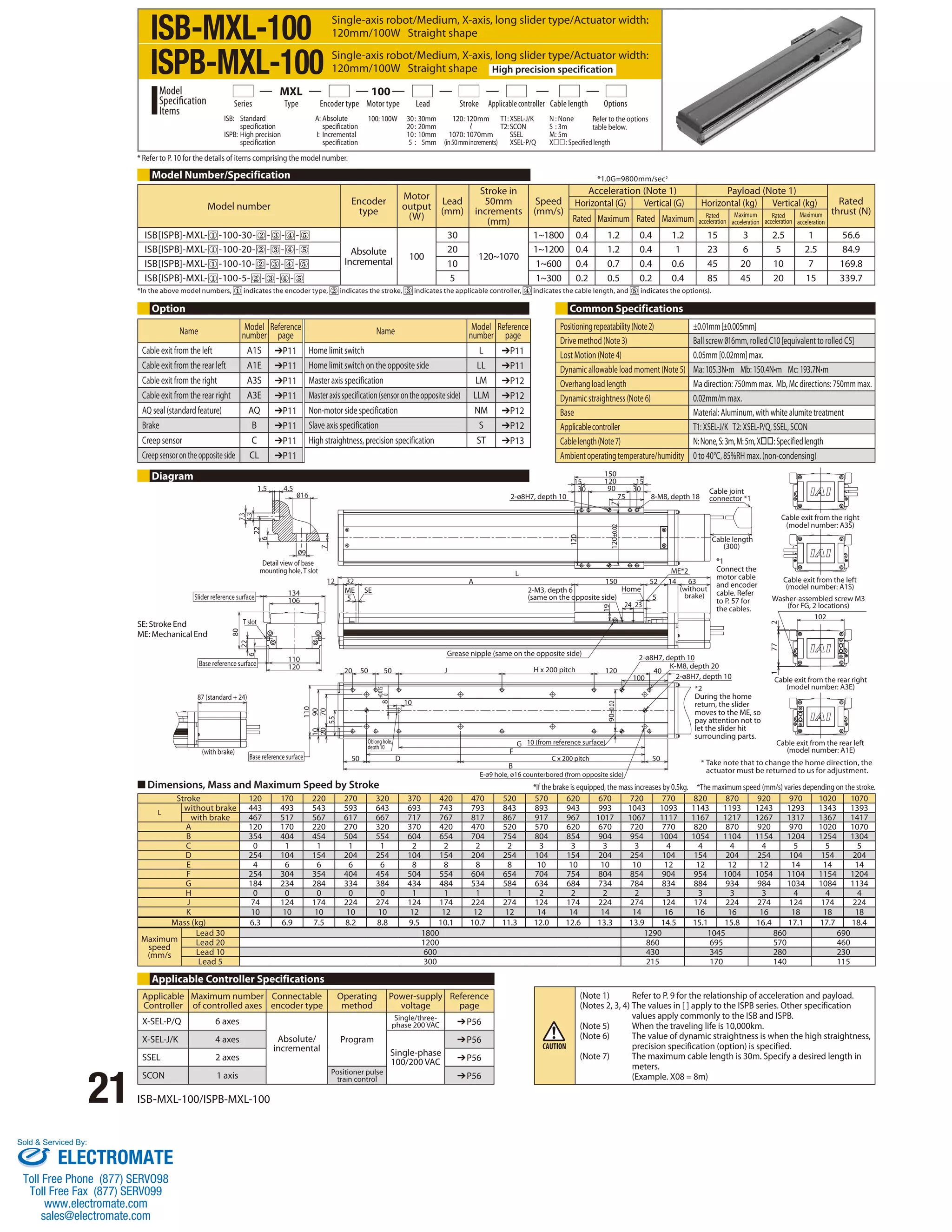 Series Type Encoder type Motor type Lead Stroke Applicable controller Cable length Options 
* Refer to P. 10 for the details of items comprising the model number. 
Model Number/Specification 
Model number Encoder 
type 
Motor 
output 
(W) 
Lead 
(mm) 
Stroke in 
50mm 
increments 
(mm) 
Speed 
(mm/s) 
Acceleration (Note 1) Payload (Note 1) 
Option Common Specifications 
Name Model 
1.5 4.5 
4.3 
Slider reference surface 
80 
T slot 
■ Dimensions, Mass and Maximum Speed by Stroke 
21 ISB-MXL-100/ISPB-MXL-100 
16 
9 
7.3 
22 
6 
7 
Detail view of base 
mounting hole, T slot 
134 
106 
110 
120 
22 
6 
Base reference surface 
87 (standard + 24) 
(with brake) 
110 
70 
10 90 
20 
Base reference surface 
55 
ME SE 
20 50 50 J 
10 
+0.015 
0 
8 
Oblong hole, 
depth 10 
50 D 
G 
F 
B 
15 15 
H x 200 pitch 
150 
90 
120 
10 (from reference surface) 
C x 200 pitch 
E-ø9 hole, ø16 counterbored (from opposite side) 
2-ø8H7, depth 10 
50 
90±0.02 
100 
40 
*1 
Connect the 
motor cable 
and encoder 
cable. Refer 
to P. 57 for 
the cables. 
K-M8, depth 20 
2-ø8H7, depth 10 
Grease nipple (same on the opposite side) 
12 32 
5 
A 
L 
5 
14 63 
(without 
brake) 
150 52 
2-M3, depth 6 Home 
(same on the opposite side) 
19 
24 23 
ME*2 
120 
30 30 
2-ø8H7, depth 10 75 8-M8, depth 18 
120 
120±0.02 7 
Cable joint 
connector *1 
Cable length 
(300) 
Cable exit from the right 
(model number: A3S) 
Cable exit from the left 
(model number: A1S) 
Washer-assembled screw M3 
(for FG, 2 locations) 
102 
Cable exit from the rear right 
(model number: A3E) 
Cable exit from the rear left 
(model number: A1E) 
1 77 2 
*2 
During the home 
return, the slider 
moves to the ME, so 
pay attention not to 
let the slider hit 
surrounding parts. 
Stroke 120 170 220 270 320 370 420 470 520 570 620 670 720 770 820 870 920 970 1020 1070 
L without brake 443 493 543 593 643 693 743 793 843 893 943 993 1043 1093 1143 1193 1243 1293 1343 1393 
with brake 467 517 567 617 667 717 767 817 867 917 967 1017 1067 1117 1167 1217 1267 1317 1367 1417 
A 120 170 220 270 320 370 420 470 520 570 620 670 720 770 820 870 920 970 1020 1070 
B 354 404 454 504 554 604 654 704 754 804 854 904 954 1004 1054 1104 1154 1204 1254 1304 
C 0 1 1 1 1 2 2 2 2 3 3 3 3 4 4 4 4 5 5 5 
D 254 104 154 204 254 104 154 204 254 104 154 204 254 104 154 204 254 104 154 204 
E 4 6 6 6 6 8 8 8 8 10 10 10 10 12 12 12 12 14 14 14 
F 254 304 354 404 454 504 554 604 654 704 754 804 854 904 954 1004 1054 1104 1154 1204 
G 184 234 284 334 384 434 484 534 584 634 684 734 784 834 884 934 984 1034 1084 1134 
H 0 0 0 0 0 1 1 1 1 2 2 2 2 3 3 3 3 4 4 4 
J 74 124 174 224 274 124 174 224 274 124 174 224 274 124 174 224 274 124 174 224 
K 10 10 10 10 10 12 12 12 12 14 14 14 14 16 16 16 16 18 18 18 
Mass (kg) 6.3 6.9 7.5 8.2 8.8 9.5 10.1 10.7 11.3 12.0 12.6 13.3 13.9 14.5 15.1 15.8 16.4 17.1 17.7 18.4 
Maximum 
speed 
(mm/s 
Lead 30 1800 1290 1045 860 690 
Lead 20 1200 860 695 570 460 
Lead 10 600 430 345 280 230 
Lead 5 300 215 170 140 115 
Diagram 
Applicable Controller Specifications 
*1.0G=9800mm/sec2 
*In the above model numbers, indicates the encoder type, indicates the stroke, indicates the applicable controller, indicates the cable length, and indicates the option(s). 
Rated 
thrust (N) 
Horizontal (G) Vertical (G) Horizontal (kg) Vertical (kg) 
Rated Maximum Rated Maximum Rated 
acceleration 
Maximum 
acceleration 
Rated 
acceleration 
Maximum 
acceleration 
ISB[ISPB]-MXL- -100-30- - - - 
Absolute 
Incremental 100 
30 
120~1070 
1~1800 0.4 1.2 0.4 1.2 15 3 2.5 1 56.6 
ISB[ISPB]-MXL- -100-20- - - - 20 1~1200 0.4 1.2 0.4 1 23 6 5 2.5 84.9 
ISB[ISPB]-MXL- -100-10- - - - 10 1~600 0.4 0.7 0.4 0.6 45 20 10 7 169.8 
ISB[ISPB]-MXL- -100-5- - - - 5 1~300 0.2 0.5 0.2 0.4 85 45 20 15 339.7 
Positioning repeatability (Note 2) ±0.01mm [±0.005mm] 
Drive method (Note 3) Ball screw 016mm, rolled C10 [equivalent to rolled C5] 
Lost Motion (Note 4) 0.05mm [0.02mm] max. 
Dynamic allowable load moment (Note 5) Ma: 105.3N•m Mb: 150.4N•m Mc: 193.7N•m 
Overhang load length Ma direction: 750mm max. Mb, Mc directions: 750mm max. 
Dynamic straightness (Note 6) 0.02mm/m max. 
Base Material: Aluminum, with white alumite treatment 
Applicable controller T1: XSEL-J/K T2: XSEL-P/Q, SSEL, SCON 
Cable length (Note 7) N: None, S: 3m, M: 5m, X: Specified length 
Ambient operating temperature/humidity 0 to 40°C, 85%RH max. (non-condensing) 
*If the brake is equipped, the mass increases by 0.5kg. *The maximum speed (mm/s) varies depending on the stroke. 
(Note 1) Refer to P. 9 for the relationship of acceleration and payload. 
(Notes 2, 3, 4) The values in [ ] apply to the ISPB series. Other specification 
values apply commonly to the ISB and ISPB. 
(Note 5) When the traveling life is 10,000km. 
(Note 6) The value of dynamic straightness is when the high straightness, 
precision specification (option) is specified. 
(Note 7) The maximum cable length is 30m. Specify a desired length in 
meters. 
(Example. X08 = 8m) 
Applicable 
Controller 
Maximum number 
of controlled axes 
Connectable 
encoder type 
Operating 
method 
Power-supply 
voltage 
Reference 
page 
X-SEL-P/Q 6 axes 
Absolute/ 
incremental 
Program 
Single/three-phase 
200 VAC ➔P56 
X-SEL-J/K 4 axes 
Single-phase 
100/200 VAC 
➔P56 
SSEL 2 axes ➔P56 
SCON 1 axis Positioner pulse 
train control ➔P56 
ISB-MXL-100 
ISPB-MXL-100 
Single-axis robot/Medium, X-axis, long slider type/Actuator width: 
120mm/100W Straight shape 
Single-axis robot/Medium, X-axis, long slider type/Actuator width: 
120mm/100W Straight shape High precision specification 
120: 120mm 
1070: 1070mm 
(in 50 mm increments) 
ISB: Standard 
specification 
ISPB: High precision 
specification 
A: Absolute 
specification 
I: Incremental 
specification 
100: 100W 30 : 30mm 
20 : 20mm 
10 : 10mm 
5 : 5mm 
Model 
Specification 
Items 
MXL 100 
T1: XSEL-J/K 
T2: SCON 
SSEL 
XSEL-P/Q 
N : None 
S : 3m 
M : 5m 
X: Specified length 
Refer to the options 
table below. 
* Take note that to change the home direction, the 
actuator must be returned to us for adjustment. 
SE: Stroke End 
ME: Mechanical End 
number 
Reference 
page Name Model 
number 
Reference 
page 
Cable exit from the left A1S ➔P11 Home limit switch L ➔P11 
Cable exit from the rear left A1E ➔P11 Home limit switch on the opposite side LL ➔P11 
Cable exit from the right A3S ➔P11 Master axis specification LM ➔P12 
Cable exit from the rear right A3E ➔P11 Master axis specification (sensor on the opposite side) LLM ➔P12 
AQ seal (standard feature) AQ ➔P11 Non-motor side specification NM ➔P12 
Brake B ➔P11 Slave axis specification S ➔P12 
Creep sensor C ➔P11 High straightness, precision specification ST ➔P13 
Creep sensor on the opposite side CL ➔P11 
Sold  Serviced By: 
ELECTROMATE 
Toll Free Phone (877) SERVO98 
Toll Free Fax (877) SERV099 
www.electromate.com 
sales@electromate.com 
 