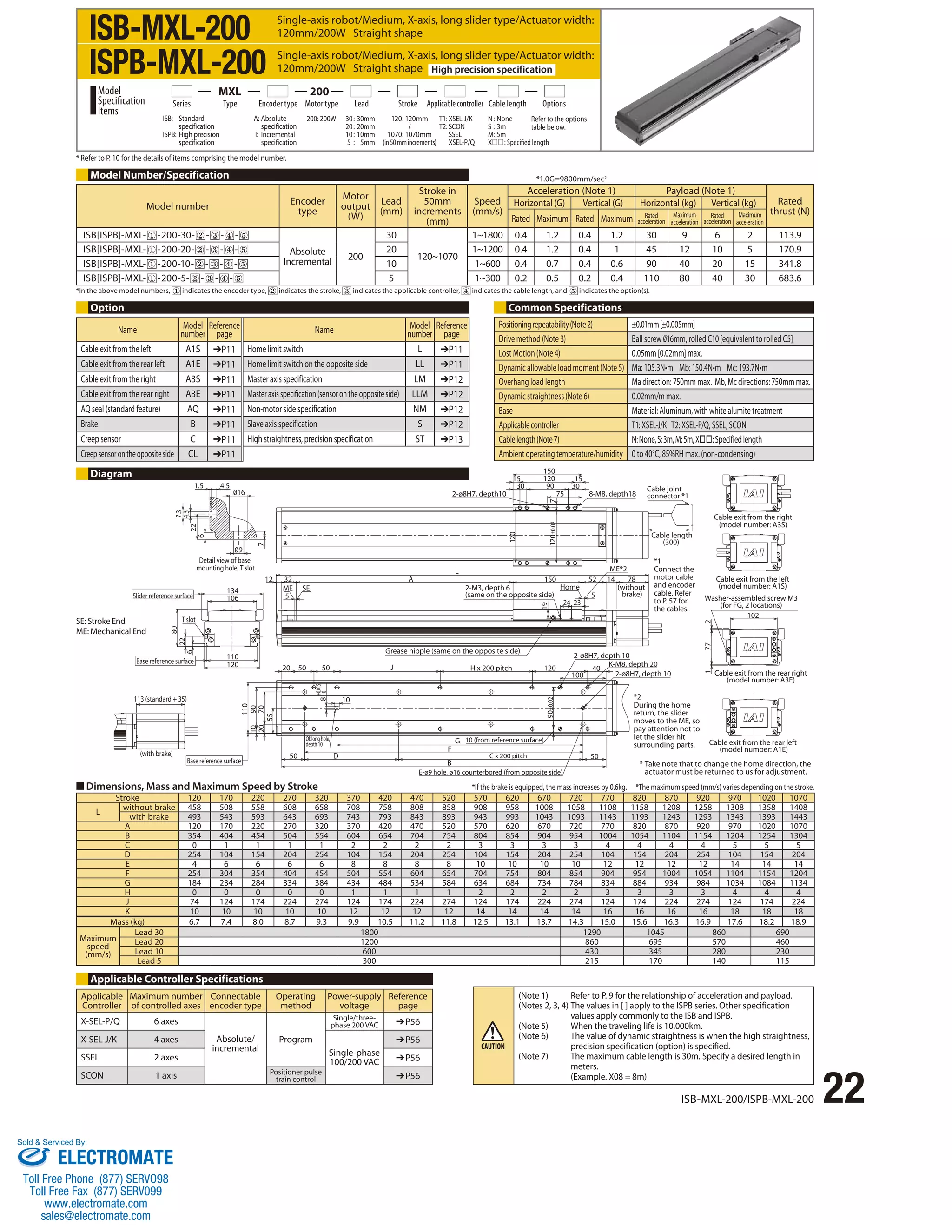 Series Type Encoder type Motor type Lead Stroke Applicable controller Cable length Options 
Acceleration (Note 1) Payload (Note 1) 
Cable exit from the right 
(model number: A3S) 
Cable exit from the left 
(model number: A1S) 
Washer-assembled screw M3 
(for FG, 2 locations) 
102 
Cable exit from the rear right 
(model number: A3E) 
*1 
Connect the 
motor cable 
and encoder 
cable. Refer 
to P. 57 for 
the cables. 
*2 
During the home 
return, the slider 
moves to the ME, so 
pay attention not to 
let the slider hit 
surrounding parts. 
22 ISB-MXL-200/ISPB-MXL-200 
* Refer to P. 10 for the details of items comprising the model number. 
Model Number/Specification 
Model number Encoder 
type 
Motor 
output 
(W) 
Lead 
(mm) 
Stroke in 
50mm 
increments 
(mm) 
Speed 
(mm/s) 
Option Common Specifications 
Name Model 
1.5 4.5 
16 
9 
7.3 
4.3 
22 
6 
7 
Detail view of base 
mounting hole, T slot 
134 
106 
110 
120 
Slider reference surface 
80 
T slot 
22 
6 
Base reference surface 
Base reference surface 
113 (standard + 35) 
(with brake) 
110 
70 
10 90 
20 
55 
ME SE 
20 50 50 
10 
+0.015 
0 
8 
Oblong hole, 
depth 10 
50 D 
J 
G 
F 
B 
150 
15 15 
10 (from reference surface) 
C x 200 pitch 
90 
E-ø9 hole, ø16 counterbored (from opposite side) 
2-ø8H7, depth 10 
50 
120 
100 
40 
Grease nipple (same on the opposite side) 
H x 200 pitch 
K-M8, depth 20 
2-ø8H7, depth 10 
12 32 
5 
A 
L 
90±0.02 
5 
14 78 
(without 
brake) 
150 52 
2-M3, depth 6 Home 
(same on the opposite side) 
19 
24 23 
ME*2 
Cable joint 
connector *1 
Cable length 
(300) 
120 
30 30 
2-ø8H7, depth10 75 8-M8, depth18 
120 
120±0.02 7 
Cable exit from the rear left 
(model number: A1E) 
1 77 2 
■ Dimensions, Mass and Maximum Speed by Stroke 
Stroke 120 170 220 270 320 370 420 470 520 570 620 670 720 770 820 870 920 970 1020 1070 
L without brake 458 508 558 608 658 708 758 808 858 908 958 1008 1058 1108 1158 1208 1258 1308 1358 1408 
with brake 493 543 593 643 693 743 793 843 893 943 993 1043 1093 1143 1193 1243 1293 1343 1393 1443 
A 120 170 220 270 320 370 420 470 520 570 620 670 720 770 820 870 920 970 1020 1070 
B 354 404 454 504 554 604 654 704 754 804 854 904 954 1004 1054 1104 1154 1204 1254 1304 
C 0 1 1 1 1 2 2 2 2 3 3 3 3 4 4 4 4 5 5 5 
D 254 104 154 204 254 104 154 204 254 104 154 204 254 104 154 204 254 104 154 204 
E 4 6 6 6 6 8 8 8 8 10 10 10 10 12 12 12 12 14 14 14 
F 254 304 354 404 454 504 554 604 654 704 754 804 854 904 954 1004 1054 1104 1154 1204 
G 184 234 284 334 384 434 484 534 584 634 684 734 784 834 884 934 984 1034 1084 1134 
H 0 0 0 0 0 1 1 1 1 2 2 2 2 3 3 3 3 4 4 4 
J 74 124 174 224 274 124 174 224 274 124 174 224 274 124 174 224 274 124 174 224 
K 10 10 10 10 10 12 12 12 12 14 14 14 14 16 16 16 16 18 18 18 
Mass (kg) 6.7 7.4 8.0 8.7 9.3 9.9 10.5 11.2 11.8 12.5 13.1 13.7 14.3 15.0 15.6 16.3 16.9 17.6 18.2 18.9 
Maximum 
speed 
(mm/s) 
Lead 30 1800 1290 1045 860 690 
Lead 20 1200 860 695 570 460 
Lead 10 600 430 345 280 230 
Lead 5 300 215 170 140 115 
Diagram 
Applicable Controller Specifications 
*1.0G=9800mm/sec2 
*In the above model numbers, indicates the encoder type, indicates the stroke, indicates the applicable controller, indicates the cable length, and indicates the option(s). 
Rated 
thrust (N) 
Horizontal (G) Vertical (G) Horizontal (kg) Vertical (kg) 
Rated Maximum Rated Maximum Rated 
acceleration 
Maximum 
acceleration 
Rated 
acceleration 
Maximum 
acceleration 
ISB[ISPB]-MXL- -200-30- - - - 
Absolute 
Incremental 200 
30 
120~1070 
1~1800 0.4 1.2 0.4 1.2 30 9 6 2 113.9 
ISB[ISPB]-MXL- -200-20- - - - 20 1~1200 0.4 1.2 0.4 1 45 12 10 5 170.9 
ISB[ISPB]-MXL- -200-10- - - - 10 1~600 0.4 0.7 0.4 0.6 90 40 20 15 341.8 
ISB[ISPB]-MXL- -200-5- - - - 5 1~300 0.2 0.5 0.2 0.4 110 80 40 30 683.6 
Positioning repeatability (Note 2) ±0.01mm [±0.005mm] 
Drive method (Note 3) Ball screw 016mm, rolled C10 [equivalent to rolled C5] 
Lost Motion (Note 4) 0.05mm [0.02mm] max. 
Dynamic allowable load moment (Note 5) Ma: 105.3N•m Mb: 150.4N•m Mc: 193.7N•m 
Overhang load length Ma direction: 750mm max. Mb, Mc directions: 750mm max. 
Dynamic straightness (Note 6) 0.02mm/m max. 
Base Material: Aluminum, with white alumite treatment 
Applicable controller T1: XSEL-J/K T2: XSEL-P/Q, SSEL, SCON 
Cable length (Note 7) N: None, S: 3m, M: 5m, X: Specified length 
Ambient operating temperature/humidity 0 to 40°C, 85%RH max. (non-condensing) 
*If the brake is equipped, the mass increases by 0.6kg. *The maximum speed (mm/s) varies depending on the stroke. 
(Note 1) Refer to P. 9 for the relationship of acceleration and payload. 
(Notes 2, 3, 4) The values in [ ] apply to the ISPB series. Other specification 
values apply commonly to the ISB and ISPB. 
(Note 5) When the traveling life is 10,000km. 
(Note 6) The value of dynamic straightness is when the high straightness, 
precision specification (option) is specified. 
(Note 7) The maximum cable length is 30m. Specify a desired length in 
meters. 
(Example. X08 = 8m) 
ISB-MXL-200 
ISPB-MXL-200 
Single-axis robot/Medium, X-axis, long slider type/Actuator width: 
120mm/200W Straight shape 
Single-axis robot/Medium, X-axis, long slider type/Actuator width: 
120mm/200W Straight shape High precision specification 
120: 120mm 
1070: 1070mm 
(in 50 mm increments) 
ISB: Standard 
specification 
ISPB: High precision 
specification 
A: Absolute 
specification 
I: Incremental 
specification 
200: 200W 30 : 30mm 
20 : 20mm 
10 : 10mm 
5 : 5mm 
Model 
Specification 
Items 
MXL 200 
T1: XSEL-J/K 
T2: SCON 
SSEL 
XSEL-P/Q 
N : None 
S : 3m 
M : 5m 
X: Specified length 
Refer to the options 
table below. 
Applicable 
Controller 
Maximum number 
of controlled axes 
Connectable 
encoder type 
Operating 
method 
Power-supply 
voltage 
Reference 
page 
X-SEL-P/Q 6 axes 
Absolute/ 
incremental 
Program 
Single/three-phase 
200 VAC ➔P56 
X-SEL-J/K 4 axes 
Single-phase 
100/200 VAC 
➔P56 
SSEL 2 axes ➔P56 
SCON 1 axis Positioner pulse 
train control ➔P56 
* Take note that to change the home direction, the 
actuator must be returned to us for adjustment. 
SE: Stroke End 
ME: Mechanical End 
number 
Reference 
page Name Model 
number 
Reference 
page 
Cable exit from the left A1S ➔P11 Home limit switch L ➔P11 
Cable exit from the rear left A1E ➔P11 Home limit switch on the opposite side LL ➔P11 
Cable exit from the right A3S ➔P11 Master axis specification LM ➔P12 
Cable exit from the rear right A3E ➔P11 Master axis specification (sensor on the opposite side) LLM ➔P12 
AQ seal (standard feature) AQ ➔P11 Non-motor side specification NM ➔P12 
Brake B ➔P11 Slave axis specification S ➔P12 
Creep sensor C ➔P11 High straightness, precision specification ST ➔P13 
Creep sensor on the opposite side CL ➔P11 
Sold  Serviced By: 
ELECTROMATE 
Toll Free Phone (877) SERVO98 
Toll Free Fax (877) SERV099 
www.electromate.com 
sales@electromate.com 
 