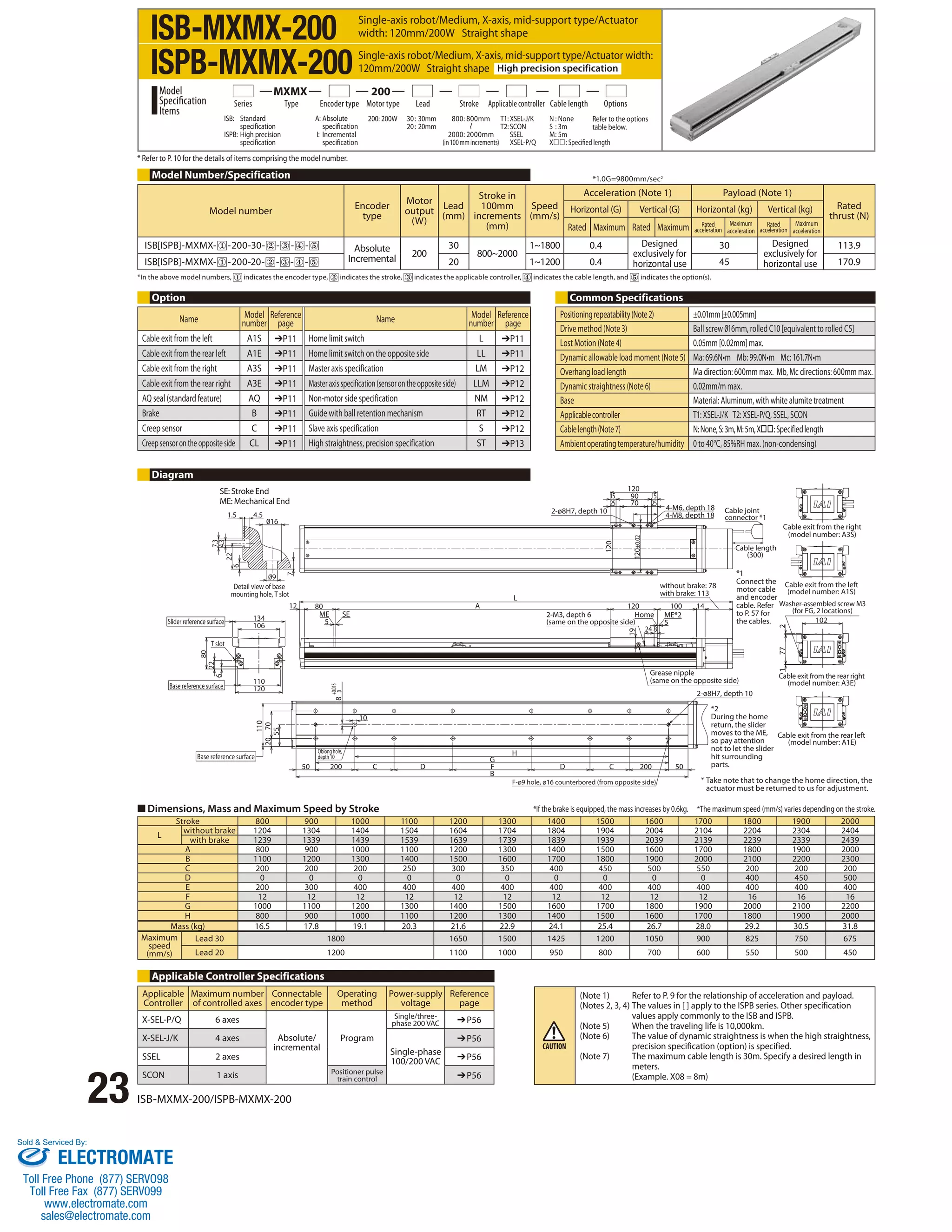 Series Type Encoder type Motor type Lead Stroke Applicable controller Cable length Options 
* Refer to P. 10 for the details of items comprising the model number. 
Model Number/Specification 
Option Common Specifications 
4.3 
110 
Slider reference surface 
80 
T slot 
110 
■ Dimensions, Mass and Maximum Speed by Stroke 
23 ISB-MXMX-200/ISPB-MXMX-200 
4-M6, depth 18 
*1 
Connect the 
motor cable 
and encoder 
cable. Refer 
to P. 57 for 
the cables. 
Grease nipple 
(same on the opposite side) 
1.5 4.5 
16 
9 
7.3 
22 
6 
7 
Detail view of base 
mounting hole, T slot 
134 
106 
120 
22 
6 
Base reference surface 
Base reference surface 
20 70 
55 
ME SE 
+0.015 
0 
8 
Oblong hole, 
depth 10 
10 
G 
120 
2-M3, depth 6 
(same on the opposite side) 
50 200 C D D C 200 
B 
H 
F 50 
2-ø8H7, depth 10 
12 80 
5 
A 
L 
120 100 14 
Home ME*2 
5 
24 8 
19 
4-M8, depth 18 
without brake: 78 
with brake: 113 
120 
90 
70 
15 
25 
15 
25 
2-ø8H7, depth 10 
120±0.02 
Cable joint 
connector *1 
Cable length 
(300) 
Cable exit from the right 
(model number: A3S) 
Cable exit from the left 
(model number: A1S) 
Washer-assembled screw M3 
(for FG, 2 locations) 
102 
Cable exit from the rear right 
(model number: A3E) 
Cable exit from the rear left 
(model number: A1E) 
1 77 2 
F-ø9 hole, ø16 counterbored (from opposite side) 
Model number Encoder 
type 
Motor 
output 
(W) 
Lead 
(mm) 
Stroke in 
100mm 
increments 
(mm) 
Speed 
(mm/s) 
Acceleration (Note 1) Payload (Note 1) 
Rated 
thrust (N) 
Horizontal (G) Vertical (G) Horizontal (kg) Vertical (kg) 
Rated Maximum Rated Maximum Rated 
acceleration 
Maximum 
acceleration 
Rated 
acceleration 
Maximum 
acceleration 
ISB[ISPB]-MXMX- -200-30- - - - Absolute 
Incremental 200 
30 
800~2000 
1~1800 0.4 Designed 
exclusively for 
horizontal use 
30 Designed 
exclusively for 
horizontal use 
113.9 
ISB[ISPB]-MXMX- -200-20- - - - 20 1~1200 0.4 45 170.9 
*2 
During the home 
return, the slider 
moves to the ME, 
so pay attention 
not to let the slider 
hit surrounding 
parts. 
Stroke 800 900 1000 1100 1200 1300 1400 1500 1600 1700 1800 1900 2000 
L without brake 1204 1304 1404 1504 1604 1704 1804 1904 2004 2104 2204 2304 2404 
with brake 1239 1339 1439 1539 1639 1739 1839 1939 2039 2139 2239 2339 2439 
A 800 900 1000 1100 1200 1300 1400 1500 1600 1700 1800 1900 2000 
B 1100 1200 1300 1400 1500 1600 1700 1800 1900 2000 2100 2200 2300 
C 200 200 200 250 300 350 400 450 500 550 200 200 200 
D 0 0 0 0 0 0 0 0 0 0 400 450 500 
E 200 300 400 400 400 400 400 400 400 400 400 400 400 
F 12 12 12 12 12 12 12 12 12 12 16 16 16 
G 1000 1100 1200 1300 1400 1500 1600 1700 1800 1900 2000 2100 2200 
H 800 900 1000 1100 1200 1300 1400 1500 1600 1700 1800 1900 2000 
Mass (kg) 16.5 17.8 19.1 20.3 21.6 22.9 24.1 25.4 26.7 28.0 29.2 30.5 31.8 
Maximum 
speed 
(mm/s) 
Lead 30 1800 1650 1500 1425 1200 1050 900 825 750 675 
Lead 20 1200 1100 1000 950 800 700 600 550 500 450 
Diagram 
Applicable Controller Specifications 
*1.0G=9800mm/sec2 
*In the above model numbers, indicates the encoder type, indicates the stroke, indicates the applicable controller, indicates the cable length, and indicates the option(s). 
Positioning repeatability (Note 2) ±0.01mm [±0.005mm] 
Drive method (Note 3) Ball screw 016mm, rolled C10 [equivalent to rolled C5] 
Lost Motion (Note 4) 0.05mm [0.02mm] max. 
Dynamic allowable load moment (Note 5) Ma: 69.6N•m Mb: 99.0N•m Mc: 161.7N•m 
Overhang load length Ma direction: 600mm max. Mb, Mc directions: 600mm max. 
Dynamic straightness (Note 6) 0.02mm/m max. 
Base Material: Aluminum, with white alumite treatment 
Applicable controller T1: XSEL-J/K T2: XSEL-P/Q, SSEL, SCON 
Cable length (Note 7) N: None, S: 3m, M: 5m, X: Specified length 
Ambient operating temperature/humidity 0 to 40°C, 85%RH max. (non-condensing) 
Applicable 
Controller 
Maximum number 
of controlled axes 
Connectable 
encoder type 
Operating 
method 
Power-supply 
voltage 
Reference 
page 
X-SEL-P/Q 6 axes 
Absolute/ 
incremental 
Program 
Single/three-phase 
200 VAC ➔P56 
X-SEL-J/K 4 axes 
Single-phase 
100/200 VAC 
➔P56 
SSEL 2 axes ➔P56 
SCON 1 axis Positioner pulse 
train control ➔P56 
SE: Stroke End 
ME: Mechanical End 
*If the brake is equipped, the mass increases by 0.6kg. *The maximum speed (mm/s) varies depending on the stroke. 
(Note 1) Refer to P. 9 for the relationship of acceleration and payload. 
(Notes 2, 3, 4) The values in [ ] apply to the ISPB series. Other specification 
values apply commonly to the ISB and ISPB. 
(Note 5) When the traveling life is 10,000km. 
(Note 6) The value of dynamic straightness is when the high straightness, 
precision specification (option) is specified. 
(Note 7) The maximum cable length is 30m. Specify a desired length in 
meters. 
(Example. X08 = 8m) 
ISB-MXMX-200 
ISPB-MXMX-200 
Single-axis robot/Medium, X-axis, mid-support type/Actuator 
width: 120mm/200W Straight shape 
Single-axis robot/Medium, X-axis, mid-support type/Actuator width: 
120mm/200W Straight shape High precision specification 
800: 800mm 
2000: 2000mm 
(in 100 mm increments) 
ISB: Standard 
specification 
ISPB: High precision 
specification 
A: Absolute 
specification 
I: Incremental 
specification 
200: 200W 30 : 30mm 
20 : 20mm 
Model 
Specification 
Items 
MXMX 200 
T1: XSEL-J/K 
T2: SCON 
SSEL 
XSEL-P/Q 
N : None 
S : 3m 
M : 5m 
X: Specified length 
Refer to the options 
table below. 
* Take note that to change the home direction, the 
actuator must be returned to us for adjustment. 
Name Model 
number 
Reference 
page Name Model 
number 
Reference 
page 
Cable exit from the left A1S ➔P11 Home limit switch L ➔P11 
Cable exit from the rear left A1E ➔P11 Home limit switch on the opposite side LL ➔P11 
Cable exit from the right A3S ➔P11 Master axis specification LM ➔P12 
Cable exit from the rear right A3E ➔P11 Master axis specification (sensor on the opposite side) LLM ➔P12 
AQ seal (standard feature) AQ ➔P11 Non-motor side specification NM ➔P12 
Brake B ➔P11 Guide with ball retention mechanism RT ➔P12 
Creep sensor C ➔P11 Slave axis specification S ➔P12 
Creep sensor on the opposite side CL ➔P11 High straightness, precision specification ST ➔P13 
Sold  Serviced By: 
ELECTROMATE 
Toll Free Phone (877) SERVO98 
Toll Free Fax (877) SERV099 
www.electromate.com 
sales@electromate.com 
 