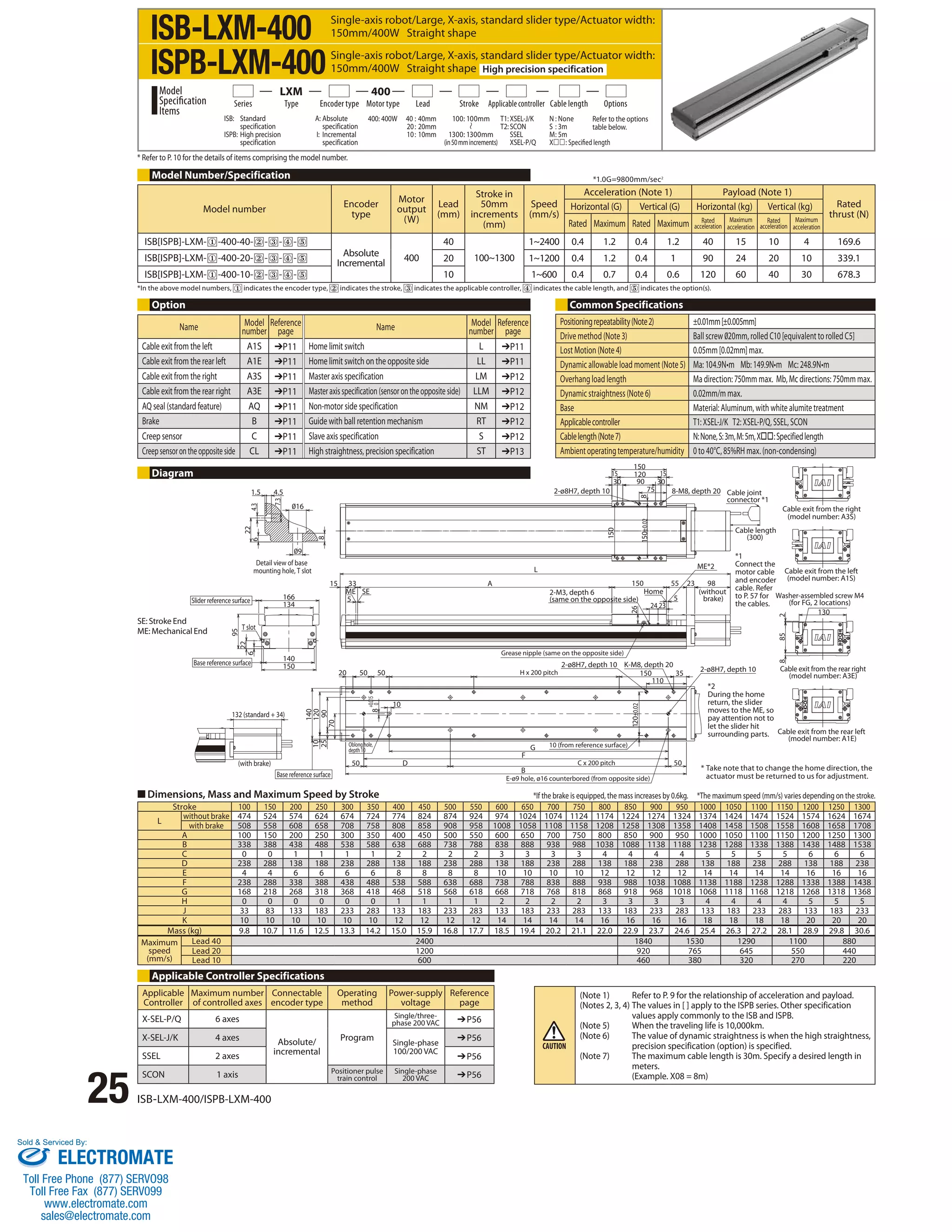 Series Type Encoder type Motor type Lead Stroke Applicable controller Cable length Options 
* Refer to P. 10 for the details of items comprising the model number. 
Model Number/Specification 
Model number Encoder 
type 
Motor 
output 
(W) 
Lead 
(mm) 
Stroke in 
50mm 
increments 
(mm) 
Speed 
(mm/s) 
Acceleration (Note 1) Payload (Note 1) 
Option Common Specifications 
Name Model 
1.5 4.5 
Diagram 
Slider reference surface 
95 
T slot 
■ Dimensions, Mass and Maximum Speed by Stroke 
*1 
Connect the 
motor cable 
and encoder 
cable. Refer 
to P. 57 for 
the cables. 
*2 
During the home 
return, the slider 
moves to the ME, so 
pay attention not to 
let the slider hit 
surrounding parts. 
Stroke 100 150 200 250 300 350 400 450 500 550 600 650 700 750 800 850 900 950 1000 1050 1100 1150 1200 1250 1300 
L without brake 474 524 574 624 674 724 774 824 874 924 974 1024 1074 1124 1174 1224 1274 1324 1374 1424 1474 1524 1574 1624 1674 
with brake 508 558 608 658 708 758 808 858 908 958 1008 1058 1108 1158 1208 1258 1308 1358 1408 1458 1508 1558 1608 1658 1708 
A 100 150 200 250 300 350 400 450 500 550 600 650 700 750 800 850 900 950 1000 1050 1100 1150 1200 1250 1300 
B 338 388 438 488 538 588 638 688 738 788 838 888 938 988 1038 1088 1138 1188 1238 1288 1338 1388 1438 1488 1538 
C 0 0 1 1 1 1 2 2 2 2 3 3 3 3 4 4 4 4 5 5 5 5 6 6 6 
D 238 288 138 188 238 288 138 188 238 288 138 188 238 288 138 188 238 288 138 188 238 288 138 188 238 
E 4 4 6 6 6 6 8 8 8 8 10 10 10 10 12 12 12 12 14 14 14 14 16 16 16 
F 238 288 338 388 438 488 538 588 638 688 738 788 838 888 938 988 1038 1088 1138 1188 1238 1288 1338 1388 1438 
G 168 218 268 318 368 418 468 518 568 618 668 718 768 818 868 918 968 1018 1068 1118 1168 1218 1268 1318 1368 
H 0 0 0 0 0 0 1 1 1 1 2 2 2 2 3 3 3 3 4 4 4 4 5 5 5 
J 33 83 133 183 233 283 133 183 233 283 133 183 233 283 133 183 233 283 133 183 233 283 133 183 233 
K 10 10 10 10 10 10 12 12 12 12 14 14 14 14 16 16 16 16 18 18 18 18 20 20 20 
Mass (kg) 9.8 10.7 11.6 12.5 13.3 14.2 15.0 15.9 16.8 17.7 18.5 19.4 20.2 21.1 22.0 22.9 23.7 24.6 25.4 26.3 27.2 28.1 28.9 29.8 30.6 
25 ISB-LXM-400/ISPB-LXM-400 
16 
9 
7.3 
22 
6 4.3 
8 
Detail view of base 
mounting hole, T slot 
166 
134 
140 
150 
22 
6 
Base reference surface 
132 (standard + 34) 
(with brake) 
140 
120 
90 
70 
10 
25 
Base reference surface 
ME SE 
20 50 50 
10 
8 +0.015 
0 
Oblong hole, 
depth 10 
50 D 
Grease nipple (same on the opposite side) 
G 
F 
B 
15 15 
10 (from reference surface) 
C x 200 pitch 
150 
90 
150 55 23 98 
E-ø9 hole, ø16 counterbored (from opposite side) 
50 
120±0.02 
2-ø8H7, depth 10 
K-M8, depth 20 2-ø8H7, depth 10 
150 35 
110 
15 33 
5 
A 
L 
2-M3, depth 6 
(same on the opposite side)26 
(without 
5 brake) 
Home 
24 23 
ME*2 
120 
30 30 
2-ø8H7, depth 10 75 8-M8, depth 20 
150 
150±0.02 8 
Cable joint 
connector *1 
Cable length 
(300) 
Cable exit from the right 
(model number: A3S) 
Cable exit from the left 
(model number: A1S) 
Washer-assembled screw M4 
8 85 2 
(for FG, 2 locations) 
130 
Cable exit from the rear right 
(model number: A3E) 
Cable exit from the rear left 
(model number: A1E) 
H x 200 pitch 
Applicable 
Controller 
Maximum number 
of controlled axes 
Connectable 
encoder type 
Operating 
method 
Power-supply 
voltage 
Reference 
page 
X-SEL-P/Q 6 axes 
Absolute/ 
incremental 
Program 
Single/three-phase 
200 VAC ➔P56 
X-SEL-J/K 4 axes Single-phase 
100/200 VAC 
➔P56 
SSEL 2 axes ➔P56 
SCON 1 axis Positioner pulse 
train control 
Single-phase 
200 VAC ➔P56 
Maximum 
speed 
(mm/s) 
Lead 40 2400 1840 1530 1290 1100 880 
Lead 20 1200 920 765 645 550 440 
Lead 10 600 460 380 320 270 220 
Applicable Controller Specifications 
*1.0G=9800mm/sec2 
*In the above model numbers, indicates the encoder type, indicates the stroke, indicates the applicable controller, indicates the cable length, and indicates the option(s). 
Rated 
thrust (N) 
Horizontal (G) Vertical (G) Horizontal (kg) Vertical (kg) 
Rated Maximum Rated Maximum Rated 
acceleration 
Maximum 
acceleration 
Rated 
acceleration 
Maximum 
acceleration 
ISB[ISPB]-LXM- -400-40- - - - 
Absolute 
Incremental 400 
40 
100~1300 
1~2400 0.4 1.2 0.4 1.2 40 15 10 4 169.6 
ISB[ISPB]-LXM- -400-20- - - - 20 1~1200 0.4 1.2 0.4 1 90 24 20 10 339.1 
ISB[ISPB]-LXM- -400-10- - - - 10 1~600 0.4 0.7 0.4 0.6 120 60 40 30 678.3 
Positioning repeatability (Note 2) ±0.01mm [±0.005mm] 
Drive method (Note 3) Ball screw 020mm, rolled C10 [equivalent to rolled C5] 
Lost Motion (Note 4) 0.05mm [0.02mm] max. 
Dynamic allowable load moment (Note 5) Ma: 104.9N•m Mb: 149.9N•m Mc: 248.9N•m 
Overhang load length Ma direction: 750mm max. Mb, Mc directions: 750mm max. 
Dynamic straightness (Note 6) 0.02mm/m max. 
Base Material: Aluminum, with white alumite treatment 
Applicable controller T1: XSEL-J/K T2: XSEL-P/Q, SSEL, SCON 
Cable length (Note 7) N: None, S: 3m, M: 5m, X: Specified length 
Ambient operating temperature/humidity 0 to 40°C, 85%RH max. (non-condensing) 
*If the brake is equipped, the mass increases by 0.6kg. *The maximum speed (mm/s) varies depending on the stroke. 
(Note 1) Refer to P. 9 for the relationship of acceleration and payload. 
(Notes 2, 3, 4) The values in [ ] apply to the ISPB series. Other specification 
values apply commonly to the ISB and ISPB. 
(Note 5) When the traveling life is 10,000km. 
(Note 6) The value of dynamic straightness is when the high straightness, 
precision specification (option) is specified. 
(Note 7) The maximum cable length is 30m. Specify a desired length in 
meters. 
(Example. X08 = 8m) 
ISB-LXM-400 
ISPB-LXM-400 
Single-axis robot/Large, X-axis, standard slider type/Actuator width: 
150mm/400W Straight shape 
Single-axis robot/Large, X-axis, standard slider type/Actuator width: 
150mm/400W Straight shape High precision specification 
100: 100mm 
1300: 1300mm 
(in 50 mm increments) 
ISB: Standard 
specification 
ISPB: High precision 
specification 
A: Absolute 
specification 
I: Incremental 
specification 
400: 400W 40 : 40mm 
20 : 20mm 
10 : 10mm 
Model 
Specification 
Items 
LXM 400 
T1: XSEL-J/K 
T2: SCON 
SSEL 
XSEL-P/Q 
N : None 
S : 3m 
M : 5m 
X: Specified length 
Refer to the options 
table below. 
* Take note that to change the home direction, the 
actuator must be returned to us for adjustment. 
SE: Stroke End 
ME: Mechanical End 
number 
Reference 
page Name Model 
number 
Reference 
page 
Cable exit from the left A1S ➔P11 Home limit switch L ➔P11 
Cable exit from the rear left A1E ➔P11 Home limit switch on the opposite side LL ➔P11 
Cable exit from the right A3S ➔P11 Master axis specification LM ➔P12 
Cable exit from the rear right A3E ➔P11 Master axis specification (sensor on the opposite side) LLM ➔P12 
AQ seal (standard feature) AQ ➔P11 Non-motor side specification NM ➔P12 
Brake B ➔P11 Guide with ball retention mechanism RT ➔P12 
Creep sensor C ➔P11 Slave axis specification S ➔P12 
Creep sensor on the opposite side CL ➔P11 High straightness, precision specification ST ➔P13 
Sold  Serviced By: 
ELECTROMATE 
Toll Free Phone (877) SERVO98 
Toll Free Fax (877) SERV099 
www.electromate.com 
sales@electromate.com 
 