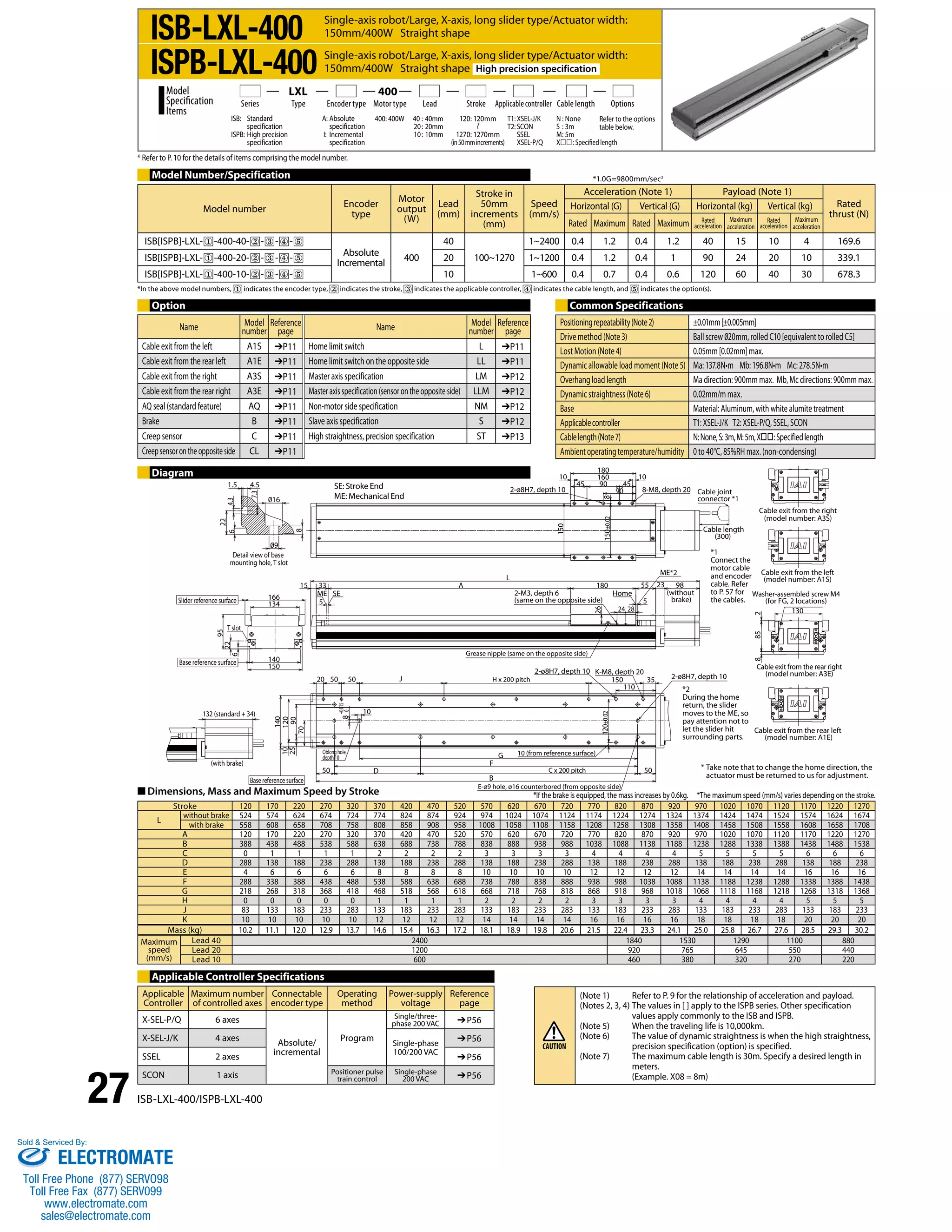 Series Type Encoder type Motor type Lead Stroke Applicable controller Cable length Options 
* Refer to P. 10 for the details of items comprising the model number. 
Model Number/Specification 
Model number Encoder 
type 
Motor 
output 
(W) 
Lead 
(mm) 
Stroke in 
50mm 
increments 
(mm) 
Speed 
(mm/s) 
Acceleration (Note 1) Payload (Note 1) 
Option Common Specifications 
1.5 4.5 
Diagram 
Slider reference surface 
95 
T slot 
■ Dimensions, Mass and Maximum Speed by Stroke 
27 ISB-LXL-400/ISPB-LXL-400 
16 
9 
7.3 
22 
6 4.3 
8 
Detail view of base 
mounting hole, T slot 
166 
134 
140 
150 
22 
6 
Base reference surface 
132 (standard + 34) 
(with brake) 
140 
120 
90 
70 
10 
25 
Base reference surface 
ME SE 
20 50 50 
10 
8 +0.015 
0 
Oblong hole, 
depth 10 
50 D 
180 
180 
2-M3, depth 6 
(same on the opposite side) 
H x 200 pitch 
G 
F 
B 
10 (from reference surface) 
C x 200 pitch 
E-ø9 hole, ø16 counterbored (from opposite side) 
50 
120±0.02 
2-ø8H7, depth 10 
*1 
Connect the 
motor cable 
and encoder 
cable. Refer 
to P. 57 for 
the cables. 
2-ø8H7, depth 10 
K-M8, depth 20 
150 35 
110 
A 
L 
Grease nipple (same on the opposite side) 
26 
Home 
55 23 98 
(without 
5 brake) 
24 28 
ME*2 
10 10 
45 45 
2-ø8H7, depth 10 
90 
90 
160 
8 
8-M8, depth 20 Cable joint 
connector *1 
Cable length 
(300) 
150 
150±0.02 
15 33 
5 
Cable exit from the right 
(model number: A3S) 
Cable exit from the left 
(model number: A1S) 
Washer-assembled screw M4 
8 85 2 
(for FG, 2 locations) 
130 
Cable exit from the rear right 
(model number: A3E) 
Cable exit from the rear left 
(model number: A1E) 
J 
*2 
During the home 
return, the slider 
moves to the ME, so 
pay attention not to 
let the slider hit 
surrounding parts. 
* Take note that to change the home direction, the 
actuator must be returned to us for adjustment. 
Stroke 120 170 220 270 320 370 420 470 520 570 620 670 720 770 820 870 920 970 1020 1070 1120 1170 1220 1270 
L without brake 524 574 624 674 724 774 824 874 924 974 1024 1074 1124 1174 1224 1274 1324 1374 1424 1474 1524 1574 1624 1674 
with brake 558 608 658 708 758 808 858 908 958 1008 1058 1108 1158 1208 1258 1308 1358 1408 1458 1508 1558 1608 1658 1708 
A 120 170 220 270 320 370 420 470 520 570 620 670 720 770 820 870 920 970 1020 1070 1120 1170 1220 1270 
B 388 438 488 538 588 638 688 738 788 838 888 938 988 1038 1088 1138 1188 1238 1288 1338 1388 1438 1488 1538 
C 0 1 1 1 1 2 2 2 2 3 3 3 3 4 4 4 4 5 5 5 5 6 6 6 
D 288 138 188 238 288 138 188 238 288 138 188 238 288 138 188 238 288 138 188 238 288 138 188 238 
E 4 6 6 6 6 8 8 8 8 10 10 10 10 12 12 12 12 14 14 14 14 16 16 16 
F 288 338 388 438 488 538 588 638 688 738 788 838 888 938 988 1038 1088 1138 1188 1238 1288 1338 1388 1438 
G 218 268 318 368 418 468 518 568 618 668 718 768 818 868 918 968 1018 1068 1118 1168 1218 1268 1318 1368 
H 0 0 0 0 0 1 1 1 1 2 2 2 2 3 3 3 3 4 4 4 4 5 5 5 
J 83 133 183 233 283 133 183 233 283 133 183 233 283 133 183 233 283 133 183 233 283 133 183 233 
K 10 10 10 10 10 12 12 12 12 14 14 14 14 16 16 16 16 18 18 18 18 20 20 20 
Mass (kg) 10.2 11.1 12.0 12.9 13.7 14.6 15.4 16.3 17.2 18.1 18.9 19.8 20.6 21.5 22.4 23.3 24.1 25.0 25.8 26.7 27.6 28.5 29.3 30.2 
Maximum 
speed 
(mm/s) 
Lead 40 2400 1840 1530 1290 1100 880 
Lead 20 1200 920 765 645 550 440 
Lead 10 600 460 380 320 270 220 
Applicable Controller Specifications 
*1.0G=9800mm/sec2 
*In the above model numbers, indicates the encoder type, indicates the stroke, indicates the applicable controller, indicates the cable length, and indicates the option(s). 
Rated 
thrust (N) 
Horizontal (G) Vertical (G) Horizontal (kg) Vertical (kg) 
Rated Maximum Rated Maximum Rated 
acceleration 
Maximum 
acceleration 
Rated 
acceleration 
Maximum 
acceleration 
ISB[ISPB]-LXL- -400-40- - - - 
Absolute 
Incremental 400 
40 
100~1270 
1~2400 0.4 1.2 0.4 1.2 40 15 10 4 169.6 
ISB[ISPB]-LXL- -400-20- - - - 20 1~1200 0.4 1.2 0.4 1 90 24 20 10 339.1 
ISB[ISPB]-LXL- -400-10- - - - 10 1~600 0.4 0.7 0.4 0.6 120 60 40 30 678.3 
Positioning repeatability (Note 2) ±0.01mm [±0.005mm] 
Drive method (Note 3) Ball screw 020mm, rolled C10 [equivalent to rolled C5] 
Lost Motion (Note 4) 0.05mm [0.02mm] max. 
Dynamic allowable load moment (Note 5) Ma: 137.8N•m Mb: 196.8N•m Mc: 278.5N•m 
Overhang load length Ma direction: 900mm max. Mb, Mc directions: 900mm max. 
Dynamic straightness (Note 6) 0.02mm/m max. 
Base Material: Aluminum, with white alumite treatment 
Applicable controller T1: XSEL-J/K T2: XSEL-P/Q, SSEL, SCON 
Cable length (Note 7) N: None, S: 3m, M: 5m, X: Specified length 
Ambient operating temperature/humidity 0 to 40°C, 85%RH max. (non-condensing) 
Applicable 
Controller 
Maximum number 
of controlled axes 
Connectable 
encoder type 
Operating 
method 
Power-supply 
voltage 
Reference 
page 
X-SEL-P/Q 6 axes 
Absolute/ 
incremental 
Program 
Single/three-phase 
200 VAC ➔P56 
X-SEL-J/K 4 axes Single-phase 
100/200 VAC 
➔P56 
SSEL 2 axes ➔P56 
SCON 1 axis Positioner pulse 
train control 
Single-phase 
200 VAC ➔P56 
*If the brake is equipped, the mass increases by 0.6kg. *The maximum speed (mm/s) varies depending on the stroke. 
(Note 1) Refer to P. 9 for the relationship of acceleration and payload. 
(Notes 2, 3, 4) The values in [ ] apply to the ISPB series. Other specification 
values apply commonly to the ISB and ISPB. 
(Note 5) When the traveling life is 10,000km. 
(Note 6) The value of dynamic straightness is when the high straightness, 
precision specification (option) is specified. 
(Note 7) The maximum cable length is 30m. Specify a desired length in 
meters. 
(Example. X08 = 8m) 
ISB-LXL-400 
ISPB-LXL-400 
Single-axis robot/Large, X-axis, long slider type/Actuator width: 
150mm/400W Straight shape 
Single-axis robot/Large, X-axis, long slider type/Actuator width: 
150mm/400W Straight shape High precision specification 
120: 120mm 
1270: 1270mm 
(in 50 mm increments) 
ISB: Standard 
specification 
ISPB: High precision 
specification 
A: Absolute 
specification 
I: Incremental 
specification 
400: 400W 40 : 40mm 
20 : 20mm 
10 : 10mm 
Model 
Specification 
Items 
LXL 400 
T1: XSEL-J/K 
T2: SCON 
SSEL 
XSEL-P/Q 
N : None 
S : 3m 
M : 5m 
X: Specified length 
Refer to the options 
table below. 
SE: Stroke End 
ME: Mechanical End 
Name Model 
number 
Reference 
page Name Model 
number 
Reference 
page 
Cable exit from the left A1S ➔P11 Home limit switch L ➔P11 
Cable exit from the rear left A1E ➔P11 Home limit switch on the opposite side LL ➔P11 
Cable exit from the right A3S ➔P11 Master axis specification LM ➔P12 
Cable exit from the rear right A3E ➔P11 Master axis specification (sensor on the opposite side) LLM ➔P12 
AQ seal (standard feature) AQ ➔P11 Non-motor side specification NM ➔P12 
Brake B ➔P11 Slave axis specification S ➔P12 
Creep sensor C ➔P11 High straightness, precision specification ST ➔P13 
Creep sensor on the opposite side CL ➔P11 
Sold  Serviced By: 
ELECTROMATE 
Toll Free Phone (877) SERVO98 
Toll Free Fax (877) SERV099 
www.electromate.com 
sales@electromate.com 
 