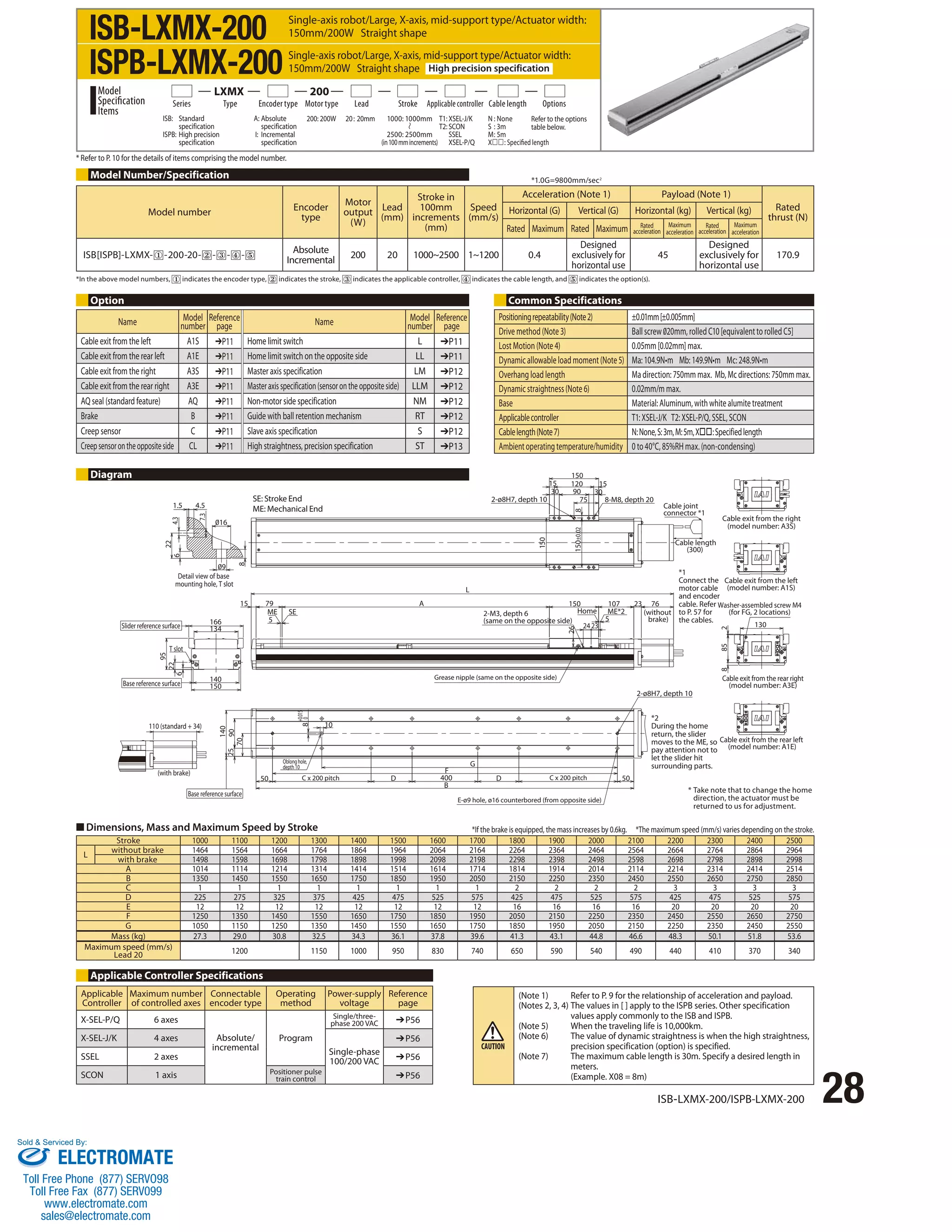 Series Type Encoder type Motor type Lead Stroke Applicable controller Cable length Options 
* Refer to P. 10 for the details of items comprising the model number. 
Model number Encoder 
Option Common Specifications 
150 
15 15 
90 
150 107 23 76 
Cable exit from the right 
(model number: A3S) 
Cable exit from the left 
(model number: A1S) 
*1 
Connect the 
motor cable 
and encoder 
cable. Refer 
to P. 57 for 
the cables. 
Washer-assembled screw M4 
(for FG, 2 locations) 
Cable exit from the rear right 
(model number: A3E) 
*2 
During the home 
return, the slider 
moves to the ME, so 
pay attention not to 
let the slider hit 
surrounding parts. 
* Take note that to change the home 
direction, the actuator must be 
returned to us for adjustment. 
28 ISB-LXMX-200/ISPB-LXMX-200 
Model Number/Specification 
1.5 4.5 
16 
9 
7.3 
22 
6 4.3 
8 
Detail view of base 
mounting hole, T slot 
166 
134 
140 
150 
Slider reference surface 
95 
T slot 
22 
6 
Base reference surface 
110 (standard + 34) 
(with brake) 
140 
70 
25 90 
ME SE 
50 
+0.015 
0 
8 
Oblong hole, 
depth 10 
10 
C x 200 pitch 
Base reference surface 
F 
B 
400 
G 
D D 
C x 200 pitch 50 
E-ø9 hole, ø16 counterbored (from opposite side) 
2-ø8H7, depth 10 
15 79 
5 
A 
L 
2-M3, depth 6 
(same on the opposite side) 
26 
5 
Home 
24 23 
ME*2 
Grease nipple (same on the opposite side) 
120 
30 30 
2-ø8H7, depth 10 75 8-M8, depth 20 
150 
150±0.02 8 
Cable joint 
connector *1 
Cable length 
(300) 
8 85 2 
130 
(without 
brake) 
Cable exit from the rear left 
(model number: A1E) 
■ Dimensions, Mass and Maximum Speed by Stroke 
Stroke 1000 1100 1200 1300 1400 1500 1600 1700 1800 1900 2000 2100 2200 2300 2400 2500 
L without brake 1464 1564 1664 1764 1864 1964 2064 2164 2264 2364 2464 2564 2664 2764 2864 2964 
with brake 1498 1598 1698 1798 1898 1998 2098 2198 2298 2398 2498 2598 2698 2798 2898 2998 
A 1014 1114 1214 1314 1414 1514 1614 1714 1814 1914 2014 2114 2214 2314 2414 2514 
B 1350 1450 1550 1650 1750 1850 1950 2050 2150 2250 2350 2450 2550 2650 2750 2850 
C 1 1 1 1 1 1 1 1 2 2 2 2 3 3 3 3 
D 225 275 325 375 425 475 525 575 425 475 525 575 425 475 525 575 
E 12 12 12 12 12 12 12 12 16 16 16 16 20 20 20 20 
F 1250 1350 1450 1550 1650 1750 1850 1950 2050 2150 2250 2350 2450 2550 2650 2750 
G 1050 1150 1250 1350 1450 1550 1650 1750 1850 1950 2050 2150 2250 2350 2450 2550 
Mass (kg) 27.3 29.0 30.8 32.5 34.3 36.1 37.8 39.6 41.3 43.1 44.8 46.6 48.3 50.1 51.8 53.6 
Maximum speed (mm/s) 
Lead 20 1200 1150 1000 950 830 740 650 590 540 490 440 410 370 340 
Applicable Controller Specifications 
type 
Motor 
output 
(W) 
Lead 
(mm) 
Stroke in 
100mm 
increments 
(mm) 
Speed 
(mm/s) 
Acceleration (Note 1) Payload (Note 1) 
Rated 
thrust (N) 
Horizontal (G) Vertical (G) Horizontal (kg) Vertical (kg) 
Rated Maximum Rated Maximum Rated 
acceleration 
Maximum 
acceleration 
Rated 
acceleration 
Maximum 
acceleration 
ISB[ISPB]-LXMX- -200-20- - - - Absolute 
Incremental 200 20 1000~2500 1~1200 0.4 
Designed 
exclusively for 
horizontal use 
45 
Designed 
exclusively for 
horizontal use 
170.9 
*1.0G=9800mm/sec2 
*In the above model numbers, indicates the encoder type, indicates the stroke, indicates the applicable controller, indicates the cable length, and indicates the option(s). 
Positioning repeatability (Note 2) ±0.01mm [±0.005mm] 
Drive method (Note 3) Ball screw 020mm, rolled C10 [equivalent to rolled C5] 
Lost Motion (Note 4) 0.05mm [0.02mm] max. 
Dynamic allowable load moment (Note 5) Ma: 104.9N•m Mb: 149.9N•m Mc: 248.9N•m 
Overhang load length Ma direction: 750mm max. Mb, Mc directions: 750mm max. 
Dynamic straightness (Note 6) 0.02mm/m max. 
Base Material: Aluminum, with white alumite treatment 
Applicable controller T1: XSEL-J/K T2: XSEL-P/Q, SSEL, SCON 
Cable length (Note 7) N: None, S: 3m, M: 5m, X: Specified length 
Ambient operating temperature/humidity 0 to 40°C, 85%RH max. (non-condensing) 
(Note 1) Refer to P. 9 for the relationship of acceleration and payload. 
(Notes 2, 3, 4) The values in [ ] apply to the ISPB series. Other specification 
values apply commonly to the ISB and ISPB. 
(Note 5) When the traveling life is 10,000km. 
(Note 6) The value of dynamic straightness is when the high straightness, 
precision specification (option) is specified. 
(Note 7) The maximum cable length is 30m. Specify a desired length in 
meters. 
(Example. X08 = 8m) 
Applicable 
Controller 
Maximum number 
of controlled axes 
Connectable 
encoder type 
Operating 
method 
Power-supply 
voltage 
Reference 
page 
X-SEL-P/Q 6 axes 
Absolute/ 
incremental 
Program 
Single/three-phase 
200 VAC ➔P56 
X-SEL-J/K 4 axes 
Single-phase 
100/200 VAC 
➔P56 
SSEL 2 axes ➔P56 
SCON 1 axis Positioner pulse 
train control ➔P56 
Diagram 
SE: Stroke End 
ME: Mechanical End 
*If the brake is equipped, the mass increases by 0.6kg. *The maximum speed (mm/s) varies depending on the stroke. 
ISB-LXMX-200 
ISPB-LXMX-200 
Single-axis robot/Large, X-axis, mid-support type/Actuator width: 
150mm/200W Straight shape 
Single-axis robot/Large, X-axis, mid-support type/Actuator width: 
150mm/200W Straight shape High precision specification 
1000: 1000mm 
2500: 2500mm 
(in 100 mm increments) 
ISB: Standard 
specification 
ISPB: High precision 
specification 
A: Absolute 
specification 
I: Incremental 
specification 
200: 200W 20 : 20mm 
Model 
Specification 
Items 
LXMX 200 
T1: XSEL-J/K 
T2: SCON 
SSEL 
XSEL-P/Q 
N : None 
S : 3m 
M : 5m 
X: Specified length 
Refer to the options 
table below. 
Name Model 
number 
Reference 
page Name Model 
number 
Reference 
page 
Cable exit from the left A1S ➔P11 Home limit switch L ➔P11 
Cable exit from the rear left A1E ➔P11 Home limit switch on the opposite side LL ➔P11 
Cable exit from the right A3S ➔P11 Master axis specification LM ➔P12 
Cable exit from the rear right A3E ➔P11 Master axis specification (sensor on the opposite side) LLM ➔P12 
AQ seal (standard feature) AQ ➔P11 Non-motor side specification NM ➔P12 
Brake B ➔P11 Guide with ball retention mechanism RT ➔P12 
Creep sensor C ➔P11 Slave axis specification S ➔P12 
Creep sensor on the opposite side CL ➔P11 High straightness, precision specification ST ➔P13 
Sold  Serviced By: 
ELECTROMATE 
Toll Free Phone (877) SERVO98 
Toll Free Fax (877) SERV099 
www.electromate.com 
sales@electromate.com 
 
