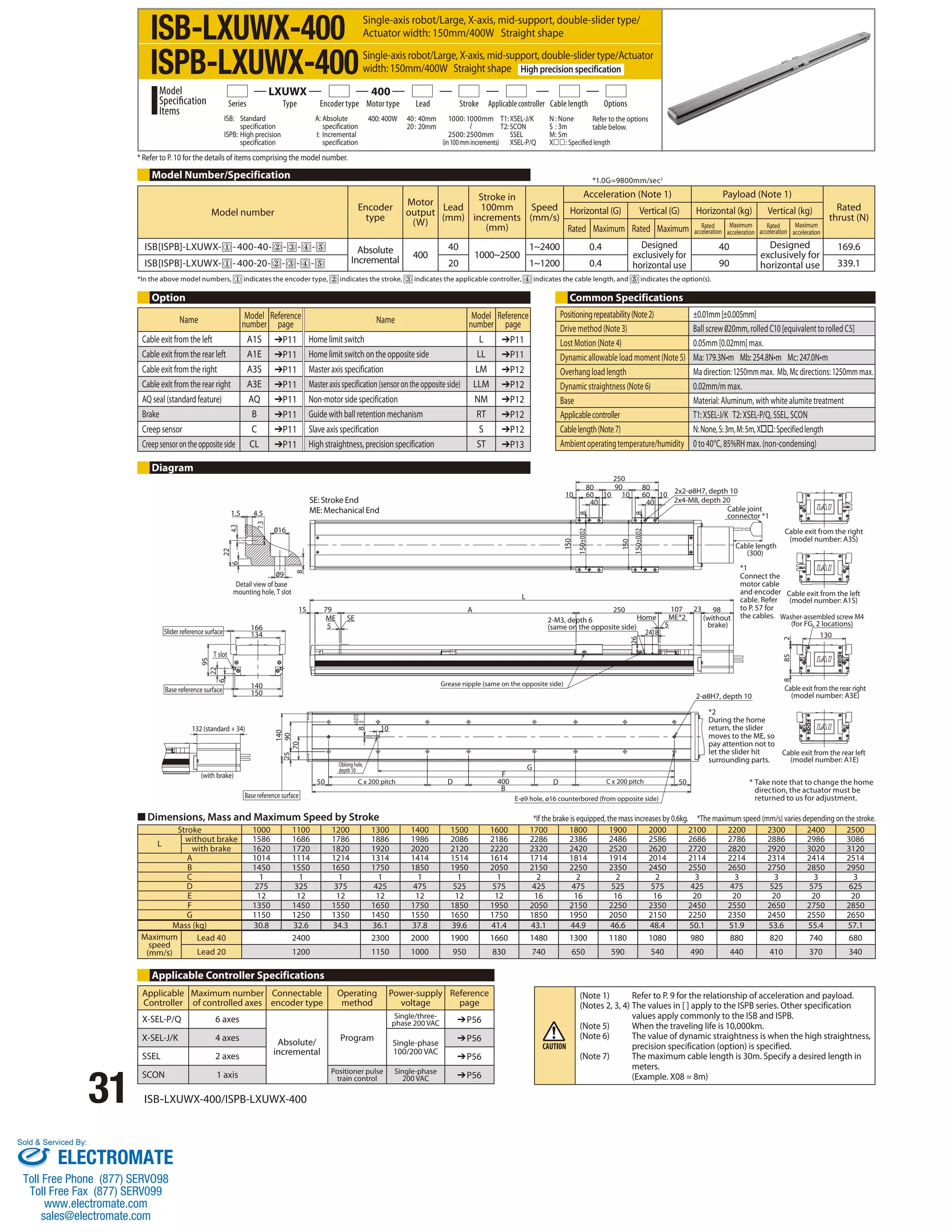 ISB-LXUWX-400 
ISPB-LXUWX-400 
LXUWX 400 
High precision specification 
Series Type Encoder type Motor type Lead Stroke Applicable controller Cable length Options 
ISB: Standard 
specification 
ISPB: High precision 
specification 
A: Absolute 
specification 
I: Incremental 
specification 
Model 
Specification 
Items 
* Refer to P. 10 for the details of items comprising the model number. 
Model Number/Specification 
Single-axis robot/Large, X-axis, mid-support, double-slider type/ 
Actuator width: 150mm/400W Straight shape 
Single-axis robot/Large, X-axis, mid-support, double-slider type/Actuator 
width: 150mm/400W Straight shape 
400: 400W 40 : 40mm 
Model number Encoder 
*1.0G=9800mm/sec2 
1000: 1000mm 
2500: 2500mm 
(in 100 mm increments) 
20 : 20mm 
T1: XSEL-J/K 
T2: SCON 
SSEL 
XSEL-P/Q 
Option Common Specifications 
1.5 4.5 
16 
9 
7.3 
22 
6 4.3 
8 
Detail view of base 
mounting hole, T slot 
166 
134 
140 
150 
Slider reference surface 
95 
T slot 
22 
6 
Base reference surface 
132 (standard + 34) 
(with brake) 
15 79 
■ Dimensions, Mass and Maximum Speed by Stroke 
31 ISB-LXUWX-400/ISPB-LXUWX-400 
ME SE 
5 
A 
L 
140 
70 
25 90 
50 
+0.015 
0 
8 
Oblong hole, 
depth 10 
10 
C x 200 pitch 
Base reference surface 
F 
B 
400 
G 
D D 
250 
80 90 
60 
40 40 
10 10 10 10 
2x2-ø8H7, depth 10 
C x 200 pitch 50 
E-ø9 hole, ø16 counterbored (from opposite side) 
*1 
Connect the 
motor cable 
and encoder 
cable. Refer 
to P. 57 for 
the cables. 
2-ø8H7, depth 10 
Grease nipple (same on the opposite side) 
107 23 98 
Home ME*2 (without 
brake) 
26 
5 
2418 
250 
2-M3, depth 6 
(same on the opposite side) 
80 
60 
8 
8 
150 
150±0.02 
150 
150±0.02 
2x4-M8, depth 20 
Cable joint 
connector *1 
Cable length 
(300) 
Cable exit from the right 
(model number: A3S) 
Cable exit from the left 
(model number: A1S) 
Washer-assembled screw M4 
(for FG, 2 locations) 
8 85 2 
130 
Cable exit from the rear right 
(model number: A3E) 
Cable exit from the rear left 
(model number: A1E) 
*2 
During the home 
return, the slider 
moves to the ME, so 
pay attention not to 
let the slider hit 
surrounding parts. 
Stroke 1000 1100 1200 1300 1400 1500 1600 1700 1800 1900 2000 2100 2200 2300 2400 2500 
L without brake 1586 1686 1786 1886 1986 2086 2186 2286 2386 2486 2586 2686 2786 2886 2986 3086 
with brake 1620 1720 1820 1920 2020 2120 2220 2320 2420 2520 2620 2720 2820 2920 3020 3120 
A 1014 1114 1214 1314 1414 1514 1614 1714 1814 1914 2014 2114 2214 2314 2414 2514 
B 1450 1550 1650 1750 1850 1950 2050 2150 2250 2350 2450 2550 2650 2750 2850 2950 
C 1 1 1 1 1 1 1 2 2 2 2 3 3 3 3 3 
D 275 325 375 425 475 525 575 425 475 525 575 425 475 525 575 625 
E 12 12 12 12 12 12 12 16 16 16 16 20 20 20 20 20 
F 1350 1450 1550 1650 1750 1850 1950 2050 2150 2250 2350 2450 2550 2650 2750 2850 
G 1150 1250 1350 1450 1550 1650 1750 1850 1950 2050 2150 2250 2350 2450 2550 2650 
Mass (kg) 30.8 32.6 34.3 36.1 37.8 39.6 41.4 43.1 44.9 46.6 48.4 50.1 51.9 53.6 55.4 57.1 
Maximum 
speed 
(mm/s) 
Lead 40 2400 2300 2000 1900 1660 1480 1300 1180 1080 980 880 820 740 680 
Lead 20 1200 1150 1000 950 830 740 650 590 540 490 440 410 370 340 
Diagram 
Applicable Controller Specifications 
type 
Motor 
output 
(W) 
Lead 
(mm) 
Stroke in 
100mm 
increments 
(mm) 
Speed 
(mm/s) 
Acceleration (Note 1) Payload (Note 1) 
Rated 
thrust (N) 
Horizontal (G) Vertical (G) Horizontal (kg) Vertical (kg) 
Rated Maximum Rated Maximum Rated 
acceleration 
Maximum 
acceleration 
Rated 
acceleration 
Maximum 
acceleration 
ISB[ISPB]-LXUWX- - 400-40- - - - Absolute 
Incremental 400 
40 
1000~2500 
1~2400 0.4 Designed 
exclusively for 
horizontal use 
40 Designed 
exclusively for 
horizontal use 
169.6 
ISB[ISPB]-LXUWX- - 400-20- - - - 20 1~1200 0.4 90 339.1 
*In the above model numbers, indicates the encoder type, indicates the stroke, indicates the applicable controller, indicates the cable length, and indicates the option(s). 
Positioning repeatability (Note 2) ±0.01mm [±0.005mm] 
Drive method (Note 3) Ball screw 020mm, rolled C10 [equivalent to rolled C5] 
Lost Motion (Note 4) 0.05mm [0.02mm] max. 
Dynamic allowable load moment (Note 5) Ma: 179.3N•m Mb: 254.8N•m Mc: 247.0N•m 
Overhang load length Ma direction: 1250mm max. Mb, Mc directions: 1250mm max. 
Dynamic straightness (Note 6) 0.02mm/m max. 
Base Material: Aluminum, with white alumite treatment 
Applicable controller T1: XSEL-J/K T2: XSEL-P/Q, SSEL, SCON 
Cable length (Note 7) N: None, S: 3m, M: 5m, X: Specified length 
Ambient operating temperature/humidity 0 to 40°C, 85%RH max. (non-condensing) 
Applicable 
Controller 
Maximum number 
of controlled axes 
Connectable 
encoder type 
Operating 
method 
Power-supply 
voltage 
Reference 
page 
X-SEL-P/Q 6 axes 
Absolute/ 
incremental 
Program 
Single/three-phase 
200 VAC ➔P56 
X-SEL-J/K 4 axes Single-phase 
100/200 VAC 
➔P56 
SSEL 2 axes ➔P56 
SCON 1 axis Positioner pulse 
train control 
Single-phase 
200 VAC ➔P56 
SE: Stroke End 
ME: Mechanical End 
*If the brake is equipped, the mass increases by 0.6kg. *The maximum speed (mm/s) varies depending on the stroke. 
(Note 1) Refer to P. 9 for the relationship of acceleration and payload. 
(Notes 2, 3, 4) The values in [ ] apply to the ISPB series. Other specification 
values apply commonly to the ISB and ISPB. 
(Note 5) When the traveling life is 10,000km. 
(Note 6) The value of dynamic straightness is when the high straightness, 
precision specification (option) is specified. 
(Note 7) The maximum cable length is 30m. Specify a desired length in 
meters. 
(Example. X08 = 8m) 
* Take note that to change the home 
direction, the actuator must be 
returned to us for adjustment. 
Name Model 
number 
Reference 
page Name Model 
number 
Reference 
page 
Cable exit from the left A1S ➔P11 Home limit switch L ➔P11 
Cable exit from the rear left A1E ➔P11 Home limit switch on the opposite side LL ➔P11 
Cable exit from the right A3S ➔P11 Master axis specification LM ➔P12 
Cable exit from the rear right A3E ➔P11 Master axis specification (sensor on the opposite side) LLM ➔P12 
AQ seal (standard feature) AQ ➔P11 Non-motor side specification NM ➔P12 
Brake B ➔P11 Guide with ball retention mechanism RT ➔P12 
Creep sensor C ➔P11 Slave axis specification S ➔P12 
Creep sensor on the opposite side CL ➔P11 High straightness, precision specification ST ➔P13 
N : None 
S : 3m 
M : 5m 
X: Specified length 
Refer to the options 
table below. 
Sold  Serviced By: 
ELECTROMATE 
Toll Free Phone (877) SERVO98 
Toll Free Fax (877) SERV099 
www.electromate.com 
sales@electromate.com 
 