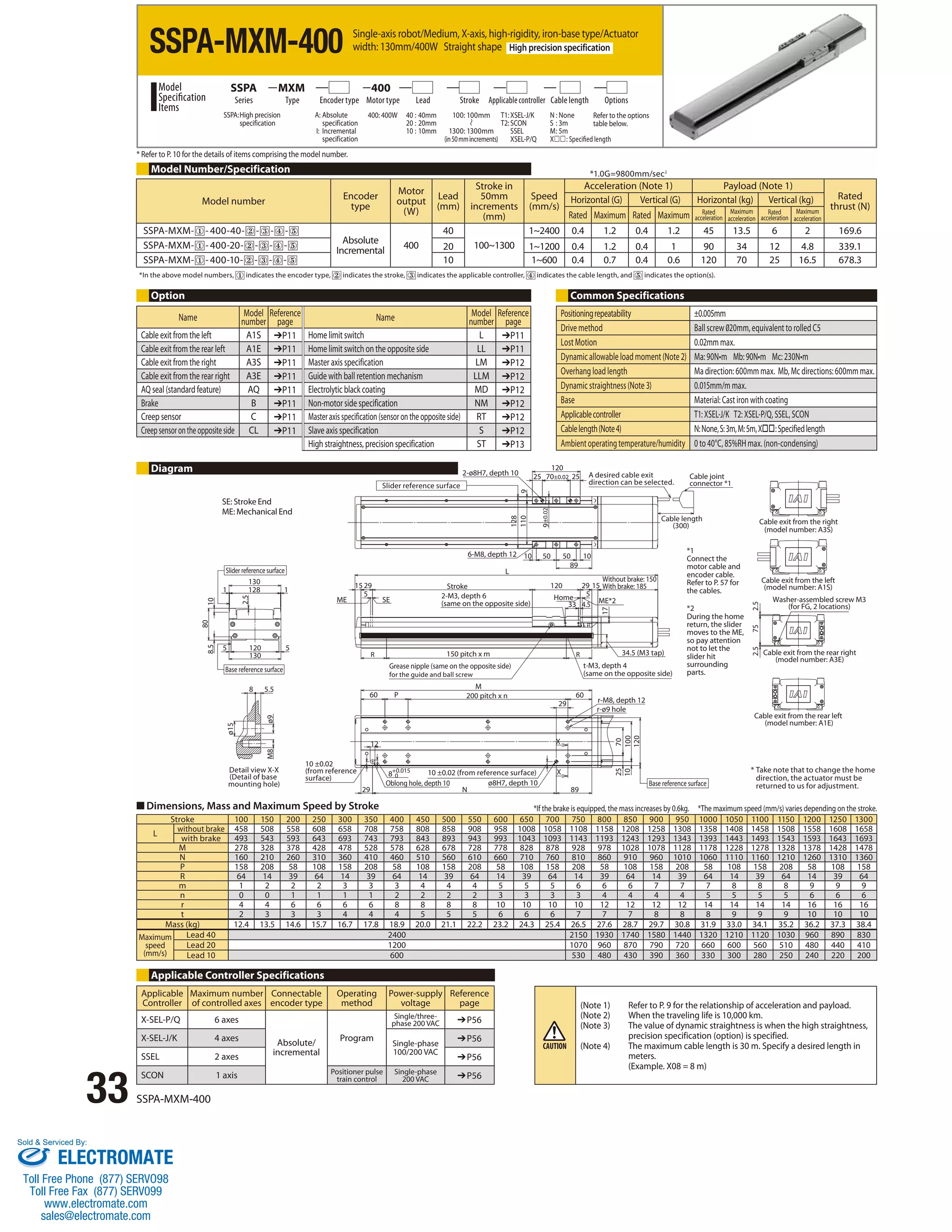 SSPA-MXM-400 Single-axis robot/Medium, X-axis, high-rigidity, iron-base type/Actuator 
width: 130mm/400W Straight shape High precision specification 
Series Type Encoder type Motor type Lead Stroke Applicable controller Cable length Options 
Model number Encoder 
type 
■ Dimensions, Mass and Maximum Speed by Stroke 
Stroke 100 150 200 250 300 350 400 450 500 550 600 650 700 750 800 850 900 950 1000 1050 1100 1150 1200 1250 1300 
L without brake 458 508 558 608 658 708 758 808 858 908 958 1008 1058 1108 1158 1208 1258 1308 1358 1408 1458 1508 1558 1608 1658 
with brake 493 543 593 643 693 743 793 843 893 943 993 1043 1093 1143 1193 1243 1293 1343 1393 1443 1493 1543 1593 1643 1693 
M 278 328 378 428 478 528 578 628 678 728 778 828 878 928 978 1028 1078 1128 1178 1228 1278 1328 1378 1428 1478 
N 160 210 260 310 360 410 460 510 560 610 660 710 760 810 860 910 960 1010 1060 1110 1160 1210 1260 1310 1360 
P 158 208 58 108 158 208 58 108 158 208 58 108 158 208 58 108 158 208 58 108 158 208 58 108 158 
R 64 14 39 64 14 39 64 14 39 64 14 39 64 14 39 64 14 39 64 14 39 64 14 39 64 
m 1 2 2 2 3 3 3 4 4 4 5 5 5 6 6 6 7 7 7 8 8 8 9 9 9 
n 0 0 1 1 1 1 2 2 2 2 3 3 3 3 4 4 4 4 5 5 5 5 6 6 6 
r 4 4 6 6 6 6 8 8 8 8 10 10 10 10 12 12 12 12 14 14 14 14 16 16 16 
t 2 3 3 3 4 4 4 5 5 5 6 6 6 7 7 7 8 8 8 9 9 9 10 10 10 
Mass (kg) 12.4 13.5 14.6 15.7 16.7 17.8 18.9 20.0 21.1 22.2 23.2 24.3 25.4 26.5 27.6 28.7 29.7 30.8 31.9 33.0 34.1 35.2 36.2 37.3 38.4 
33 SSPA-MXM-400 
Slider reference surface 
2.5 
130 
10 
128 
8.5 
130 
5 5 
80 
120 
29 
Acceleration (Note 1) Payload (Note 1) 
Without brake: 150 
With brake: 185 
34.5 (M3 tap) 
Lead 
(mm) 
Stroke in 
50mm 
increments 
(mm) 
Speed 
(mm/s) 
2-M3, depth 6 
(same on the opposite side) ME*2 Home 
70 
120 
70±0.02 
25 25 
60 
100 
89 
12 
150 pitch x m 
Motor 
output 
(W) 
Grease nipple (same on the opposite side) 
for the guide and ball screw 
+0.015 
8 0 10 ±0.02 (from reference surface) 
N 
29 
60 P 
M 
120 
25 
10 
X 
X 
Base reference surface 
5.5 
M8 ø9 
8 
110 
5 5 
ME SE 
29 
17 
15 
33 4.5 
120 
R R 
15 
Slider reference surface 
L 
10 50 10 
50 
128 
89 
9±0.02 
Cable exit from the right 
(model number: A3S) 
2.5 75 2.5 
29 
9 
1 1 
Detail view X-X 
(Detail of base 
mounting hole) 
10 ±0.02 
(from reference 
surface) 
Oblong hole, depth 10 
ø8H7, depth 10 
ø15 
*1 
Connect the 
motor cable and 
encoder cable. 
Refer to P. 57 for 
the cables. 
*2 
During the home 
return, the slider 
moves to the ME, 
so pay attention 
not to let the 
slider hit 
surrounding 
parts. 
Base reference surface 
r-M8, depth 12 
r-ø9 hole 
200 pitch x n 
t-M3, depth 4 
(same on the opposite side) 
2-ø8H7, depth 10 
6-M8, depth 12 
Stroke 
A desired cable exit 
direction can be selected. 
Cable length 
(300) 
Cable joint 
connector *1 
Cable exit from the left 
(model number: A1S) 
Washer-assembled screw M3 
(for FG, 2 locations) 
Cable exit from the rear right 
(model number: A3E) 
Cable exit from the rear left 
(model number: A1E) 
*1.0G=9800mm/sec2 Model Number/Specification 
Option Common Specifications 
Diagram 
Applicable Controller Specifications 
Positioning repeatability ±0.005mm 
Drive method Ball screw 020mm, equivalent to rolled C5 
Lost Motion 0.02mm max. 
Dynamic allowable load moment (Note 2) Ma: 90N•m Mb: 90N•m Mc: 230N•m 
Overhang load length Ma direction: 600mm max. Mb, Mc directions: 600mm max. 
Dynamic straightness (Note 3) 0.015mm/m max. 
Base Material: Cast iron with coating 
Applicable controller T1: XSEL-J/K T2: XSEL-P/Q, SSEL, SCON 
Cable length (Note 4) N: None, S: 3m, M: 5m, X: Specified length 
Ambient operating temperature/humidity 0 to 40°C, 85%RH max. (non-condensing) 
Name Model 
number 
Reference 
page Name Model 
number 
Reference 
page 
Cable exit from the left A1S ➔P11 Home limit switch L ➔P11 
Cable exit from the rear left A1E ➔P11 Home limit switch on the opposite side LL ➔P11 
Cable exit from the right A3S ➔P11 Master axis specification LM ➔P12 
Cable exit from the rear right A3E ➔P11 Guide with ball retention mechanism LLM ➔P12 
AQ seal (standard feature) AQ ➔P11 Electrolytic black coating MD ➔P12 
Brake B ➔P11 Non-motor side specification NM ➔P12 
Creep sensor C ➔P11 Master axis specification (sensor on the opposite side) RT ➔P12 
Creep sensor on the opposite side CL ➔P11 Slave axis specification S ➔P12 
High straightness, precision specification ST ➔P13 
SE: Stroke End 
ME: Mechanical End 
*If the brake is equipped, the mass increases by 0.6kg. *The maximum speed (mm/s) varies depending on the stroke. 
100: 100mm 
1300: 1300mm 
(in 50 mm increments) 
SSPA: High precision 
specification 
A: Absolute 
specification 
I: Incremental 
specification 
400: 400W 40 : 40mm 
20 : 20mm 
10 : 10mm 
Model 
Specification 
Items 
SSPA MXM 400 
T1: XSEL-J/K 
T2: SCON 
SSEL 
XSEL-P/Q 
N : None 
S : 3m 
M : 5m 
X: Specified length 
Refer to the options 
table below. 
* Take note that to change the home 
direction, the actuator must be 
returned to us for adjustment. 
* In the above model numbers, indicates the encoder type, indicates the stroke, indicates the applicable controller, indicates the cable length, and indicates the option(s). 
Rated 
thrust (N) 
Horizontal (G) Vertical (G) Horizontal (kg) Vertical (kg) 
Rated Maximum Rated Maximum Rated 
acceleration 
Maximum 
acceleration 
Rated 
acceleration 
Maximum 
acceleration 
SSPA-MXM- - 400-40- - - - 
Absolute 
Incremental 400 
40 
100~1300 
1~2400 0.4 1.2 0.4 1.2 45 13.5 6 2 169.6 
SSPA-MXM- - 400-20- - - - 20 1~1200 0.4 1.2 0.4 1 90 34 12 4.8 339.1 
SSPA-MXM- - 400-10- - - - 10 1~600 0.4 0.7 0.4 0.6 120 70 25 16.5 678.3 
Applicable 
Controller 
Maximum number 
of controlled axes 
Connectable 
encoder type 
Operating 
method 
Power-supply 
voltage 
Reference 
page 
X-SEL-P/Q 6 axes 
Absolute/ 
incremental 
Program 
Single/three-phase 
200 VAC ➔P56 
X-SEL-J/K 4 axes Single-phase 
100/200 VAC 
➔P56 
SSEL 2 axes ➔P56 
SCON 1 axis Positioner pulse 
train control 
Single-phase 
200 VAC ➔P56 
Maximum 
speed 
(mm/s) 
Lead 40 2400 2150 1930 1740 1580 1440 1320 1210 1120 1030 960 890 830 
Lead 20 1200 1070 960 870 790 720 660 600 560 510 480 440 410 
Lead 10 600 530 480 430 390 360 330 300 280 250 240 220 200 
(Note 1) Refer to P. 9 for the relationship of acceleration and payload. 
(Note 2) When the traveling life is 10,000 km. 
(Note 3) The value of dynamic straightness is when the high straightness, 
precision specification (option) is specified. 
(Note 4) The maximum cable length is 30 m. Specify a desired length in 
meters. 
(Example. X08 = 8 m) 
* Refer to P. 10 for the details of items comprising the model number. 
Sold  Serviced By: 
ELECTROMATE 
Toll Free Phone (877) SERVO98 
Toll Free Fax (877) SERV099 
www.electromate.com 
sales@electromate.com 
 