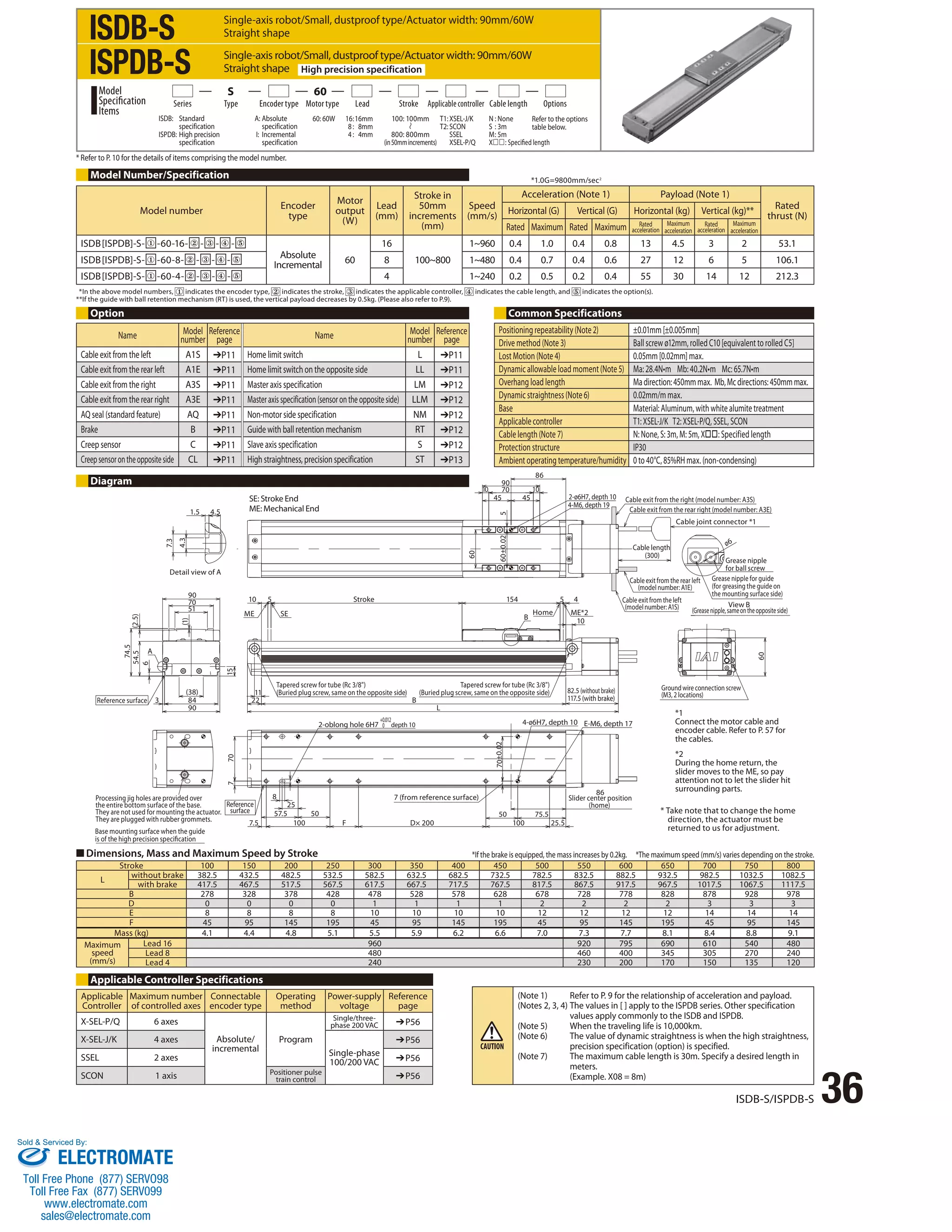 Single-axis robot/Small, dustproof type/Actuator width: 90mm/60W 
Straight shape 
Single-axis robot/Small, dustproof type/Actuator width: 90mm/60W 
Straight shape High precision specification 
S 60 
Series Type Encoder type Motor type Lead Stroke Applicable controller Cable length Options 
N : None 
S : 3m 
M : 5m 
X: Specified length 
Refer to the options 
table below. 
*1.0G=9800mm/sec2 
Acceleration (Note 1) Payload (Note 1) 
Rated 
Horizontal (G) Vertical (G) Horizontal (kg) Vertical (kg)** thrust (N) 
Rated Maximum Rated Maximum Rated 
acceleration 
Maximum 
acceleration 
Rated 
acceleration 
Maximum 
acceleration 
T1: XSEL-J/K 
T2: SCON 
SSEL 
XSEL-P/Q 
1~960 0.4 1.0 0.4 0.8 13 4.5 3 2 53.1 
ISDB-S 
ISPDB-S 
100: 100mm 
800: 800mm 
(in 50mm increments) 
ISDB: Standard 
specification 
ISPDB: High precision 
specification 
A: Absolute 
specification 
I: Incremental 
specification 
60: 60W 16 : 16mm 
8 : 8mm 
4 : 4mm 
Model 
Specification 
Items 
* Refer to P. 10 for the details of items comprising the model number. 
ISDB[ISPDB]-S- ① -60-8- ② - ③ - ④ - ⑤ 8 1~480 0.4 0.7 0.4 0.6 27 12 6 5 106.1 
ISDB[ISPDB]-S- ① -60-4- ② - ③ - ④ - ⑤ 4 1~240 0.2 0.5 0.2 0.4 55 30 14 12 212.3 
* In the above model numbers, indicates the encoder type, indicates the stroke, indicates the applicable controller, indicates the cable length, and indicates the option(s). 
** If the guide with ball retention mechanism (RT) is used, the vertical payload decreases by 0.5kg. (Please also refer to P.9). 
Option Common Specifications 
Positioning repeatability (Note 2) ±0.01mm [±0.005mm] 
Drive method (Note 3) Ball screw ø12mm, rolled C10 [equivalent to rolled C5] 
Lost Motion (Note 4) 0.05mm [0.02mm] max. 
Dynamic allowable load moment (Note 5) Ma: 28.4N•m Mb: 40.2N•m Mc: 65.7N•m 
Overhang load length Ma direction: 450mm max. Mb, Mc directions: 450mm max. 
Dynamic straightness (Note 6) 0.02mm/m max. 
Base Material: Aluminum, with white alumite treatment 
Applicable controller T1: XSEL-J/K T2: XSEL-P/Q, SSEL, SCON 
Cable length (Note 7) N: None, S: 3m, M: 5m, X: Specified length 
Protection structure IP30 
Ambient operating temperature/humidity 0 to 40°C, 85%RH max. (non-condensing) 
*1 
Connect the motor cable and 
encoder cable. Refer to P. 57 for 
the cables. 
*2 
During the home return, the 
slider moves to the ME, so pay 
attention not to let the slider hit 
surrounding parts. 
ISDB-S/ISPDB-S 36 
Model Number/Specification 
Model number Encoder 
ISDB[ISPDB]-S- ① -60-16- ② - ③ - ④ - ⑤ 
Name Model 
number 
Cable exit from the left A1S ➔P11 Home limit switch L ➔P11 
Cable exit from the rear left A1E ➔P11 Home limit switch on the opposite side LL ➔P11 
Cable exit from the right A3S ➔P11 Master axis specification LM ➔P12 
Cable exit from the rear right A3E ➔P11 Master axis specification (sensor on the opposite side) LLM ➔P12 
AQ seal (standard feature) AQ ➔P11 Non-motor side specification NM ➔P12 
Brake B ➔P11 Guide with ball retention mechanism RT ➔P12 
Creep sensor C ➔P11 Slave axis specification S ➔P12 
Creep sensor on the opposite side CL ➔P11 High straightness, precision specification ST ➔P13 
4.3 
7.3 
Reference 
page Name Model 
1.5 4.5 
Detail view of A 
Reference surface 
A 
SE: Stroke End 
ME: Mechanical End 
90 10 5 
70 
51 
Processing jig holes are provided over 
the entire bottom surface of the base. 
They are not used for mounting the actuator. 
They are plugged with rubber grommets. 
Base mounting surface when the guide 
is of the high precision specication 
15 
(38) 
84 
90 
3 
6 
54.5 (2.5) 
74.5 
(1) 
ME 
Motor 
output 
(W) 
Absolute 
Incremental 60 
Stroke 
type 
Lead 
(mm) 
16 
Tapered screw for tube (Rc 3/8) 
(Buried plug screw, same on the opposite side) 
90 
Speed 
(mm/s) 
10 70 10 
45 45 
Reference 
page 
Tapered screw for tube (Rc 3/8) 
Stroke in 
50mm 
increments 
(mm) 
100~800 
number 
(Buried plug screw, same on the opposite side) 
Cable exit from the right (model number: A3S) 
Cable exit from the rear right (model number: A3E) 
Cable joint connector *1 
Grease nipple 
for ball screw 
Grease nipple for guide 
(for greasing the guide on 
the mounting surface side) 
SE Home 
11 
+0.012 
0 4-ø6H7, depth 10 
7.5 100 F D× 200 
7 70 
8 
25 
57.5 50 
22 
B 
L 
7 (from reference surface) 
86 
ME*2 
Slider center position 
(home) 
50 75.5 
100 25.5 
70±0.02 
B 
5 4 
82.5 (without brake) 
117.5 (with brake) 
154 
10 
5 
86 
60±0.02 
60 
Cable length 
(300) 
Cable exit from the rear left 
(model number: A1E) 
Cable exit from the left 
(model number: A1S) 
ø6 
View B 
(Grease nipple, same on the opposite side) 
Ground wire connection screw 
(M3, 2 locations) 
60 
Reference 
surface 
2-oblong hole 6H7 depth 10 
2-ø6H7, depth 10 
4-M6, depth 19 
E-M6, depth 17 
Stroke 100 150 200 250 300 350 400 450 500 550 600 650 700 750 800 
L without brake 382.5 432.5 482.5 532.5 582.5 632.5 682.5 732.5 782.5 832.5 882.5 932.5 982.5 1032.5 1082.5 
with brake 417.5 467.5 517.5 567.5 617.5 667.5 717.5 767.5 817.5 867.5 917.5 967.5 1017.5 1067.5 1117.5 
B 278 328 378 428 478 528 578 628 678 728 778 828 878 928 978 
D 0 0 0 0 1 1 1 1 2 2 2 2 3 3 3 
E 8 8 8 8 10 10 10 10 12 12 12 12 14 14 14 
F 45 95 145 195 45 95 145 195 45 95 145 195 45 95 145 
Mass (kg) 4.1 4.4 4.8 5.1 5.5 5.9 6.2 6.6 7.0 7.3 7.7 8.1 8.4 8.8 9.1 
Maximum 
speed 
(mm/s) 
Lead 16 960 920 795 690 610 540 480 
Lead 8 480 460 400 345 305 270 240 
Lead 4 240 230 200 170 150 135 120 
Diagram 
(Note 1) Refer to P. 9 for the relationship of acceleration and payload. 
(Notes 2, 3, 4) The values in [ ] apply to the ISPDB series. Other specification 
values apply commonly to the ISDB and ISPDB. 
(Note 5) When the traveling life is 10,000km. 
(Note 6) The value of dynamic straightness is when the high straightness, 
precision specification (option) is specified. 
(Note 7) The maximum cable length is 30m. Specify a desired length in 
meters. 
(Example. X08 = 8m) 
Applicable Controller Specifications 
Applicable 
Maximum number 
Connectable 
Controller 
of controlled axes 
encoder type 
Operating 
method 
Power-supply 
voltage 
Reference 
page 
X-SEL-P/Q 6 axes 
Absolute/ 
incremental 
Program 
Single/three-phase 
200 VAC ➔P56 
X-SEL-J/K 4 axes 
Single-phase 
100/200 VAC 
➔P56 
SSEL 2 axes ➔P56 
SCON 1 axis Positioner pulse 
train control ➔P56 
* Take note that to change the home 
direction, the actuator must be 
returned to us for adjustment. 
■ Dimensions, Mass and Maximum Speed by Stroke *If the brake is equipped, the mass increases by 0.2kg. *The maximum speed (mm/s) varies depending on the stroke. 
Sold  Serviced By: 
ELECTROMATE 
Toll Free Phone (877) SERVO98 
Toll Free Fax (877) SERV099 
www.electromate.com 
sales@electromate.com 
 