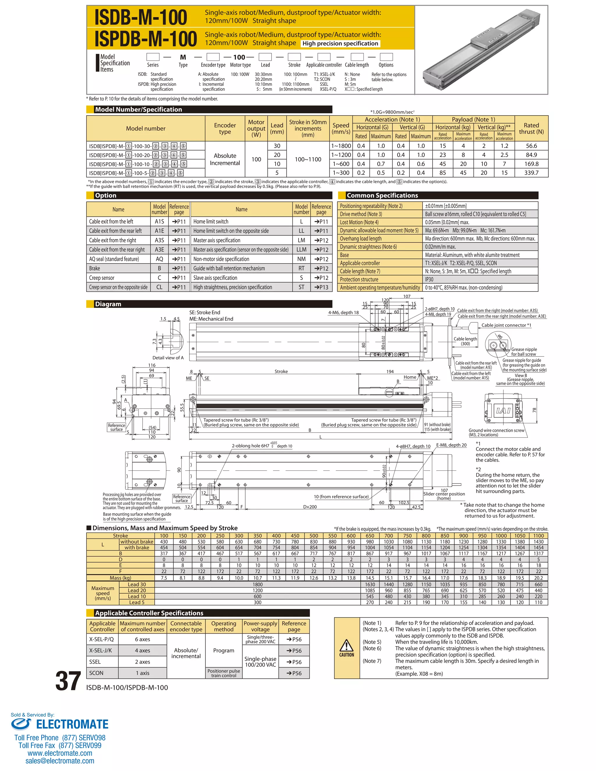 Single-axis robot/Medium, dustproof type/Actuator width: 
120mm/100W Straight shape 
Single-axis robot/Medium, dustproof type/Actuator width: 
120mm/100W Straight shape High precision specification 
Series Type Encoder type Motor type Lead Stroke Applicable controller Cable length Options 
* Refer to P. 10 for the details of items comprising the model number. 
Model Number/Specification 
Model number Encoder 
ISDB[ISPDB]-M- ① -100-30- ② - ③ - ④ - ⑤ 
*1.0G=9800mm/sec2 
ISDB[ISPDB]-M- ① -100-20- ② - ③ - ④ - ⑤ 20 1~1200 0.4 1.0 0.4 1.0 23 8 4 2.5 84.9 
ISDB[ISPDB]-M- ① -100-10 - ② - ③ - ④ - ⑤ 10 1~600 0.4 0.7 0.4 0.6 45 20 10 7 169.8 
ISDB[ISPDB]-M- ① -100-5- ② - ③ - ④ - ⑤ 5 1~300 0.2 0.5 0.2 0.4 85 45 20 15 339.7 
Option Common Specifications 
4.3 
7.3 
1.5 4.5 
A 
94 
Detail view of A 
94 
69 
(2.5) 
(1) 
6 
116 
69.5 
(54) 
22 
5 110 
120 
type 
Motor 
output 
(W) 
Lead 
(mm) 
Stroke in 50mm 
increments 
(mm) 
Absolute 
Incremental 100 
30 
100~1100 
22 B 
12.5 
30 
12 
72.5 
60 
120 
10 90 
F 
Acceleration (Note 1) Payload (Note 1) 
Horizontal (G) Vertical (G) Horizontal (kg) Vertical (kg)** 
Rated Maximum Rated Maximum Rated 
1~1800 0.4 1.0 0.4 1.0 15 4 2 1.2 56.6 
15 
194 5 5 
90±0.02 
60 102.5 
L 
15 
25 
Speed 
(mm/s) 
D×200 120 42.5 
11 
55.5 
8 5 
ME SE 
B 
10 
80±0.02 
80 
120 
90 
70 
25 
107 
60 60 
7 
Rated 
thrust (N) 
Maximum 
acceleration 
Rated 
acceleration 
Maximum 
acceleration 
Cable exit from the right (model number: A3S) 
Cable exit from the rear right (model number: A3E) 
Cable joint connector *1 
ø6 
78 
Reference 
surface 
Processing jig holes are provided over 
the entire bottom surface of the base. 
They are not used for mounting the 
actuator. They are plugged with rubber grommets. 
Base mounting surface when the guide 
is of the high precision speci€cation 
acceleration 
107 
Cable length 
(300) 
Slider center position 
10 (from reference surface) (home) 
Tapered screw for tube (Rc 3/8) 
(Buried plug screw, same on the opposite side) 
+0.015 
0 
2-oblong hole 6H7 depth 10 
Tapered screw for tube (Rc 3/8) 
(Buried plug screw, same on the opposite side) 91 (without brake) 
115 (with brake) Ground wire connection screw 
(M3, 2 locations) 
View B 
(Grease nipple, 
same on the opposite side) 
Home ME*2 
Cable exit from the rear left 
(model number: A1E) 
Cable exit from the left 
(model number: A1S) 
Grease nipple 
for ball screw 
Grease nipple for guide 
(for greasing the guide on 
the mounting surface side) 
2-ø8H7, depth 10 
4-M6, depth 18 4-M8, depth 19 
Stroke 
Reference 
surface 
4-ø8H7, depth 10 E-M8, depth 20 
37 ISDB-M-100/ISPDB-M-100 
Positioning repeatability (Note 2) ±0.01mm [±0.005mm] 
Drive method (Note 3) Ball screw ø16mm, rolled C10 [equivalent to rolled C5] 
Lost Motion (Note 4) 0.05mm [0.02mm] max. 
Dynamic allowable load moment (Note 5) Ma: 69.6N•m Mb: 99.0N•m Mc: 161.7N•m 
Overhang load length Ma direction: 600mm max. Mb, Mc directions: 600mm max. 
Dynamic straightness (Note 6) 0.02mm/m max. 
Base Material: Aluminum, with white alumite treatment 
Applicable controller T1: XSEL-J/K T2: XSEL-P/Q, SSEL, SCON 
Cable length (Note 7) N: None, S: 3m, M: 5m, X: Specified length 
Protection structure IP30 
Ambient operating temperature/humidity 0 to 40°C, 85%RH max. (non-condensing) 
*1 
Connect the motor cable and 
encoder cable. Refer to P. 57 for 
the cables. 
*2 
During the home return, the 
slider moves to the ME, so pay 
attention not to let the slider 
hit surrounding parts. 
Stroke 100 150 200 250 300 350 400 450 500 550 600 650 700 750 800 850 900 950 1000 1050 1100 
L without brake 430 480 530 580 630 680 730 780 830 880 930 980 1030 1080 1130 1180 1230 1280 1330 1380 1430 
with brake 454 504 554 604 654 704 754 804 854 904 954 1004 1054 1104 1154 1204 1254 1304 1354 1404 1454 
B 317 367 417 467 517 567 617 667 717 767 817 867 917 967 1017 1067 1117 1167 1217 1267 1317 
D 0 0 0 0 1 1 1 1 2 2 2 2 3 3 3 3 4 4 4 4 5 
E 8 8 8 8 10 10 10 10 12 12 12 12 14 14 14 14 16 16 16 16 18 
F 22 72 122 172 22 72 122 172 22 72 122 172 22 72 122 172 22 72 122 172 22 
Mass (kg) 7.5 8.1 8.8 9.4 10.0 10.7 11.3 11.9 12.6 13.2 13.8 14.5 15.1 15.7 16.4 17.0 17.6 18.3 18.9 19.5 20.2 
Maximum 
speed 
(mm/s) 
Lead 30 1800 1630 1440 1280 1150 1035 935 850 780 715 660 
Lead 20 1200 1085 960 855 765 690 625 570 520 475 440 
Lead 10 600 545 480 430 380 345 310 285 260 240 220 
Lead 5 300 270 240 215 190 170 155 140 130 120 110 
Diagram 
SE: Stroke End 
ME: Mechanical End 
* Take note that to change the home 
direction, the actuator must be 
returned to us for adjustment. 
■ Dimensions, Mass and Maximum Speed by Stroke *If the brake is equipped, the mass increases by 0.3kg. *The maximum speed (mm/s) varies depending on the stroke. 
(Note 1) Refer to P. 9 for the relationship of acceleration and payload. 
(Notes 2, 3, 4) The values in [ ] apply to the ISPDB series. Other specification 
values apply commonly to the ISDB and ISPDB. 
(Note 5) When the traveling life is 10,000km. 
(Note 6) The value of dynamic straightness is when the high straightness, 
precision specification (option) is specified. 
(Note 7) The maximum cable length is 30m. Specify a desired length in 
meters. 
(Example. X08 = 8m) 
Applicable Controller Specifications 
Applicable 
Maximum number 
Connectable 
Controller 
of controlled axes 
encoder type 
Operating 
method 
Power-supply 
voltage 
Reference 
page 
X-SEL-P/Q 6 axes 
Absolute/ 
incremental 
Program 
Single/three-phase 
200 VAC ➔P56 
X-SEL-J/K 4 axes 
Single-phase 
100/200 VAC 
➔P56 
SSEL 2 axes ➔P56 
SCON 1 axis Positioner pulse 
train control ➔P56 
ISDB-M-100 
ISPDB-M-100 
100: 100mm 
1100: 1100mm 
(in 50mm increments) 
ISDB: Standard 
specification 
ISPDB: High precision 
specification 
A: Absolute 
specification 
I: Incremental 
specification 
100: 100W 30 : 30mm 
20: 20mm 
10: 10mm 
5 : 5mm 
Model 
Specification 
Items 
M 100 
T1: XSEL-J/K 
T2: SCON 
SSEL 
XSEL-P/Q 
N : None 
S : 3m 
M : 5m 
X: Specified length 
Refer to the options 
table below. 
* In the above model numbers, indicates the encoder type, indicates the stroke, indicates the applicable controller, indicates the cable length, and indicates the option(s). 
** If the guide with ball retention mechanism (RT) is used, the vertical payload decreases by 0.5kg. (Please also refer to P.9). 
Name Model 
number 
Reference 
page Name Model 
number 
Reference 
page 
Cable exit from the left A1S ➔P11 Home limit switch L ➔P11 
Cable exit from the rear left A1E ➔P11 Home limit switch on the opposite side LL ➔P11 
Cable exit from the right A3S ➔P11 Master axis specification LM ➔P12 
Cable exit from the rear right A3E ➔P11 Master axis specification (sensor on the opposite side) LLM ➔P12 
AQ seal (standard feature) AQ ➔P11 Non-motor side specification NM ➔P12 
Brake B ➔P11 Guide with ball retention mechanism RT ➔P12 
Creep sensor C ➔P11 Slave axis specification S ➔P12 
Creep sensor on the opposite side CL ➔P11 High straightness, precision specification ST ➔P13 
Sold  Serviced By: 
ELECTROMATE 
Toll Free Phone (877) SERVO98 
Toll Free Fax (877) SERV099 
www.electromate.com 
sales@electromate.com 
 