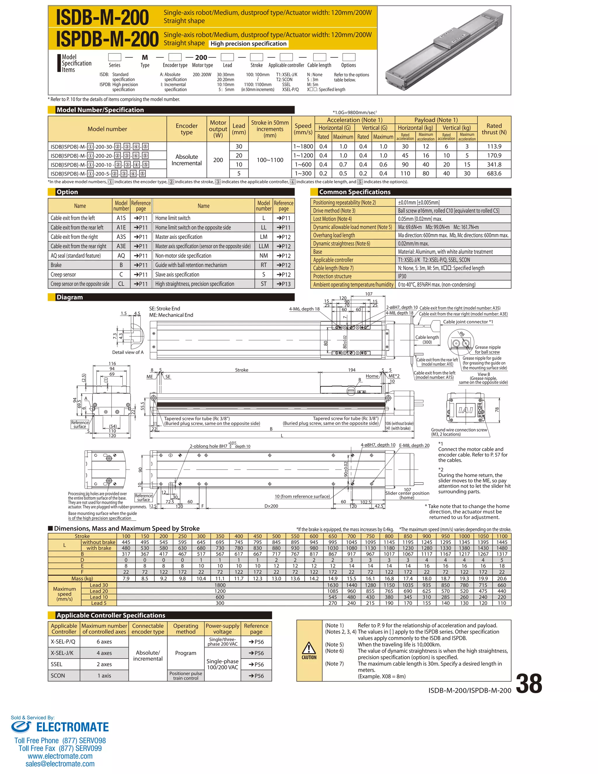 Single-axis robot/Medium, dustproof type/Actuator width: 120mm/200W 
Straight shape 
Single-axis robot/Medium, dustproof type/Actuator width: 120mm/200W 
Straight shape High precision specification 
Series Type Encoder type Motor type Lead Stroke Applicable controller Cable length Options 
* Refer to P. 10 for the details of items comprising the model number. 
Model Number/Specification 
*In the above model numbers, indicates the encoder type, indicates the stroke, indicates the applicable controller, indicates the cable length, and indicates the option(s). 
4.3 
7.3 
1.5 4.5 
Detail view of A 
Reference 
surface 
2-oblong hole 8H7 depth 10 
11 
Processing jig holes are provided over 
the entire bottom surface of the base. 
Reference 
They are not used for mounting the 
surface 
actuator. They are plugged with rubber grommets. 12.5 120 F 
A 
94 
116 
94 
69 
(2.5) 
(1) 
6 
110 
5 
120 
69.5 
(54) 
22 
Base mounting surface when the guide 
is of the high precision specication 
30 
72.5 
90 
12 
10 
60 
+0.015 
0 
*1.0G=9800mm/sec2 
120 
15 90 15 
25 70 25 
2-ø8H7, depth 10 
4-M8, depth 18 
194 5 5 
Cable exit from the rear left 
(model number: A1E) 
Cable exit from the left 
(model number: A1S) 
4-ø8H7, depth 10 E-M8, depth 20 
102.5 
90±0.02 
60 
D×200 120 42.5 
8 5 
ME SE 
22 
55.5 
L 
B 
B 
10 
80 
60 60 
7 
107 
Cable exit from the right (model number: A3S) 
Cable exit from the rear right (model number: A3E) 
ø6 
Grease nipple 
for ball screw 
Grease nipple for guide 
(for greasing the guide on 
the mounting surface side) 
(Grease nipple, 
same on the opposite side) 
78 
Stroke 
Tapered screw for tube (Rc 3/8) 
(Buried plug screw, same on the opposite side) 
4-M6, depth 18 
80±0.02 
Home ME*2 
Cable length 
(300) 
Cable joint connector *1 
View B 
Ground wire connection screw 
(M3, 2 locations) 
106 (without brake) 
141 (with brake) 
Tapered screw for tube (Rc 3/8) 
(Buried plug screw, same on the opposite side) 
10 (from reference surface) 
107 
Slider center position 
(home) 
ISDB-M-200 
ISPDB-M-200 
*1 
Connect the motor cable and 
encoder cable. Refer to P. 57 for 
the cables. 
*2 
During the home return, the 
slider moves to the ME, so pay 
attention not to let the slider hit 
surrounding parts. 
*If the brake is equipped, the mass increases by 0.4kg. *The maximum speed (mm/s) varies depending on the stroke. 
■ Dimensions, Mass and Maximum Speed by Stroke 
Stroke 100 150 200 250 300 350 400 450 500 550 600 650 700 750 800 850 900 950 1000 1050 1100 
L without brake 445 495 545 595 645 695 745 795 845 895 945 995 1045 1095 1145 1195 1245 1295 1345 1395 1445 
with brake 480 530 580 630 680 730 780 830 880 930 980 1030 1080 1130 1180 1230 1280 1330 1380 1430 1480 
B 317 367 417 467 517 567 617 667 717 767 817 867 917 967 1017 1067 1117 1167 1217 1267 1317 
D 0 0 0 0 1 1 1 1 2 2 2 2 3 3 3 3 4 4 4 4 5 
E 8 8 8 8 10 10 10 10 12 12 12 12 14 14 14 14 16 16 16 16 18 
F 22 72 122 172 22 72 122 172 22 72 122 172 22 72 122 172 22 72 122 172 22 
Mass (kg) 7.9 8.5 9.2 9.8 10.4 11.1 11.7 12.3 13.0 13.6 14.2 14.9 15.5 16.1 16.8 17.4 18.0 18.7 19.3 19.9 20.6 
ISDB-M-200/ISPDB-M-200 38 
Maximum 
speed 
(mm/s) 
Lead 30 1800 1630 1440 1280 1150 1035 935 850 780 715 660 
Lead 20 1200 1085 960 855 765 690 625 570 520 475 440 
Lead 10 600 545 480 430 380 345 310 285 260 240 220 
Lead 5 300 270 240 215 190 170 155 140 130 120 110 
Option 
Diagram 
SE: Stroke End 
ME: Mechanical End 
Applicable Controller Specifications 
Applicable 
Maximum number 
Connectable 
Controller 
of controlled axes 
encoder type 
Operating 
method 
Power-supply 
voltage 
Reference 
page 
X-SEL-P/Q 6 axes 
Absolute/ 
incremental 
Program 
Single/three-phase 
200 VAC ➔P56 
X-SEL-J/K 4 axes 
Single-phase 
100/200 VAC 
➔P56 
SSEL 2 axes ➔P56 
SCON 1 axis Positioner pulse 
train control ➔P56 
Common Specifications 
Model number Encoder 
type 
Motor 
output 
(W) 
Lead 
(mm) 
Stroke in 50mm 
increments 
(mm) 
Speed 
(mm/s) 
Acceleration (Note 1) Payload (Note 1) 
Rated 
thrust (N) 
Horizontal (G) Vertical (G) Horizontal (kg) Vertical (kg) 
Rated Maximum Rated Maximum Rated 
acceleration 
Maximum 
acceleration 
Rated 
acceleration 
Maximum 
acceleration 
ISDB[ISPDB]-M- ① -200-30- ② - ③ - ④ - ⑤ 
Absolute 
Incremental 200 
30 
100~1100 
1~1800 0.4 1.0 0.4 1.0 30 12 6 3 113.9 
ISDB[ISPDB]-M- ① -200-20- ② - ③ - ④ - ⑤ 20 1~1200 0.4 1.0 0.4 1.0 45 16 10 5 170.9 
ISDB[ISPDB]-M- ① -200-10 - ② - ③ - ④ - ⑤ 10 1~600 0.4 0.7 0.4 0.6 90 40 20 15 341.8 
ISDB[ISPDB]-M- ① -200-5- ② - ③ - ④ - ⑤ 5 1~300 0.2 0.5 0.2 0.4 110 80 40 30 683.6 
Positioning repeatability (Note 2) ±0.01mm [±0.005mm] 
Drive method (Note 3) Ball screw ø16mm, rolled C10 [equivalent to rolled C5] 
Lost Motion (Note 4) 0.05mm [0.02mm] max. 
Dynamic allowable load moment (Note 5) Ma: 69.6N•m Mb: 99.0N•m Mc: 161.7N•m 
Overhang load length Ma direction: 600mm max. Mb, Mc directions: 600mm max. 
Dynamic straightness (Note 6) 0.02mm/m max. 
Base Material: Aluminum, with white alumite treatment 
Applicable controller T1: XSEL-J/K T2: XSEL-P/Q, SSEL, SCON 
Cable length (Note 7) N: None, S: 3m, M: 5m, X: Specified length 
Protection structure IP30 
Ambient operating temperature/humidity 0 to 40°C, 85%RH max. (non-condensing) 
* Take note that to change the home 
direction, the actuator must be 
returned to us for adjustment. 
(Note 1) Refer to P. 9 for the relationship of acceleration and payload. 
(Notes 2, 3, 4) The values in [ ] apply to the ISPDB series. Other specification 
values apply commonly to the ISDB and ISPDB. 
(Note 5) When the traveling life is 10,000km. 
(Note 6) The value of dynamic straightness is when the high straightness, 
precision specification (option) is specified. 
(Note 7) The maximum cable length is 30m. Specify a desired length in 
meters. 
(Example. X08 = 8m) 
100: 100mm 
1100: 1100mm 
(in 50mm increments) 
ISDB: Standard 
specification 
ISPDB: High precision 
specification 
A: Absolute 
specification 
I: Incremental 
specification 
200: 200W 30 : 30mm 
20: 20mm 
10: 10mm 
5 : 5mm 
Model 
Specification 
Items 
M 200 
T1: XSEL-J/K 
T2: SCON 
SSEL 
XSEL-P/Q 
N : None 
S : 3m 
M : 5m 
X: Specified length 
Refer to the options 
table below. 
Name Model 
number 
Reference 
page Name Model 
number 
Reference 
page 
Cable exit from the left A1S ➔P11 Home limit switch L ➔P11 
Cable exit from the rear left A1E ➔P11 Home limit switch on the opposite side LL ➔P11 
Cable exit from the right A3S ➔P11 Master axis specification LM ➔P12 
Cable exit from the rear right A3E ➔P11 Master axis specification (sensor on the opposite side) LLM ➔P12 
AQ seal (standard feature) AQ ➔P11 Non-motor side specification NM ➔P12 
Brake B ➔P11 Guide with ball retention mechanism RT ➔P12 
Creep sensor C ➔P11 Slave axis specification S ➔P12 
Creep sensor on the opposite side CL ➔P11 High straightness, precision specification ST ➔P13 
Sold  Serviced By: 
ELECTROMATE 
Toll Free Phone (877) SERVO98 
Toll Free Fax (877) SERV099 
www.electromate.com 
sales@electromate.com 
 