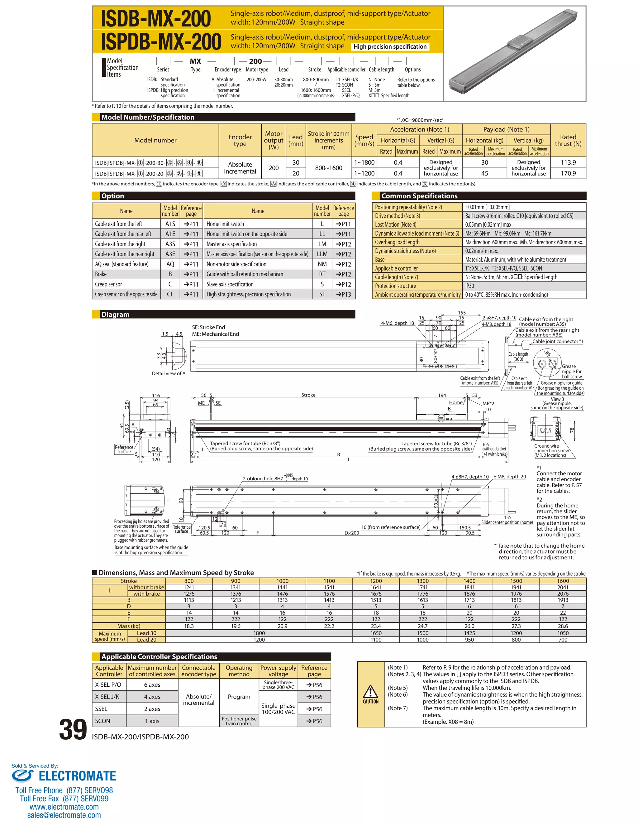 Single-axis robot/Medium, dustproof, mid-support type/Actuator 
width: 120mm/200W Straight shape 
Single-axis robot/Medium, dustproof, mid-support type/Actuator 
width: 120mm/200W Straight shape High precision specification 
Series Type Encoder type Motor type Lead Stroke Applicable controller Cable length Options 
* Refer to P. 10 for the details of items comprising the model number. 
Model Number/Specification 
*In the above model numbers, indicates the encoder type, indicates the stroke, indicates the applicable controller, indicates the cable length, and indicates the option(s). 
7.3 
1.5 4.5 
4.3 
5 
116 
94 
69 
(54) 
110 
120 
22 
A 
69.5 (2.5) 
94 
6 
Processing jig holes are provided 
over the entire bottom surface of 
the base. They are not used for 
mounting the actuator. They are 
plugged with rubber grommets. 
■ Dimensions, Mass and Maximum Speed by Stroke 
ISDB-MX-200/ISPDB-MX-200 39 
ME SE 
11 
120.5 
30 
+0.015 
0 
60.5 120 D×200 
90 
12 
10 
60 
*1.0G=9800mm/sec2 
15 90 15 
60 60 
194 5 53 
Home ME*2 
4-ø8H7, depth 10 E-M8, depth 20 
150.5 60 
F 120 90.5 
56 5 
L 
22 B 
B 
10 
80 
155 
25 70 25 
7 
ø6 
Grease nipple for guide 
(for greasing the guide on 
the mounting surface side) 
78 
Detail view of A 
Reference 
surface 
Reference 
surface 
Base mounting surface when the guide 
is of the high precision speci‚cation 
2-oblong hole 8H7 depth 10 
10 (from reference surface) 
155 
Slider center position (home) 
90±0.02 
106 
(without brake) 
141 (with brake) 
Tapered screw for tube (Rc 3/8) 
(Buried plug screw, same on the opposite side) 
Stroke 
Tapered screw for tube (Rc 3/8) 
(Buried plug screw, same on the opposite side) 
4-M6, depth 18 
80±0.02 
Cable length 
(300) 
Cable exit from the left 
(model number: A1S) 
Cable exit 
from the rear left 
(model number: A1E) 
Grease 
nipple for 
ball screw 
View B 
(Grease nipple, 
same on the opposite side) 
Ground wire 
connection screw 
(M3, 2 locations) 
2-ø8H7, depth 10 
4-M8, depth 18 
Cable exit from the right 
(model number: A3S) 
Cable exit from the rear right 
(model number: A3E) 
Cable joint connector *1 
*1 
Connect the motor 
cable and encoder 
cable. Refer to P. 57 
for the cables. 
*2 
During the home 
return, the slider 
moves to the ME, so 
pay attention not to 
let the slider hit 
surrounding parts. 
*If the brake is equipped, the mass increases by 0.5kg. *The maximum speed (mm/s) varies depending on the stroke. 
Stroke 800 900 1000 1100 1200 1300 1400 1500 1600 
L without brake 1241 1341 1441 1541 1641 1741 1841 1941 2041 
with brake 1276 1376 1476 1576 1676 1776 1876 1976 2076 
B 1113 1213 1313 1413 1513 1613 1713 1813 1913 
D 3 3 4 4 5 5 6 6 7 
E 14 14 16 16 18 18 20 20 22 
F 122 222 122 222 122 222 122 222 122 
Mass (kg) 18.3 19.6 20.9 22.2 23.4 24.7 26.0 27.3 28.6 
Maximum 
speed (mm/s) 
Lead 30 1800 1650 1500 1425 1200 1050 
Lead 20 1200 1100 1000 950 800 700 
Option 
Diagram 
SE: Stroke End 
ME: Mechanical End 
Applicable Controller Specifications 
Applicable 
Maximum number 
Connectable 
Controller 
of controlled axes 
encoder type 
Operating 
method 
Power-supply 
voltage 
Reference 
page 
X-SEL-P/Q 6 axes 
Absolute/ 
incremental 
Program 
Single/three-phase 
200 VAC ➔P56 
X-SEL-J/K 4 axes 
Single-phase 
100/200 VAC 
➔P56 
SSEL 2 axes ➔P56 
SCON 1 axis Positioner pulse 
train control ➔P56 
Common Specifications 
Positioning repeatability (Note 2) ±0.01mm [±0.005mm] 
Drive method (Note 3) Ball screw ø16mm, rolled C10 [equivalent to rolled C5] 
Lost Motion (Note 4) 0.05mm [0.02mm] max. 
Dynamic allowable load moment (Note 5) Ma: 69.6N•m Mb: 99.0N•m Mc: 161.7N•m 
Overhang load length Ma direction: 600mm max. Mb, Mc directions: 600mm max. 
Dynamic straightness (Note 6) 0.02mm/m max. 
Base Material: Aluminum, with white alumite treatment 
Applicable controller T1: XSEL-J/K T2: XSEL-P/Q, SSEL, SCON 
Cable length (Note 7) N: None, S: 3m, M: 5m, X: Specified length 
Protection structure IP30 
Ambient operating temperature/humidity 0 to 40°C, 85%RH max. (non-condensing) 
* Take note that to change the home 
direction, the actuator must be 
returned to us for adjustment. 
Model number Encoder 
type 
Motor 
output 
(W) 
Lead 
(mm) 
Stroke in100mm 
increments 
(mm) 
Speed 
(mm/s) 
Acceleration (Note 1) Payload (Note 1) 
Rated 
Horizontal (G) Vertical (G) Horizontal (kg) Vertical (kg) thrust (N) 
Rated Maximum Rated Maximum Rated 
acceleration 
Maximum 
acceleration 
Rated 
acceleration 
Maximum 
acceleration 
ISDB[ISPDB]-MX- ① -200-30- ② - ③ - ④ - ⑤ Absolute 
Incremental 200 
30 
800~1600 
1~1800 0.4 Designed 
exclusively for 
horizontal use 
30 Designed 
exclusively for 
horizontal use 
113.9 
ISDB[ISPDB]-MX- ① -200-20- ② - ③ - ④ - ⑤ 20 1~1200 0.4 45 170.9 
(Note 1) Refer to P. 9 for the relationship of acceleration and payload. 
(Notes 2, 3, 4) The values in [ ] apply to the ISPDB series. Other specification 
values apply commonly to the ISDB and ISPDB. 
(Note 5) When the traveling life is 10,000km. 
(Note 6) The value of dynamic straightness is when the high straightness, 
precision specification (option) is specified. 
(Note 7) The maximum cable length is 30m. Specify a desired length in 
meters. 
(Example. X08 = 8m) 
ISDB-MX-200 
ISPDB-MX-200 
ISDB: Standard 
specification 
ISPDB: High precision 
specification 
A: Absolute 
specification 
I: Incremental 
specification 
200: 200W 30 : 30mm 
20: 20mm 
Model 
Specification 
Items 
MX 200 
T1: XSEL-J/K 
T2: SCON 
SSEL 
XSEL-P/Q 
N : None 
S : 3m 
M : 5m 
X: Specified length 
Refer to the options 
table below. 
800: 800mm 
1600: 1600mm 
(in 100mm increments) 
Name Model 
number 
Reference 
page Name Model 
number 
Reference 
page 
Cable exit from the left A1S ➔P11 Home limit switch L ➔P11 
Cable exit from the rear left A1E ➔P11 Home limit switch on the opposite side LL ➔P11 
Cable exit from the right A3S ➔P11 Master axis specification LM ➔P12 
Cable exit from the rear right A3E ➔P11 Master axis specification (sensor on the opposite side) LLM ➔P12 
AQ seal (standard feature) AQ ➔P11 Non-motor side specification NM ➔P12 
Brake B ➔P11 Guide with ball retention mechanism RT ➔P12 
Creep sensor C ➔P11 Slave axis specification S ➔P12 
Creep sensor on the opposite side CL ➔P11 High straightness, precision specification ST ➔P13 
Sold  Serviced By: 
ELECTROMATE 
Toll Free Phone (877) SERVO98 
Toll Free Fax (877) SERV099 
www.electromate.com 
sales@electromate.com 
 