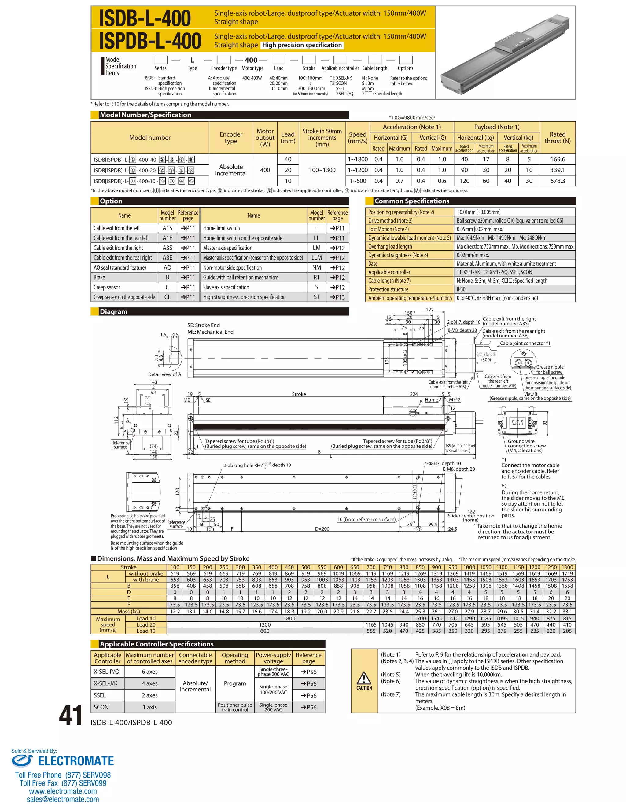 ISDB-L-400 
ISPDB-L-400 
Single-axis robot/Large, dustproof type/Actuator width: 150mm/400W 
Straight shape 
Single-axis robot/Large, dustproof type/Actuator width: 150mm/400W 
Straight shape High precision specification 
Series Type Encoder type Motor type Lead Stroke Applicable controller Cable length Options 
ISDB: Standard 
specification 
ISPDB: High precision 
specification 
* Refer to P. 10 for the details of items comprising the model number. 
Model number Encoder 
*In the above model numbers, indicates the encoder type, indicates the stroke, indicates the applicable controller, indicates the cable length, and indicates the option(s). 
7.3 
1.5 4.5 
4.3 
6 (3) 
A 
112 
143 
121 
93 
(74) 
140 
5 
150 
81.5 
Processing jig holes are provided 
over the entire bottom surface of 
the base. They are not used for 
mounting the actuator. They are 
plugged with rubber grommets. 
41 ISDB-L-400/ISPDB-L-400 
22 
(1.5) 
Reference 
surface 
A: Absolute 
specification 
I: Incremental 
specification 
19 5 
ME SE 
Reference 
surface 
Base mounting surface when the guide 
is of the high precision specication 
22 
11 
100: 100mm 
1300: 1300mm 
(in 50mm increments) 
Stroke in 50mm 
increments 
(mm) 
B 
L 
400: 400W 40 : 40mm 
20 : 20mm 
10: 10mm 
type 
Motor 
output 
(W) 
Lead 
(mm) 
Tapered screw for tube (Rc 3/8) 
(Buried plug screw, same on the opposite side) 
100 F 
10 
10 
60 50 
120 
25 
12 
*1.0G=9800mm/sec2 
Acceleration (Note 1) Payload (Note 1) 
150 
120 
90 
122 
15 15 
30 30 
75 75 
224 5 5 
B 
8 
Home ME*2 
75 99.5 
12 
105 
Speed 
(mm/s) 
D×200 150 24.5 
Cable exit from the right 
(model number: A3S) 
Cable exit from the rear right 
(model number: A3E) 
Cable joint connector *1 
93 
Detail view of A 
2-oblong hole 8H7+0.015 depth 10 
0 
Stroke 
Tapered screw for tube (Rc 3/8) 
(Buried plug screw, same on the opposite side) 139 (without brake) 
173 (with brake) 
120±0.02 
10 (from reference surface) 
122 
Cable length 
(300) 
Slider center position 
(home) 
4-ø8H7, depth 10 
E-M8, depth 20 
105±0.02 
2-ø8H7, depth 10 
8-M8, depth 20 
Cable exit from the left 
(model number: A1S) 
Cable exit from 
the rear left 
(model number: A1E) 
ø6 
Grease nipple 
for ball screw 
Grease nipple for guide 
(for greasing the guide on 
the mounting surface side) 
View B 
(Grease nipple, same on the opposite side) 
Ground wire 
connection screw 
(M4, 2 locations) 
*1 
Connect the motor cable 
and encoder cable. Refer 
to P. 57 for the cables. 
*2 
During the home return, 
the slider moves to the ME, 
so pay attention not to let 
the slider hit surrounding 
parts. 
Stroke 100 150 200 250 300 350 400 450 500 550 600 650 700 750 800 850 900 950 1000 1050 1100 1150 1200 1250 1300 
L without brake 519 569 619 669 719 769 819 869 919 969 1019 1069 1119 1169 1219 1269 1319 1369 1419 1469 1519 1569 1619 1669 1719 
with brake 553 603 653 703 753 803 853 903 953 1003 1053 1103 1153 1203 1253 1303 1353 1403 1453 1503 1553 1603 1653 1703 1753 
B 358 408 458 508 558 608 658 708 758 808 858 908 958 1008 1058 1108 1158 1208 1258 1308 1358 1408 1458 1508 1558 
D 0 0 0 1 1 1 1 2 2 2 2 3 3 3 3 4 4 4 4 5 5 5 5 6 6 
E 8 8 8 10 10 10 10 12 12 12 12 14 14 14 14 16 16 16 16 18 18 18 18 20 20 
F 73.5 123.5 173.5 23.5 73.5 123.5 173.5 23.5 73.5 123.5 173.5 23.5 73.5 123.5 173.5 23.5 73.5 123.5 173.5 23.5 73.5 123.5 173.5 23.5 73.5 
Mass (kg) 12.2 13.1 14.0 14.8 15.7 16.6 17.4 18.3 19.2 20.0 20.9 21.8 22.7 23.5 24.4 25.3 26.1 27.0 27.9 28.7 29.6 30.5 31.4 32.2 33.1 
Maximum 
speed 
(mm/s) 
Lead 40 1800 1700 1540 1410 1290 1185 1095 1015 940 875 815 
Lead 20 1200 1165 1045 940 850 770 705 645 595 545 505 470 440 410 
Lead 10 600 585 520 470 425 385 350 320 295 275 255 235 220 205 
Model 
Specification 
Items 
L 400 
T1: XSEL-J/K 
T2: SCON 
SSEL 
XSEL-P/Q 
N : None 
S : 3m 
M : 5m 
X: Specified length 
Refer to the options 
table below. 
Model Number/Specification 
Option Common Specifications 
Rated 
Horizontal (G) Vertical (G) Horizontal (kg) Vertical (kg) thrust (N) 
Rated Maximum Rated Maximum Rated 
acceleration 
Maximum 
acceleration 
Rated 
acceleration 
Maximum 
acceleration 
ISDB[ISPDB]-L- ① -400-40- ② - ③ - ④ - ⑤ 
Absolute 
Incremental 400 
40 
100~1300 
1~1800 0.4 1.0 0.4 1.0 40 17 8 5 169.6 
ISDB[ISPDB]-L- ① -400-20- ② - ③ - ④ - ⑤ 20 1~1200 0.4 1.0 0.4 1.0 90 30 20 10 339.1 
ISDB[ISPDB]-L- ① -400-10 - ② - ③ - ④ - ⑤ 10 1~600 0.4 0.7 0.4 0.6 120 60 40 30 678.3 
Positioning repeatability (Note 2) ±0.01mm [±0.005mm] 
Drive method (Note 3) Ball screw ø20mm, rolled C10 [equivalent to rolled C5] 
Lost Motion (Note 4) 0.05mm [0.02mm] max. 
Dynamic allowable load moment (Note 5) Ma: 104.9N•m Mb: 149.9N•m Mc: 248.9N•m 
Overhang load length Ma direction: 750mm max. Mb, Mc directions: 750mm max. 
Dynamic straightness (Note 6) 0.02mm/m max. 
Base Material: Aluminum, with white alumite treatment 
Applicable controller T1: XSEL-J/K T2: XSEL-P/Q, SSEL, SCON 
Cable length (Note 7) N: None, S: 3m, M: 5m, X: Specified length 
Protection structure IP30 
Ambient operating temperature/humidity 0 to 40°C, 85%RH max. (non-condensing) 
Diagram 
SE: Stroke End 
ME: Mechanical End 
■ Dimensions, Mass and Maximum Speed by Stroke 
* Take note that to change the home 
direction, the actuator must be 
returned to us for adjustment. 
*If the brake is equipped, the mass increases by 0.5kg. *The maximum speed (mm/s) varies depending on the stroke. 
(Note 1) Refer to P. 9 for the relationship of acceleration and payload. 
(Notes 2, 3, 4) The values in [ ] apply to the ISPDB series. Other specification 
values apply commonly to the ISDB and ISPDB. 
(Note 5) When the traveling life is 10,000km. 
(Note 6) The value of dynamic straightness is when the high straightness, 
precision specification (option) is specified. 
(Note 7) The maximum cable length is 30m. Specify a desired length in 
meters. 
(Example. X08 = 8m) 
Name Model 
number 
Reference 
page Name Model 
number 
Reference 
page 
Cable exit from the left A1S ➔P11 Home limit switch L ➔P11 
Cable exit from the rear left A1E ➔P11 Home limit switch on the opposite side LL ➔P11 
Cable exit from the right A3S ➔P11 Master axis specification LM ➔P12 
Cable exit from the rear right A3E ➔P11 Master axis specification (sensor on the opposite side) LLM ➔P12 
AQ seal (standard feature) AQ ➔P11 Non-motor side specification NM ➔P12 
Brake B ➔P11 Guide with ball retention mechanism RT ➔P12 
Creep sensor C ➔P11 Slave axis specification S ➔P12 
Creep sensor on the opposite side CL ➔P11 High straightness, precision specification ST ➔P13 
Applicable Controller Specifications 
Applicable 
Maximum number 
Connectable 
Controller 
of controlled axes 
encoder type 
Operating 
method 
Power-supply 
voltage 
Reference 
page 
X-SEL-P/Q 6 axes 
Absolute/ 
incremental 
Program 
Single/three-phase 
200 VAC ➔P56 
X-SEL-J/K 4 axes Single-phase 
100/200 VAC 
➔P56 
SSEL 2 axes ➔P56 
SCON 1 axis Positioner pulse 
train control 
Single-phase 
200 VAC ➔P56 
Sold  Serviced By: 
ELECTROMATE 
Toll Free Phone (877) SERVO98 
Toll Free Fax (877) SERV099 
www.electromate.com 
sales@electromate.com 
 