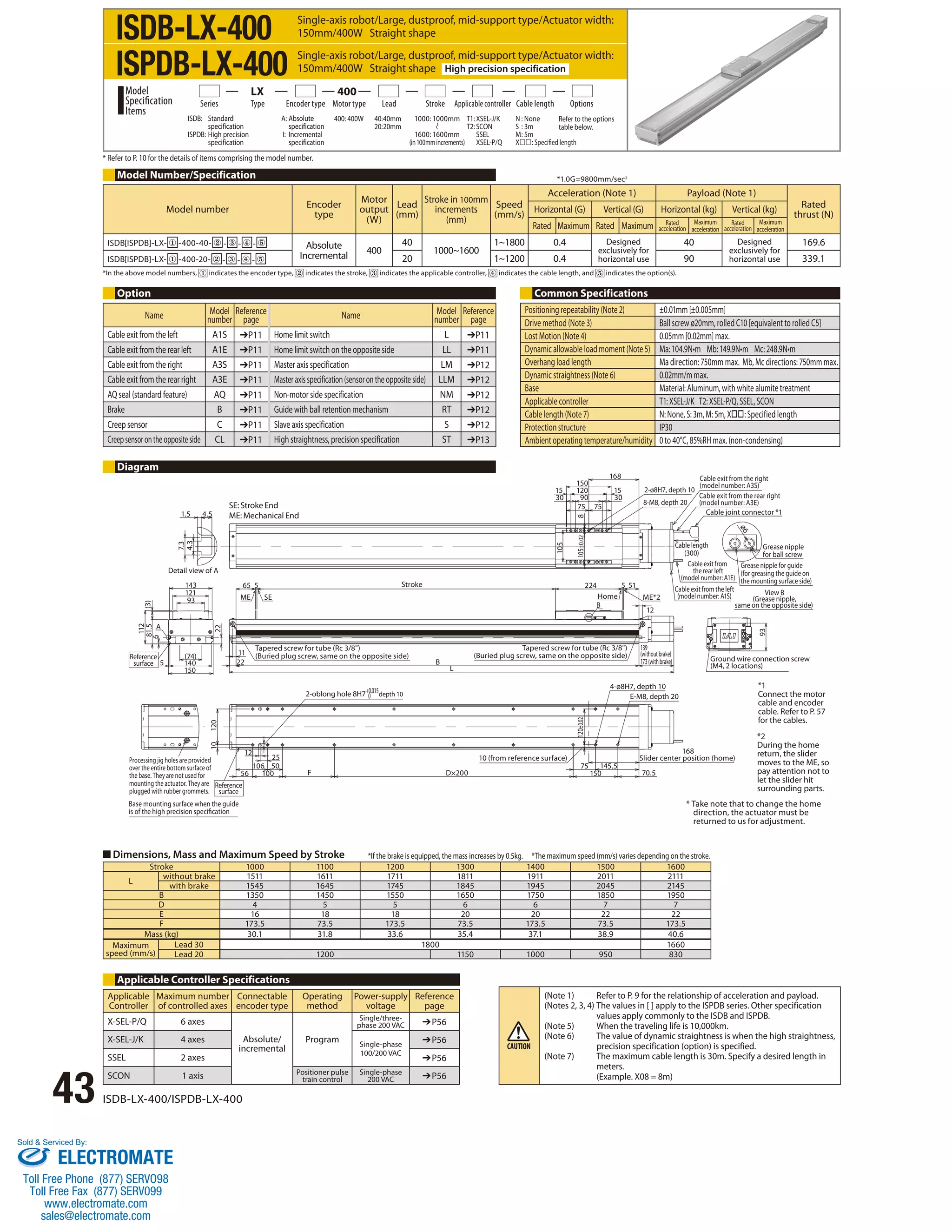 Single-axis robot/Large, dustproof, mid-support type/Actuator width: 
150mm/400W Straight shape 
Single-axis robot/Large, dustproof, mid-support type/Actuator width: 
150mm/400W Straight shape High precision specification 
Series Type Encoder type Motor type Lead Stroke Applicable controller Cable length Options 
* Refer to P. 10 for the details of items comprising the model number. 
Model Number/Specification 
*1.0G=9800mm/sec2 
*In the above model numbers, indicates the encoder type, indicates the stroke, indicates the applicable controller, indicates the cable length, and indicates the option(s). 
Option Common Specifications 
1.5 4.5 
4.3 
7.3 
Detail view of A 
A 
(3) 
112 
81.5 
6 
Reference 
surface 
143 
121 
93 
(74) 
5 140 
150 
22 
Processing jig holes are provided 
over the entire bottom surface of 
the base. They are not used for 
mounting the actuator. They are 
plugged with rubber grommets. 
65 5 
ME SE 
11 
Reference 
surface 
Base mounting surface when the guide 
is of the high precision specication 
■ Dimensions, Mass and Maximum Speed by Stroke 
43 ISDB-LX-400/ISPDB-LX-400 
100 
10 
56 
106 50 
120 
25 
12 
2-oblong hole 8H7+0.015depth 10 
0 
150 
15 120 15 
30 90 30 
10 (from reference surface) 
5 51 
4-ø8H7, depth 10 
75 75 
B 
75 145.5 
E-M8, depth 20 
D×200 150 70.5 
Cable exit from the right 
(model number: A3S) 
Cable exit from the rear right 
(model number: A3E) 
Cable joint connector *1 
Cable exit from 
the rear left 
(model number: A1E) 
168 
Slider center position (home) 
B 
L 
22 
Stroke 
Tapered screw for tube (Rc 3/8) 
(Buried plug screw, same on the opposite side) 
Tapered screw for tube (Rc 3/8) 
(Buried plug screw, same on the opposite side) 
12 
224 
Home ME*2 
93 
139 
(without brake) 
173 (with brake) Ground wire connection screw 
(M4, 2 locations) 
8 
105±0.02 
105 
168 
2-ø8H7, depth 10 
8-M8, depth 20 
ø6 
Cable length 
(300) 
Cable exit from the left 
(model number: A1S) 
Grease nipple 
for ball screw 
Grease nipple for guide 
(for greasing the guide on 
the mounting surface side) 
View B 
(Grease nipple, 
same on the opposite side) 
F 
120±0.02 
*If the brake is equipped, the mass increases by 0.5kg. *The maximum speed (mm/s) varies depending on the stroke. 
Stroke 1000 1100 1200 1300 1400 1500 1600 
L without brake 1511 1611 1711 1811 1911 2011 2111 
with brake 1545 1645 1745 1845 1945 2045 2145 
B 1350 1450 1550 1650 1750 1850 1950 
D 4 5 5 6 6 7 7 
E 16 18 18 20 20 22 22 
F 173.5 73.5 173.5 73.5 173.5 73.5 173.5 
Mass (kg) 30.1 31.8 33.6 35.4 37.1 38.9 40.6 
Maximum 
speed (mm/s) 
Lead 30 1800 1660 
Lead 20 1200 1150 1000 950 830 
Diagram 
SE: Stroke End 
ME: Mechanical End 
*1 
Connect the motor 
cable and encoder 
cable. Refer to P. 57 
for the cables. 
*2 
During the home 
return, the slider 
moves to the ME, so 
pay attention not to 
let the slider hit 
surrounding parts. 
* Take note that to change the home 
direction, the actuator must be 
returned to us for adjustment. 
Model number Encoder 
type 
Motor 
output 
(W) 
Lead 
(mm) 
Stroke in 100mm 
increments 
(mm) 
Speed 
(mm/s) 
Acceleration (Note 1) Payload (Note 1) 
Rated 
Horizontal (G) Vertical (G) Horizontal (kg) Vertical (kg) thrust (N) 
Rated Maximum Rated Maximum Rated 
acceleration 
Maximum 
acceleration 
Rated 
acceleration 
Maximum 
acceleration 
ISDB[ISPDB]-LX- ① -400-40- ② - ③ - ④ - ⑤ Absolute 
Incremental 400 
40 
1000~1600 
1~1800 0.4 Designed 
exclusively for 
horizontal use 
40 Designed 
exclusively for 
horizontal use 
169.6 
ISDB[ISPDB]-LX- ① -400-20- ② - ③ - ④ - ⑤ 20 1~1200 0.4 90 339.1 
Positioning repeatability (Note 2) ±0.01mm [±0.005mm] 
Drive method (Note 3) Ball screw ø20mm, rolled C10 [equivalent to rolled C5] 
Lost Motion (Note 4) 0.05mm [0.02mm] max. 
Dynamic allowable load moment (Note 5) Ma: 104.9N•m Mb: 149.9N•m Mc: 248.9N•m 
Overhang load length Ma direction: 750mm max. Mb, Mc directions: 750mm max. 
Dynamic straightness (Note 6) 0.02mm/m max. 
Base Material: Aluminum, with white alumite treatment 
Applicable controller T1: XSEL-J/K T2: XSEL-P/Q, SSEL, SCON 
Cable length (Note 7) N: None, S: 3m, M: 5m, X: Specified length 
Protection structure IP30 
Ambient operating temperature/humidity 0 to 40°C, 85%RH max. (non-condensing) 
Applicable Controller Specifications 
Applicable 
Maximum number 
Connectable 
Controller 
of controlled axes 
encoder type 
Operating 
method 
Power-supply 
voltage 
Reference 
page 
X-SEL-P/Q 6 axes 
Absolute/ 
incremental 
Program 
Single/three-phase 
200 VAC ➔P56 
X-SEL-J/K 4 axes Single-phase 
100/200 VAC 
➔P56 
SSEL 2 axes ➔P56 
SCON 1 axis Positioner pulse 
train control 
Single-phase 
200 VAC ➔P56 
ISDB-LX-400 
ISPDB-LX-400 
1000: 1000mm 
1600: 1600mm 
(in 100mm increments) 
ISDB: Standard 
specification 
ISPDB: High precision 
specification 
A: Absolute 
specification 
I: Incremental 
specification 
400: 400W 40: 40mm 
20: 20mm 
Model 
Specification 
Items 
LX 400 
T1: XSEL-J/K 
T2: SCON 
SSEL 
XSEL-P/Q 
N : None 
S : 3m 
M : 5m 
X: Specified length 
Refer to the options 
table below. 
(Note 1) Refer to P. 9 for the relationship of acceleration and payload. 
(Notes 2, 3, 4) The values in [ ] apply to the ISPDB series. Other specification 
values apply commonly to the ISDB and ISPDB. 
(Note 5) When the traveling life is 10,000km. 
(Note 6) The value of dynamic straightness is when the high straightness, 
precision specification (option) is specified. 
(Note 7) The maximum cable length is 30m. Specify a desired length in 
meters. 
(Example. X08 = 8m) 
Name Model 
number 
Reference 
page Name Model 
number 
Reference 
page 
Cable exit from the left A1S ➔P11 Home limit switch L ➔P11 
Cable exit from the rear left A1E ➔P11 Home limit switch on the opposite side LL ➔P11 
Cable exit from the right A3S ➔P11 Master axis specification LM ➔P12 
Cable exit from the rear right A3E ➔P11 Master axis specification (sensor on the opposite side) LLM ➔P12 
AQ seal (standard feature) AQ ➔P11 Non-motor side specification NM ➔P12 
Brake B ➔P11 Guide with ball retention mechanism RT ➔P12 
Creep sensor C ➔P11 Slave axis specification S ➔P12 
Creep sensor on the opposite side CL ➔P11 High straightness, precision specification ST ➔P13 
Sold  Serviced By: 
ELECTROMATE 
Toll Free Phone (877) SERVO98 
Toll Free Fax (877) SERV099 
www.electromate.com 
sales@electromate.com 
 