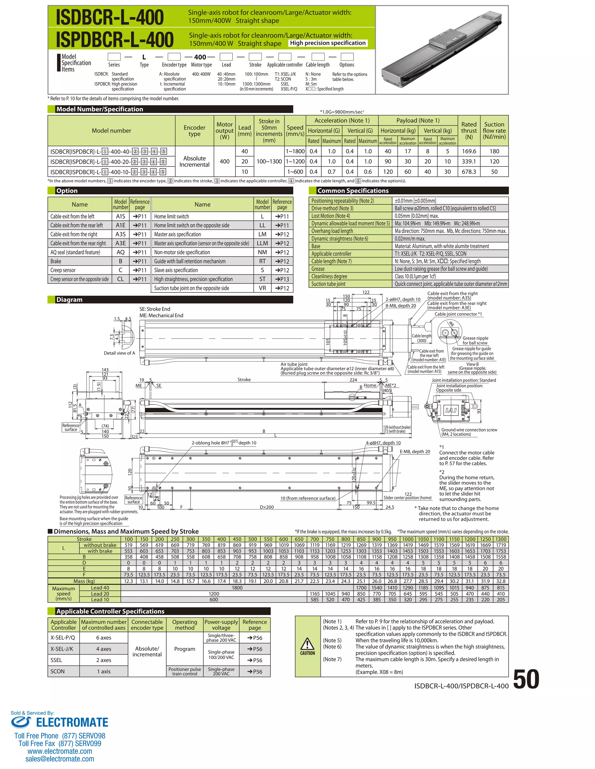 Cable exit from the right 
(model number: A3S) 
Cable exit from the rear right 
(model number: A3E) 
Cable joint connector *1 
Cable exit from 
the rear left 
(model number: A1E) 
Joint installation position: Standard 
Joint installation position: 
Opposite side 
93 
*1 
Connect the motor cable 
and encoder cable. Refer 
to P. 57 for the cables. 
*2 
During the home return, 
the slider moves to the 
ME, so pay attention not 
to let the slider hit 
surrounding parts. 
* Take note that to change the home 
direction, the actuator must be 
returned to us for adjustment. 
ISDBCR-L-400/ISPDBCR-L-400 50 
ISDBCR-L-400 
ISPDBCR-L-400 
Single-axis robot for cleanroom/Large/Actuator width: 
150mm/400W Straight shape 
Single-axis robot for cleanroom/Large/Actuator width: 
150mm/400 W Straight shape High precision specification 
Series Type Encoder type Motor type Lead Stroke Applicable controller Cable length Options 
* Refer to P. 10 for the details of items comprising the model number. 
Model Number/Specification 
*1.0G=9800mm/sec2 
*In the above model numbers, indicates the encoder type, indicates the stroke, indicates the applicable controller, indicates the cable length, and indicates the option(s). 
Option Common Specifications 
1.5 4.5 
4.3 
7.3 
Detail view of A 
Reference 
surface 
ME SE 
77 
Processing jig holes are provided over 
the entire bottom surface of the base. 
They are not used for mounting the 
actuator. They are plugged with rubber grommets. 
Reference 
surface 
A 
112 
143 
121 
93 
(3) 
6 
140 
5 
150 (32.5) 
81.5 
(74) 
22 
(1.5) 
19 5 
22 
Base mounting surface when the guide 
is of the high precision specication 
Stroke 
150 
120 
90 
15 15 
30 30 
75 75 
8 
Air tube joint 
Applicable tube outer diameter ø12 (inner diameter ø8) 
(Buried plug screw on the opposite side: Rc 3/8) 
224 5 5 
Home ME*2 
2-oblong hole 8H7 +0.015depth 10 4-ø8H7, depth 10 
100 F D×200 
10 
10 
60 50 
120 
25 
12 
B 
L 
10 (from reference surface) 
75 99.5 
150 24.5 
E-M8, depth 20 
0 
122 
Slider center position (home) 
120±0.02 
139 (without brake) 
173 (with brake) 
B 
(40.5) 
105 
105±0.02 
122 
2-ø8H7, depth 10 
8-M8, depth 20 
Cable length 
(300) 
Cable exit from the left 
(model number: A1S) 
ø6 
Grease nipple 
for ball screw 
Grease nipple for guide 
(for greasing the guide on 
the mounting surface side) 
View B 
(Grease nipple, 
same on the opposite side) 
Ground wire connection screw 
(M4, 2 locations) 
■ Dimensions, Mass and Maximum Speed by Stroke 
Stroke 100 150 200 250 300 350 400 450 500 550 600 650 700 750 800 850 900 950 1000 1050 1100 1150 1200 1250 1300 
L without brake 519 569 619 669 719 769 819 869 919 969 1019 1069 1119 1169 1219 1269 1319 1369 1419 1469 1519 1569 1619 1669 1719 
with brake 553 603 653 703 753 803 853 903 953 1003 1053 1103 1153 1203 1253 1303 1353 1403 1453 1503 1553 1603 1653 1703 1753 
B 358 408 458 508 558 608 658 708 758 808 858 908 958 1008 1058 1108 1158 1208 1258 1308 1358 1408 1458 1508 1558 
D 0 0 0 1 1 1 1 2 2 2 2 3 3 3 3 4 4 4 4 5 5 5 5 6 6 
E 8 8 8 10 10 10 10 12 12 12 12 14 14 14 14 16 16 16 16 18 18 18 18 20 20 
F 73.5 123.5 173.5 23.5 73.5 123.5 173.5 23.5 73.5 123.5 173.5 23.5 73.5 123.5 173.5 23.5 73.5 123.5 173.5 23.5 73.5 123.5 173.5 23.5 73.5 
Mass (kg) 12.3 13.1 14.0 14.8 15.7 16.6 17.4 18.3 19.1 20.0 20.8 21.7 22.5 23.4 24.3 25.1 26.0 26.8 27.7 28.5 29.4 30.2 31.1 31.9 32.8 
Maximum 
speed 
(mm/s) 
Lead 40 1800 1700 1540 1410 1290 1185 1095 1015 940 875 815 
Lead 20 1200 1165 1045 940 850 770 705 645 595 545 505 470 440 410 
Lead 10 600 585 520 470 425 385 350 320 295 275 255 235 220 205 
Diagram 
SE: Stroke End 
ME: Mechanical End 
100: 100mm 
1300: 1300mm 
(in 50 mm increments) 
ISDBCR: Standard 
specification 
ISPDBCR: High precision 
specification 
A: Absolute 
specification 
I: Incremental 
specification 
400: 400W 40 : 40mm 
20 : 20mm 
10 : 10mm 
Model 
Specification 
Items 
L 400 
T1: XSEL-J/K 
T2: SCON 
SSEL 
XSEL-P/Q 
N : None 
S : 3m 
M : 5m 
X: Specified length 
Refer to the options 
table below. 
Model number Encoder 
type 
Motor 
output 
(W) 
Lead 
(mm) 
Stroke in 
50mm 
increments 
(mm) 
Speed 
(mm/s) 
Acceleration (Note 1) Payload (Note 1) 
Rated 
thrust 
(N) 
Suction 
flow rate 
(N /min) 
Horizontal (G) Vertical (G) Horizontal (kg) Vertical (kg) 
Rated Maximum Rated Maximum Rated 
acceleration 
Maximum 
acceleration 
Rated 
acceleration 
Maximum 
acceleration 
ISDBCR[ISPDBCR]-L- ① -400-40- ② - ③ - ④ - ⑤ 
Absolute 
Incremental 400 
40 
100~1300 
1~1800 0.4 1.0 0.4 1.0 40 17 8 5 169.6 180 
ISDBCR[ISPDBCR]-L- ① -400-20- ② - ③ - ④ - ⑤ 20 1~1200 0.4 1.0 0.4 1.0 90 30 20 10 339.1 120 
ISDBCR[ISPDBCR]-L- ① -400-10- ② - ③ - ④ - ⑤ 10 1~600 0.4 0.7 0.4 0.6 120 60 40 30 678.3 50 
Positioning repeatability (Note 2) ±0.01mm [±0.005mm] 
Drive method (Note 3) Ball screw ø20mm, rolled C10 [equivalent to rolled C5] 
Lost Motion (Note 4) 0.05mm [0.02mm] max. 
Dynamic allowable load moment (Note 5) Ma: 104.9N•m Mb: 149.9N•m Mc: 248.9N•m 
Overhang load length Ma direction: 750mm max. Mb, Mc directions: 750mm max. 
Dynamic straightness (Note 6) 0.02mm/m max. 
Base Material: Aluminum, with white alumite treatment 
Applicable controller T1: XSEL-J/K T2: XSEL-P/Q, SSEL, SCON 
Cable length (Note 7) N: None, S: 3m, M: 5m, X: Specified length 
Grease Low dust-raising grease (for ball screw and guide) 
Cleanliness degree Class 10 (0.1μm per 1cf) 
Suction tube joint Quick connect joint, applicable tube outer diameter ø12mm 
*If the brake is equipped, the mass increases by 0.5kg. *The maximum speed (mm/s) varies depending on the stroke. 
(Note 1) Refer to P. 9 for the relationship of acceleration and payload. 
(Notes 2, 3, 4) The values in [ ] apply to the ISPDBCR series. Other 
specification values apply commonly to the ISDBCR and ISPDBCR. 
(Note 5) When the traveling life is 10,000km. 
(Note 6) The value of dynamic straightness is when the high straightness, 
precision specification (option) is specified. 
(Note 7) The maximum cable length is 30m. Specify a desired length in 
meters. 
(Example. X08 = 8m) 
Applicable Controller Specifications 
Applicable 
Maximum number 
Connectable 
Controller 
of controlled axes 
encoder type 
Operating 
method 
Power-supply 
voltage 
Reference 
page 
X-SEL-P/Q 6 axes 
Absolute/ 
incremental 
Program 
Single/three-phase 
200 VAC ➔P56 
X-SEL-J/K 4 axes Single-phase 
100/200 VAC 
➔P56 
SSEL 2 axes ➔P56 
SCON 1 axis Positioner pulse 
train control 
Single-phase 
200 VAC ➔P56 
Name Model 
number 
Reference 
page Name Model 
number 
Reference 
page 
Cable exit from the left A1S ➔P11 Home limit switch L ➔P11 
Cable exit from the rear left A1E ➔P11 Home limit switch on the opposite side LL ➔P11 
Cable exit from the right A3S ➔P11 Master axis specification LM ➔P12 
Cable exit from the rear right A3E ➔P11 Master axis specification (sensor on the opposite side) LLM ➔P12 
AQ seal (standard feature) AQ ➔P11 Non-motor side specification NM ➔P12 
Brake B ➔P11 Guide with ball retention mechanism RT ➔P12 
Creep sensor C ➔P11 Slave axis specification S ➔P12 
Creep sensor on the opposite side CL ➔P11 High straightness, precision specification ST ➔P13 
Suction tube joint on the opposite side VR ➔P12 
Sold  Serviced By: 
ELECTROMATE 
Toll Free Phone (877) SERVO98 
Toll Free Fax (877) SERV099 
www.electromate.com 
sales@electromate.com 
 