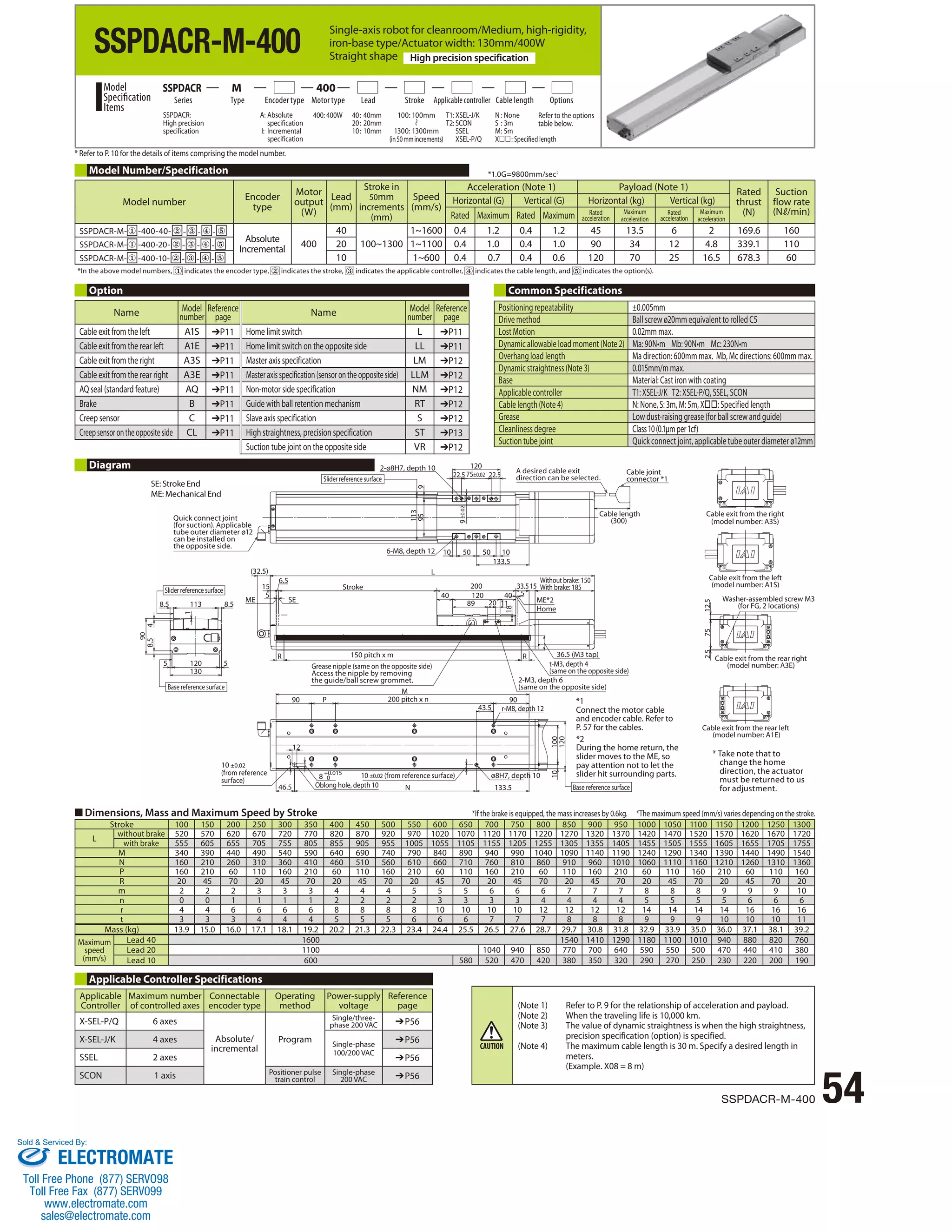 SSPDACR-M-400 
Single-axis robot for cleanroom/Medium, high-rigidity, 
iron-base type/Actuator width: 130mm/400W 
Straight shape High precision specification 
Series Type Encoder type Motor type Lead Stroke Applicable controller Cable length Options 
Model Number/Specification *1.0G=9800mm/sec2 
* In the above model numbers, indicates the encoder type, indicates the stroke, indicates the applicable controller, indicates the cable length, and indicates the option(s). 
Option Common Specifications 
SE: Stroke End 
ME: Mechanical End 
Quick connect joint 
(for suction). Applicable 
tube outer diameter ø12 
can be installed on 
the opposite side. 
Slider reference surface 
6.5 
10 
2-ø8H7, depth 10 
±0.02 +0.015 
5 5 
5 
113 
1 
4 
90 
8.5 
5 120 
130 
8.5 
133.5 
22.5 75±0.02 
95 9 
50 50 
113 
10 
40 120 40 
90 
43.5 
90 P 
133.5 
M 
46.5 
120 
12 
ME*2 
10 100 
ME SE 
200 33.515 
11 
15 
L 
R 
89 20 
(32.5) 
Grease nipple (same on the opposite side) 
Access the nipple by removing 
the guide/ball screw grommet. 
8 0 
8.5 
120 
22.5 
N 
18 
9 
Cable exit from the right 
(model number: A3S) 
Cable exit from the left 
(model number: A1S) 
2.5 75 12.5 
R 
A desired cable exit 
Slider reference surface direction can be selected. 
Cable joint 
connector *1 
Cable length 
(300) 
2-M3, depth 6 
(same on the opposite side) 
6-M8, depth 12 
t-M3, depth 4 
(same on the opposite side) 
r-M8, depth 12 
Stroke 
Without brake: 150 
With brake: 185 
150 pitch x m 
Base reference surface 
*1 
Connect the motor cable 
and encoder cable. Refer to 
P. 57 for the cables. 
Base reference surface 
Home 
10 ±0.02 (from reference surface) ø8H7, depth 10 
Oblong hole, depth 10 
10 ±0.02 
(from reference 
surface) 
36.5 (M3 tap) 
200 pitch x n 
Washer-assembled screw M3 
(for FG, 2 locations) 
Cable exit from the rear right 
(model number: A3E) 
Cable exit from the rear left 
(model number: A1E) 
SSPDACR-M-400 54 
Diagram 
■ Dimensions, Mass and Maximum Speed by Stroke 
* Take note that to 
change the home 
direction, the actuator 
must be returned to us 
for adjustment. 
*2 
During the home return, the 
slider moves to the ME, so 
pay attention not to let the 
slider hit surrounding parts. 
Name Model 
number 
Reference 
page Name Model 
number 
Reference 
page 
Cable exit from the left A1S ➔P11 Home limit switch L ➔P11 
Cable exit from the rear left A1E ➔P11 Home limit switch on the opposite side LL ➔P11 
Cable exit from the right A3S ➔P11 Master axis specification LM ➔P12 
Cable exit from the rear right A3E ➔P11 Master axis specification (sensor on the opposite side) LLM ➔P12 
AQ seal (standard feature) AQ ➔P11 Non-motor side specification NM ➔P12 
Brake B ➔P11 Guide with ball retention mechanism RT ➔P12 
Creep sensor C ➔P11 Slave axis specification S ➔P12 
Creep sensor on the opposite side CL ➔P11 High straightness, precision specification ST ➔P13 
Suction tube joint on the opposite side VR ➔P12 
*If the brake is equipped, the mass increases by 0.6kg. *The maximum speed (mm/s) varies depending on the stroke. 
Model number Encoder 
type 
Motor 
output 
(W) 
Lead 
(mm) 
Stroke in 
50mm 
increments 
(mm) 
Speed 
(mm/s) 
Acceleration (Note 1) Payload (Note 1) Rated 
thrust 
(N) 
Suction 
flow rate 
(N /min) 
Horizontal (G) Vertical (G) Horizontal (kg) Vertical (kg) 
Rated Maximum Rated Maximum Rated 
acceleration 
Maximum 
acceleration 
Rated 
acceleration 
Maximum 
acceleration 
SSPDACR-M- ① -400-40- ② - ③ - ④ - ⑤ 
Absolute 
Incremental 400 
40 
100~1300 
1~1600 0.4 1.2 0.4 1.2 45 13.5 6 2 169.6 160 
SSPDACR-M- ① -400-20- ② - ③ - ④ - ⑤ 20 1~1100 0.4 1.0 0.4 1.0 90 34 12 4.8 339.1 110 
SSPDACR-M- ① -400-10- ② - ③ - ④ - ⑤ 10 1~600 0.4 0.70.7 0.4 0.6 120 70 25 16.5 678.3 60 
Stroke 100 150 200 250 300 350 400 450 500 550 600 650 700 750 800 850 900 950 1000 1050 1100 1150 1200 1250 1300 
L without brake 520 570 620 670 720 770 820 870 920 970 1020 1070 1120 1170 1220 1270 1320 1370 1420 1470 1520 1570 1620 1670 1720 
with brake 555 605 655 705 755 805 855 905 955 1005 1055 1105 1155 1205 1255 1305 1355 1405 1455 1505 1555 1605 1655 1705 1755 
M 340 390 440 490 540 590 640 690 740 790 840 890 940 990 1040 1090 1140 1190 1240 1290 1340 1390 1440 1490 1540 
N 160 210 260 310 360 410 460 510 560 610 660 710 760 810 860 910 960 1010 1060 1110 1160 1210 1260 1310 1360 
P 160 210 60 110 160 210 60 110 160 210 60 110 160 210 60 110 160 210 60 110 160 210 60 110 160 
R 20 45 70 20 45 70 20 45 70 20 45 70 20 45 70 20 45 70 20 45 70 20 45 70 20 
m 2 2 2 3 3 3 4 4 4 5 5 5 6 6 6 7 7 7 8 8 8 9 9 9 10 
n 0 0 1 1 1 1 2 2 2 2 3 3 3 3 4 4 4 4 5 5 5 5 6 6 6 
r 4 4 6 6 6 6 8 8 8 8 10 10 10 10 12 12 12 12 14 14 14 14 16 16 16 
t 3 3 3 4 4 4 5 5 5 6 6 6 7 7 7 8 8 8 9 9 9 10 10 10 11 
Mass (kg) 13.9 15.0 16.0 17.1 18.1 19.2 20.2 21.3 22.3 23.4 24.4 25.5 26.5 27.6 28.7 29.7 30.8 31.8 32.9 33.9 35.0 36.0 37.1 38.1 39.2 
Maximum 
speed 
(mm/s) 
Lead 40 1600 1540 1410 1290 1180 1100 1010 940 880 820 760 
Lead 20 1100 1040 940 850 770 700 640 590 550 500 470 440 410 380 
Lead 10 600 580 520 470 420 380 350 320 290 270 250 230 220 200 190 
Applicable Controller Specifications 
100: 100mm 
1300: 1300mm 
(in 50 mm increments) 
SSPDACR: 
High precision 
specification 
A: Absolute 
specification 
I: Incremental 
specification 
400: 400W 40 : 40mm 
20 : 20mm 
10 : 10mm 
Model 
Specification 
Items 
SSPDACR M 400 
T1: XSEL-J/K 
T2: SCON 
SSEL 
XSEL-P/Q 
N : None 
S : 3m 
M : 5m 
X: Specified length 
Refer to the options 
table below. 
* Refer to P. 10 for the details of items comprising the model number. 
Positioning repeatability ±0.005mm 
Drive method Ball screw ø20mm equivalent to rolled C5 
Lost Motion 0.02mm max. 
Dynamic allowable load moment (Note 2) Ma: 90N•m Mb: 90N•m Mc: 230N•m 
Overhang load length Ma direction: 600mm max. Mb, Mc directions: 600mm max. 
Dynamic straightness (Note 3) 0.015mm/m max. 
Base Material: Cast iron with coating 
Applicable controller T1: XSEL-J/K T2: XSEL-P/Q, SSEL, SCON 
Cable length (Note 4) N: None, S: 3m, M: 5m, X: Specified length 
Grease Low dust-raising grease (for ball screw and guide) 
Cleanliness degree Class 10 (0.1μm per 1cf) 
Suction tube joint Quick connect joint, applicable tube outer diameter ø12mm 
(Note 1) Refer to P. 9 for the relationship of acceleration and payload. 
(Note 2) When the traveling life is 10,000 km. 
(Note 3) The value of dynamic straightness is when the high straightness, 
precision specification (option) is specified. 
(Note 4) The maximum cable length is 30 m. Specify a desired length in 
meters. 
(Example. X08 = 8 m) 
Applicable 
Controller 
Maximum number 
of controlled axes 
Connectable 
encoder type 
Operating 
method 
Power-supply 
voltage 
Reference 
page 
X-SEL-P/Q 6 axes 
Absolute/ 
incremental 
Program 
Single/three-phase 
200 VAC ➔P56 
X-SEL-J/K 4 axes Single-phase 
100/200 VAC 
➔P56 
SSEL 2 axes ➔P56 
SCON 1 axis Positioner pulse 
train control 
Single-phase 
200 VAC ➔P56 
Sold  Serviced By: 
ELECTROMATE 
Toll Free Phone (877) SERVO98 
Toll Free Fax (877) SERV099 
www.electromate.com 
sales@electromate.com 
 