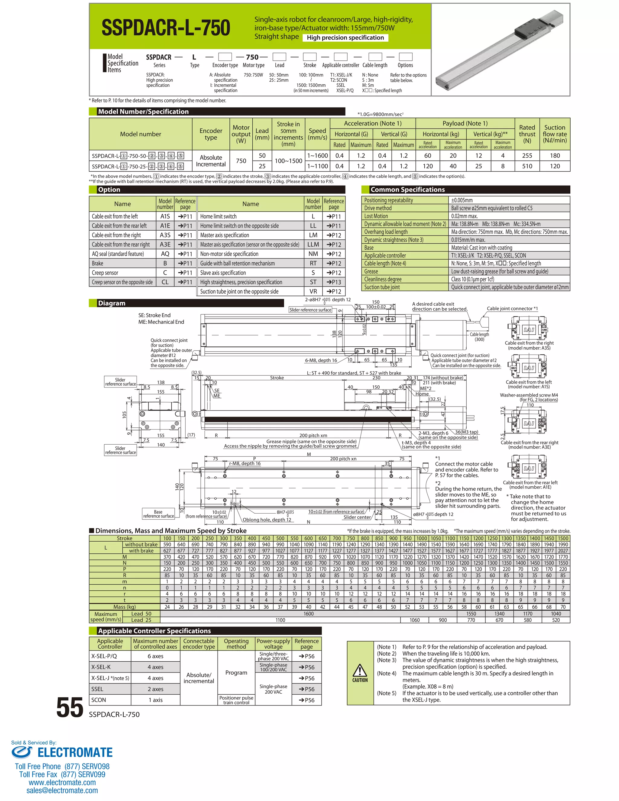 SSPDACR-L-750 
Single-axis robot for cleanroom/Large, high-rigidity, 
iron-base type/Actuator width: 155mm/750W 
Straight shape High precision specification 
Series Type Encoder type Motor type Lead Stroke Applicable controller Cable length Options 
* Refer to P. 10 for the details of items comprising the model number. 
Model Number/Specification 
*1.0G=9800mm/sec2 
100: 100mm 
1500: 1500mm 
(in 50 mm increments) 
Option Common Specifications 
■ Dimensions, Mass and Maximum Speed by Stroke 
55 SSPDACR-L-750 
Quick connect joint 
(for suction) 
Applicable tube outer 
diameter 12 
Can be installed on 
the opposite side. 
138 
8.5 8.5 
Base 
reference surface 
Slider 
reference surface 
2-ø8H7 +0.015 depth 12 
0 
Slider reference surface 
Slider 
reference surface 
1 
155 
7.5 7.5 
140 
9 4 
105 
155 
(32.5) L: ST + 490 for standard, ST + 527 with brake 
(17) 
10 
15 20 
SE 
ME 
R 
150 40 
98 32 
135 
25 
200 pitch xn 
200 pitch xm 
75 
110 
35 
N 
Slider center 
M 
110 
140 
10 120 
Oblong hole, depth 12 
12 
10±0.02 
(from reference surface) 
10±0.02 (from reference surface) 
75 P 
r-M8, depth 16 
Grease nipple (same on the opposite side) 
Access the nipple by removing the guide/ball screw grommet. 
A desired cable exit 
direction can be selected. Cable joint connector *1 
174 (without brake) 
211 (with brake) 
ME*2 
Home 
2-M3, depth 6 
(same on the opposite side) 
10 
R 
t-M3, depth 4 
(same on the opposite side) 
20 
40 
230 20 31 
(32.5) 
36(M3 tap) 
10 65 65 10 
135 
Quick connect joint (for suction) 
Applicable tube outer diameter ø12 
Can be installed on the opposite side. 
Cable exit from the right 
(model number: A3S) 
Cable exit from the left 
(model number: A1S) 
Washer-assembled screw M4 
(for FG, 2 locations) 
Cable exit from the rear right 
(model number: A3E) 
Cable exit from the rear left 
(model number: A1E) 
25 100±0.02 25 
138 
120 
150 
9 
47 22 
2.5 17.5 
110 
8H7+0.015 
*1 
Connect the motor cable 
and encoder cable. Refer to 
P. 57 for the cables. 
0 ø8H7 +0.015 depth 12 
0 
Stroke 
Cable length 
(300) 
6-M8, depth 16 
9±0.02 
Stroke 100 150 200 250 300 350 400 450 500 550 600 650 700 750 800 850 900 950 1000 1050 1100 1150 1200 1250 1300 1350 1400 1450 1500 
L without brake 590 640 690 740 790 840 890 940 990 1040 1090 1140 1190 1240 1290 1340 1390 1440 1490 1540 1590 1640 1690 1740 1790 1840 1890 1940 1990 
with brake 627 677 727 777 827 877 927 977 1027 1077 1127 1177 1227 1277 1327 1377 1427 1477 1527 1577 1627 1677 1727 1777 1827 1877 1927 1977 2027 
M 370 420 470 520 570 620 670 720 770 820 870 920 970 1020 1070 1120 1170 1220 1270 1320 1370 1420 1470 1520 1570 1620 1670 1720 1770 
N 150 200 250 300 350 400 450 500 550 600 650 700 750 800 850 900 950 1000 1050 1100 1150 1200 1250 1300 1350 1400 1450 1500 1550 
P 220 70 120 170 220 70 120 170 220 70 120 170 220 70 120 170 220 70 120 170 220 70 120 170 220 70 120 170 220 
R 85 10 35 60 85 10 35 60 85 10 35 60 85 10 35 60 85 10 35 60 85 10 35 60 85 10 35 60 85 
m 1 2 2 2 2 3 3 3 3 4 4 4 4 5 5 5 5 6 6 6 6 7 7 7 7 8 8 8 8 
n 0 1 1 1 1 2 2 2 2 3 3 3 3 4 4 4 4 5 5 5 5 6 6 6 6 7 7 7 7 
r 4 6 6 6 6 8 8 8 8 10 10 10 10 12 12 12 12 14 14 14 14 16 16 16 16 18 18 18 18 
t 2 3 3 3 3 4 4 4 4 5 5 5 5 6 6 6 6 7 7 7 7 8 8 8 8 9 9 9 9 
Mass (kg) 24 26 28 29 31 32 34 36 37 39 40 42 44 45 47 48 50 52 53 55 56 58 60 61 63 65 66 68 70 
Maximum 
speed (mm/s) 
Lead 50 1600 1550 1340 1170 1040 
Lead 25 1100 1060 900 770 670 580 520 
Diagram 
SE: Stroke End 
ME: Mechanical End 
* Take note that to 
change the home 
direction, the actuator 
must be returned to us 
for adjustment. 
*2 
During the home return, the 
slider moves to the ME, so 
pay attention not to let the 
slider hit surrounding parts. 
Model number Encoder 
type 
Motor 
output 
(W) 
Lead 
(mm) 
Stroke in 
50mm 
increments 
(mm) 
Speed 
(mm/s) 
Acceleration (Note 1) Payload (Note 1) 
Rated 
thrust 
(N) 
Suction 
flow rate 
(N /min) 
Horizontal (G) Vertical (G) Horizontal (kg) Vertical (kg)** 
Rated Maximum Rated Maximum Rated 
acceleration 
Maximum 
acceleration 
Rated 
acceleration 
Maximum 
acceleration 
SSPDACR-L- ① -750-50- ② - ③ - ④ - ⑤ Absolute 
Incremental 750 
50 
100~1500 
1~1600 0.4 1.2 0.4 1.2 60 20 12 4 255 180 
SSPDACR-L- ① -750-25- ② - ③ - ④ - ⑤ 25 1~1100 0.4 1.2 0.4 1.2 120 40 25 8 510 120 
Positioning repeatability ±0.005mm 
Drive method Ball screw ø25mm equivalent to rolled C5 
Lost Motion 0.02mm max. 
Dynamic allowable load moment (Note 2) Ma: 138.8N•m Mb: 138.8N•m Mc: 334.5N•m 
Overhang load length Ma direction: 750mm max. Mb, Mc directions: 750mm max. 
Dynamic straightness (Note 3) 0.015mm/m max. 
Base Material: Cast iron with coating 
Applicable controller T1: XSEL-J/K T2: XSEL-P/Q, SSEL, SCON 
Cable length (Note 4) N: None, S: 3m, M: 5m, X: Specified length 
Grease Low dust-raising grease (for ball screw and guide) 
Cleanliness degree Class 10 (0.1μm per 1cf) 
Suction tube joint Quick connect joint, applicable tube outer diameter ø12mm 
Name Model 
number 
Reference 
page Name Model 
number 
Reference 
page 
Cable exit from the left A1S ➔P11 Home limit switch L ➔P11 
Cable exit from the rear left A1E ➔P11 Home limit switch on the opposite side LL ➔P11 
Cable exit from the right A3S ➔P11 Master axis specification LM ➔P12 
Cable exit from the rear right A3E ➔P11 Master axis specification (sensor on the opposite side) LLM ➔P12 
AQ seal (standard feature) AQ ➔P11 Non-motor side specification NM ➔P12 
Brake B ➔P11 Guide with ball retention mechanism RT ➔P12 
Creep sensor C ➔P11 Slave axis specification S ➔P12 
Creep sensor on the opposite side CL ➔P11 High straightness, precision specification ST ➔P13 
Suction tube joint on the opposite side VR ➔P12 
*If the brake is equipped, the mass increases by 1.0kg. *The maximum speed (mm/s) varies depending on the stroke. 
(Note 1) Refer to P. 9 for the relationship of acceleration and payload. 
(Note 2) When the traveling life is 10,000 km. 
(Note 3) The value of dynamic straightness is when the high straightness, 
precision specification (option) is specified. 
(Note 4) The maximum cable length is 30 m. Specify a desired length in 
meters. 
(Example. X08 = 8 m) 
(Note 5) If the actuator is to be used vertically, use a controller other than 
the XSEL-J type. 
Applicable Controller Specifications 
Applicable 
Maximum number 
Controller 
of controlled axes 
Connectable 
encoder type 
Operating 
method 
Power-supply 
voltage 
Reference 
page 
X-SEL-P/Q 6 axes 
Absolute/ 
incremental 
Program 
Single/three-phase 
200 VAC ➔P56 
X-SEL-K 4 axes Single-phase 
100/200 VAC ➔P56 
X-SEL-J *(note 5) 4 axes 
Single-phase 
200 VAC 
➔P56 
SSEL 2 axes ➔P56 
SCON 1 axis Positioner pulse 
train control ➔P56 
SSPDACR: 
High precision 
specification 
A: Absolute 
specification 
I: Incremental 
specification 
750: 750W 50 : 50mm 
25 : 25mm 
Model 
Specification 
Items 
SSPDACR L 750 
T1: XSEL-J/K 
T2: SCON 
SSEL 
XSEL-P/Q 
N : None 
S : 3m 
M : 5m 
X: Specified length 
Refer to the options 
table below. 
* In the above model numbers, indicates the encoder type, indicates the stroke, indicates the applicable controller, indicates the cable length, and indicates the option(s). 
** If the guide with ball retention mechanism (RT) is used, the vertical payload decreases by 2.0kg. (Please also refer to P.9). 
Sold  Serviced By: 
ELECTROMATE 
Toll Free Phone (877) SERVO98 
Toll Free Fax (877) SERV099 
www.electromate.com 
sales@electromate.com 
 