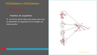 IN-BETWEENING
 Modelos de esqueletos
Si uno de los claves tiene más puntos que otros,
se subdividen los segmentos de la imagen con
menos puntos.
FOTOGRAMA A FOTOGRAMA
ANIMACION 2D
 
