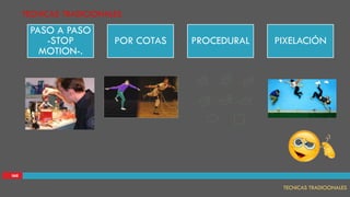 IAII
TECNICAS TRADICIONALES
PASO A PASO
-STOP
MOTION-.
POR COTAS PROCEDURAL PIXELACIÓN
TECNICAS TRADICIONALES
 