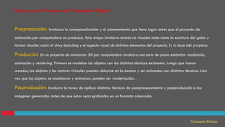 Preproducción. Involucra la conceptualización y el planeamiento que tiene lugar antes que el proyecto de
animación por computadora se produzca. Esta etapa involucra tareas no visuales tales como la escritura del guión y
tareas visuales como el story boarding y el aspecto visual de distintos elementos del proyecto. Es la base del proyecto.
Producción. En un proyecto de animación 3D por computadora involucra una serie de pasos estándar: modelado,
animación y rendering. Primero se modelan los objetos con las distintas técnicas existentes. Luego que fueron
creados, los objetos y los actores virtuales pueden ubicarse en la escena y ser animados con distintas técnicas. Una
vez que los objetos se modelaron y animaron, pueden ser renderizados .
Posproducción. Involucra la tarea de aplicar distintas técnicas de postprocesamiento y postproducción a las
imágenes generadas antes de que éstas sean grabadas en un formato adecuado.
Conceptos Básicos
Etapas en el Proceso de Producción Digital
 