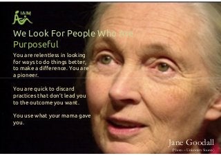 We Look For People Who Are
Purposeful
You are relentless in looking
for ways to do things better,
to make a difference. You are
a pioneer.
You are quick to discard
practices that don’t lead you
to the outcome you want.
You use what your mama gave
you.
You are relentless in looking
for ways to do things better,
to make a difference. You are
a pioneer.
You are quick to discard
practices that don’t lead you
to the outcome you want.
You use what your mama gave
you.
Jane Goodall
(Photo – Unknown Source)
 