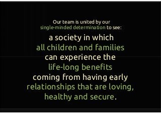 Our team is united by our
single-minded determination to see:
a society in which
all children and families
can experience the
life-long benefits
coming from having early
relationships that are loving,
healthy and secure.
a society in which
all children and families
can experience the
life-long benefits
coming from having early
relationships that are loving,
healthy and secure.
 