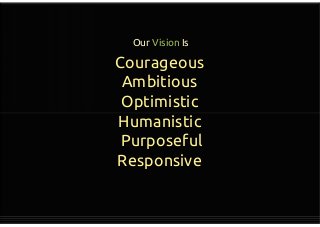 Our Vision Is
Courageous
Ambitious
Optimistic
Humanistic
Purposeful
Responsive
Courageous
Ambitious
Optimistic
Humanistic
Purposeful
Responsive
 