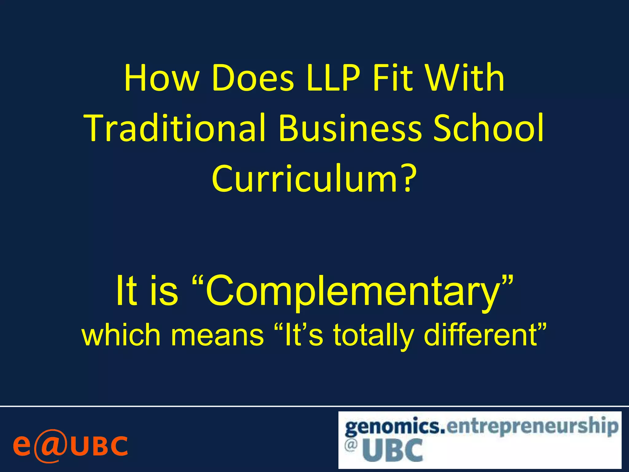 How Does LLP Fit With
Traditional Business School
Curriculum?
It is “Complementary”
which means “It’s totally different”
 