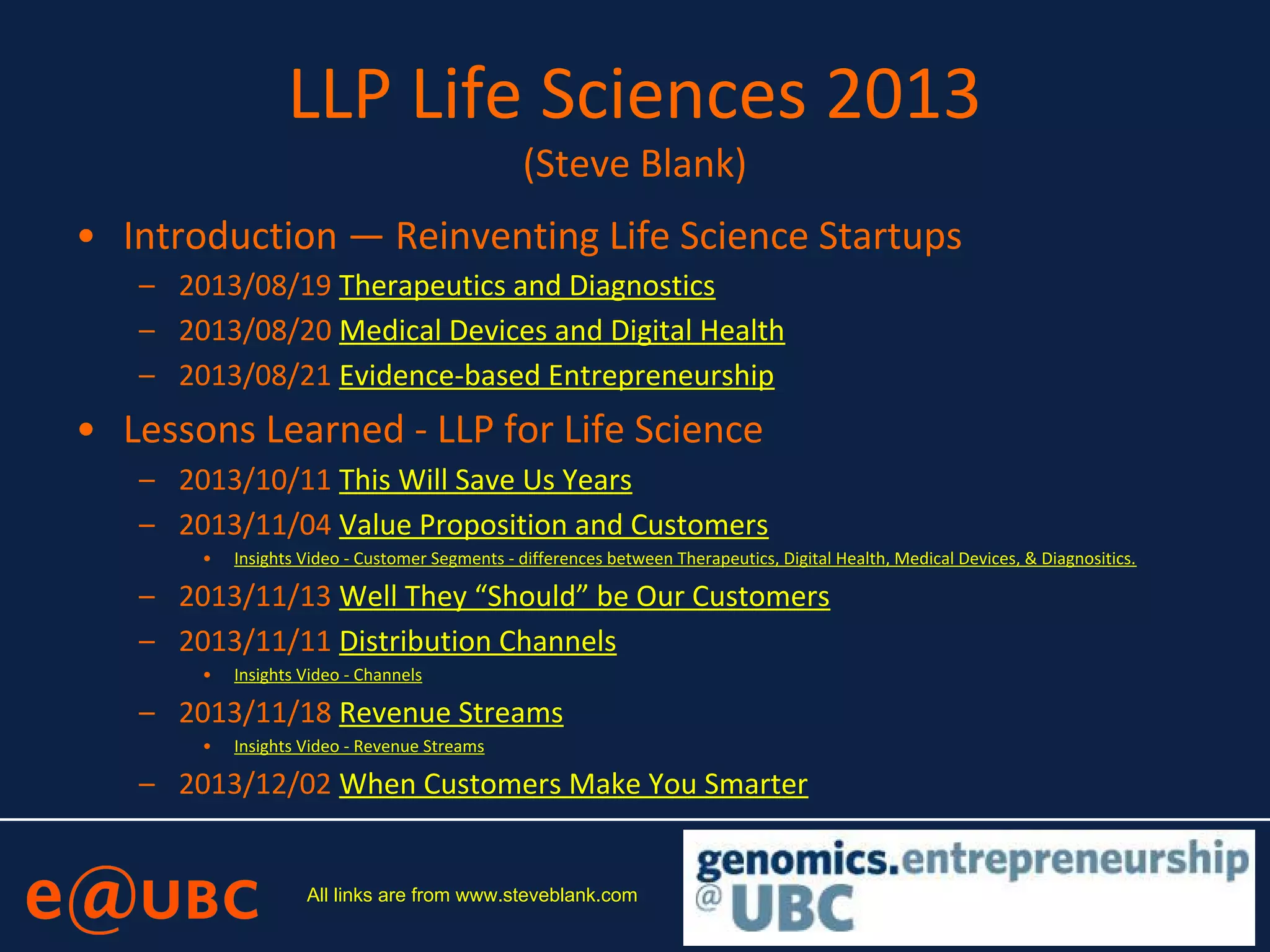 LLP Life Sciences 2013
(Steve Blank)
• Introduction — Reinventing Life Science Startups
– 2013/08/19 Therapeutics and Diagnostics
– 2013/08/20 Medical Devices and Digital Health
– 2013/08/21 Evidence-based Entrepreneurship
• Lessons Learned - LLP for Life Science
– 2013/10/11 This Will Save Us Years
– 2013/11/04 Value Proposition and Customers
• Insights Video - Customer Segments - differences between Therapeutics, Digital Health, Medical Devices, & Diagnositics.
– 2013/11/13 Well They “Should” be Our Customers
– 2013/11/11 Distribution Channels
• Insights Video - Channels
– 2013/11/18 Revenue Streams
• Insights Video - Revenue Streams
– 2013/12/02 When Customers Make You Smarter
All links are from www.steveblank.com
 