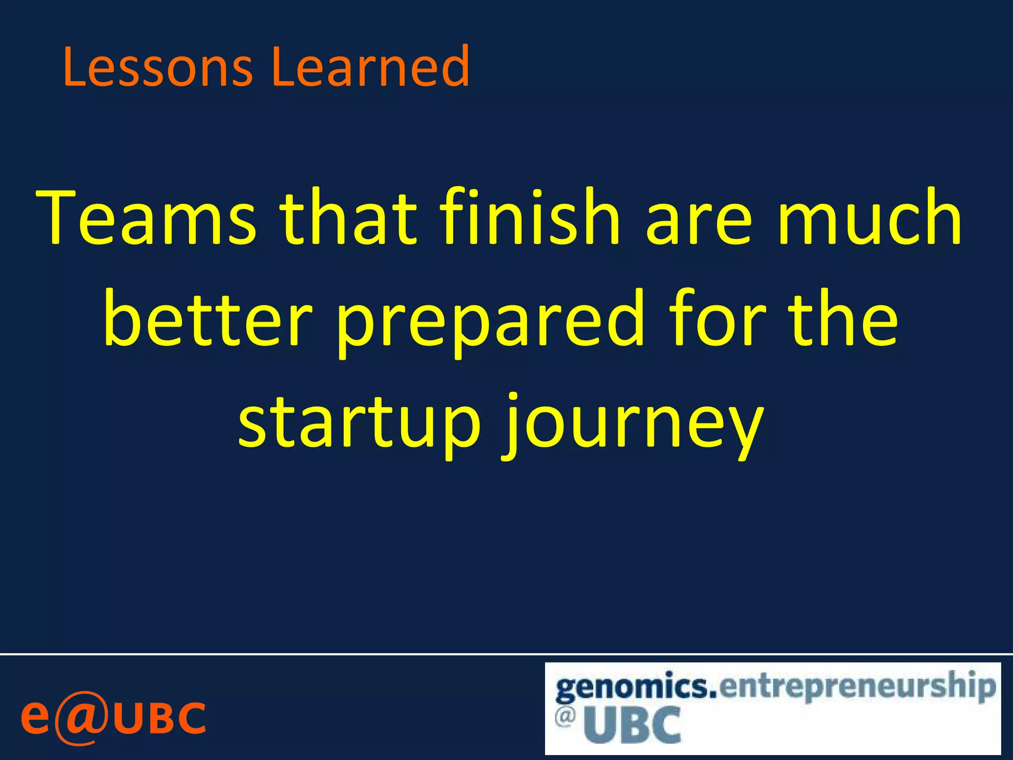 Lessons Learned
Teams that finish are much
better prepared for the
startup journey
 