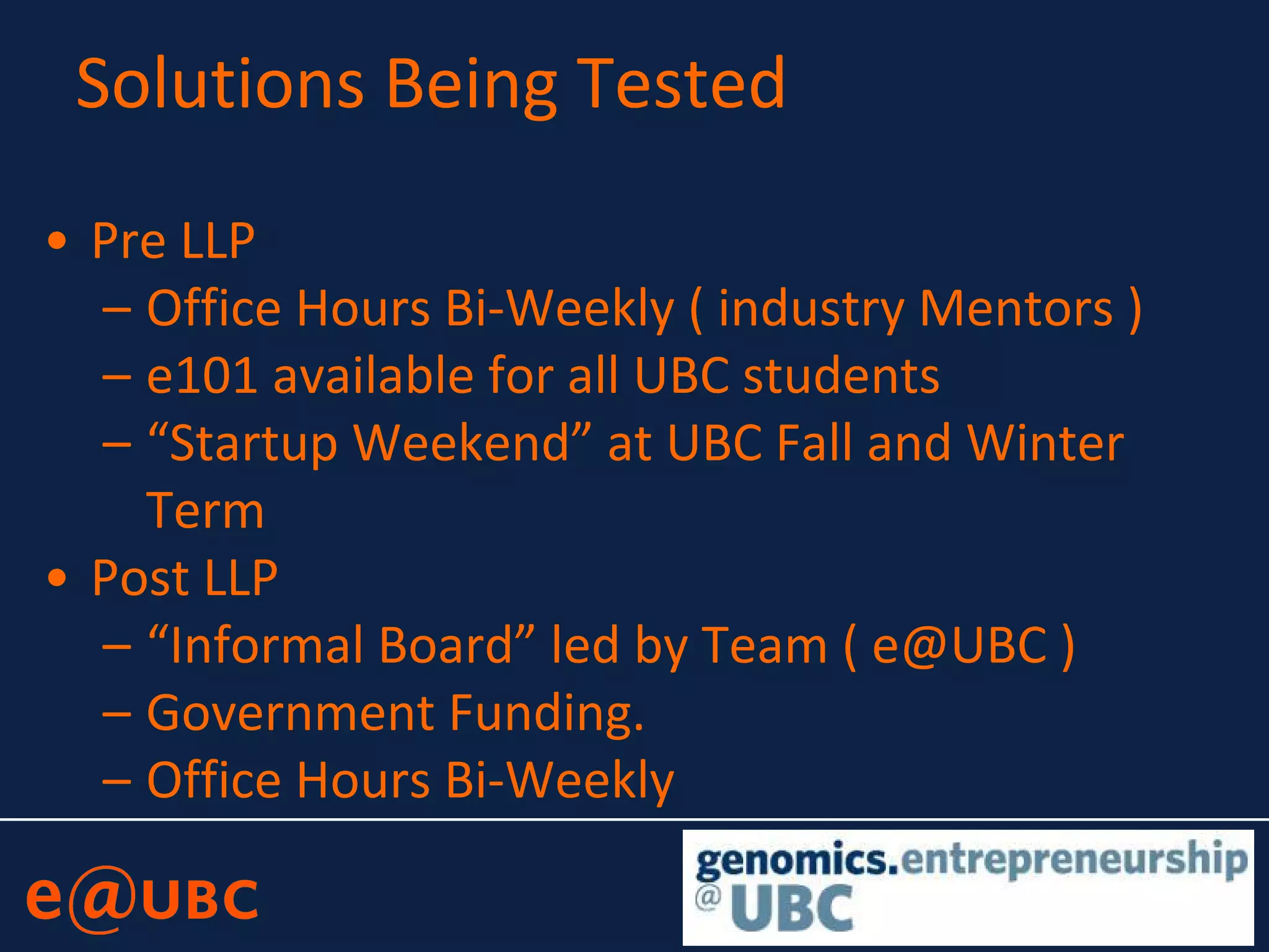 Solutions Being Tested
• Pre LLP
– Office Hours Bi-Weekly ( industry Mentors )
– e101 available for all UBC students
– “Startup Weekend” at UBC Fall and Winter
Term
• Post LLP
– “Informal Board” led by Team ( e@UBC )
– Government Funding.
– Office Hours Bi-Weekly
 