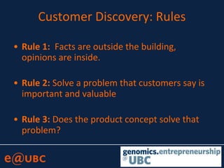 Customer Discovery: Rules
• Rule 1: Facts are outside the building,
opinions are inside.
• Rule 2: Solve a problem that customers say is
important and valuable
• Rule 3: Does the product concept solve that
problem?
 